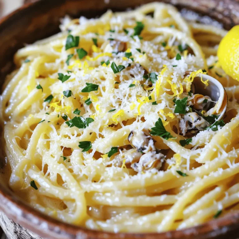 When making Linguini with Clam Sauce, you need quality ingredients for the best taste. Here’s what you’ll need: - 12 oz linguini pasta - 2 cans (6.5 oz each) chopped clams, packed in juice - 3 tablespoons extra virgin olive oil - 3 cloves garlic, finely minced - 1 small onion, diced - 1 teaspoon red pepper flakes - Zest of 1 lemon - 2 tablespoons fresh lemon juice - 1/4 cup fresh parsley, finely chopped - Salt and freshly ground black pepper, to taste - Grated Parmesan cheese, for serving These ingredients blend together to create a delightful dish. The clams give the sauce a rich, briny flavor. The garlic adds warmth, while the lemon brings brightness. You can adjust the red pepper flakes to match your spice level. Fresh parsley not only adds color but also freshness. This recipe is simple yet elegant, making it a great choice for any occasion. For cooking instructions, check the full recipe. Enjoy crafting this dish! Bring a large pot of salted water to a rolling boil. Add the linguini and cook it according to the package instructions, usually about 8 to 10 minutes. Make sure to reserve 1 cup of the starchy pasta water before draining. This water helps thicken the sauce later. After cooking, drain the linguini and set it aside. In a spacious skillet, heat 3 tablespoons of olive oil over medium heat. Once the oil shimmers, add 1 small diced onion. Sauté this for about 3 to 4 minutes until it becomes soft and clear. Next, add 3 minced garlic cloves and 1 teaspoon of red pepper flakes. Stir for about a minute, making sure the garlic does not brown. Now, carefully pour in the 2 cans of chopped clams with their juice. Increase the heat slightly and let it simmer for about 5 minutes. This allows all the flavors to blend well together. Once the clam sauce simmers, add the zest of 1 lemon and 2 tablespoons of fresh lemon juice. Mix it in well. If the sauce seems too thick, gradually add some reserved pasta water until you reach the consistency you like. Now, gently fold the cooked linguini into the skillet. Toss it well so every strand is coated in the savory clam sauce. Finally, season with salt and freshly ground black pepper to taste. Enjoy your Linguini with Clam Sauce Delightful Simple Recipe! For the complete details, check the Full Recipe. - Avoid overcooking garlic. If it burns, it tastes bitter. - Spice it up! Use red pepper flakes to adjust heat to your taste. When cooking garlic, keep an eye on it. Garlic cooks fast, so stir it often. If you let it turn dark, the flavor goes wrong. For spice lovers, red pepper flakes are great. Start with a little, then add more if you like heat. You control how spicy your dish gets! - Garnish your dish with fresh parsley and grated Parmesan. - Serve with lemon wedges for a zesty kick. A beautiful plate makes the meal even better. Add a sprig of parsley on top for color. A sprinkle of grated Parmesan adds creaminess and flavor. Lemon wedges on the side let everyone add a bright flavor. A quick squeeze can change the whole dish! Enjoy this tasty linguini, and make it look as good as it tastes. {{image_4}} You can switch out the linguini pasta for other types. Spaghetti or fettuccine work great too. If you want a gluten-free option, try using rice noodles. They soak up the sauce nicely. For clams, you have options too. If you can't find canned clams, try using fresh clams. Just steam them until they open. You can also add shrimp or scallops for more seafood flavor. Just make sure to cook them until they are opaque. Adding white wine can boost the sauce's flavor. Use a dry white wine like Pinot Grigio. Pour it in after sautéing the onions and garlic. Let it simmer a bit to cook off the alcohol and mix in the flavors. You can also add vegetables to your dish. Spinach adds a nice pop of color and nutrition. Just toss it in the sauce until it wilts. Cherry tomatoes can add a sweet touch too. Halve them and stir them in just before serving. These tweaks make your dish special. You can create your own version of linguini with clam sauce. You can find the full recipe [here](#). Enjoy experimenting! To keep your linguini with clam sauce fresh, follow these steps: - Cool Before Storing: Let the dish cool down to room temperature first. - Use Airtight Containers: Store leftovers in airtight containers to keep air out. - Refrigeration: Leftovers can last up to 3 days in the fridge. - Freezing: If you want to save it longer, you can freeze it for up to 2 months. Reheating is easy if you follow these methods: - Stovetop: Heat the pasta and sauce over low heat. Add a splash of water or broth to keep it moist. - Microwave: Place the leftovers in a microwave-safe bowl. Cover with a damp paper towel to trap steam. Heat in short bursts, stirring in between. - Sauce Consistency: If the sauce thickens too much, add a little reserved pasta water or broth while reheating. This will help restore its creamy texture. You can serve many great side dishes with linguini and clam sauce. Here are some ideas: - A simple green salad with mixed greens and a light vinaigrette. - Garlic bread or crusty bread for dipping. - Roasted vegetables like asparagus or zucchini. - A side of sautéed spinach with garlic for added flavor. - A fresh tomato salad with basil and mozzarella. These sides brighten your meal and balance the flavors. Yes, you can prep this dish in advance. Here are some tips to help: - Cook the linguini and store it in an airtight container in the fridge, but don’t toss it with the sauce yet. - Prepare the clam sauce ahead of time and cool it before storing it. - When ready to serve, reheat the sauce over low heat, then mix in the cooked pasta. - Add fresh parsley and lemon juice right before serving for the best flavor. This way, you save time when you’re ready to eat! You can tell clams are cooked by looking for these signs: - They should open fully during cooking. This means they are safe to eat. - If some clams stay closed, discard them. They are not good. - Cook them for about 5 minutes in the sauce for best results. Enjoy your meal while knowing your clams are just right! You now know the key steps to make a tasty linguini with clam sauce. Start with fresh, quality ingredients and follow the simple cooking process. Adjust flavors to your liking and make it your own with variations. Proper storage and reheating tips will help you enjoy leftovers. Trust me, this dish is not just easy; it’s delicious and satisfying. You can impress your family and friends with this meal that packs flavor and joy. Enjoy every bite and happy cooking!