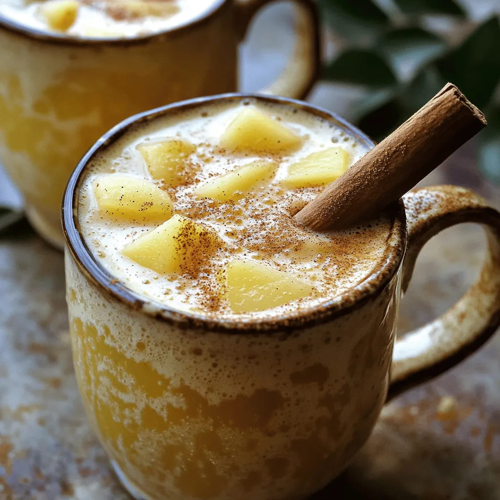 To make your Honey Ginger Pear Tea Latte, you will need: - 2 ripe pears, peeled, cored, and diced - 1 tablespoon fresh ginger, finely grated - 2 cups water - 2 tablespoons honey (or to taste) - 2 cups milk (your choice of dairy or plant-based) - 2 black tea bags (or 2 tablespoons loose leaf black tea) - 1 teaspoon vanilla extract - Cinnamon stick (for garnish) - Ground cinnamon (for dusting) Gather these tools for an easy cooking experience: - Medium saucepan - Fine-mesh sieve - Large bowl - Ladle - Mugs or cups for serving Choosing the right ingredients can make a big difference. Here are my tips: - Pears: Look for ripe, firm pears. They should be slightly soft to the touch but not mushy. Fresh pears add natural sweetness. - Ginger: Fresh ginger is key. It should be firm and smooth. Avoid any that looks wrinkled or dry. - Honey: Choose raw or local honey for the best flavor. It enhances the tea latte nicely. - Milk: Select your favorite milk type. Almond, oat, or cow's milk all work well. - Tea: Use high-quality black tea. It adds depth to your latte. Check for freshness in the packaging. Using these tips, you can elevate your Honey Ginger Pear Tea Latte. For the full recipe, check the [Full Recipe]. Start by peeling and coring the pears. Dice them into small pieces. Grate the fresh ginger finely. In a medium saucepan, combine the diced pears, grated ginger, and 2 cups of water. Heat the mixture over medium heat until it starts to boil. Once boiling, reduce the heat slightly. Let it simmer for about 10 minutes. You want the pears to soften and release their sweet flavor into the water. After simmering, take the saucepan off the heat. Carefully strain the pear and ginger mixture through a fine-mesh sieve into a large bowl. Press the pear pieces gently to get all the juice. Discard the solids left in the sieve. Pour the strained juice back into the saucepan. Bring it to a gentle simmer again. Now, stir in 2 tablespoons of honey until it dissolves completely. Next, add 2 cups of milk to the saucepan. Heat it gently, making sure it does not boil. Boiling can ruin the creaminess. Introduce the black tea bags or loose leaf tea into the mixture. Let the tea steep for 5 minutes. If using loose tea, strain it out before serving. Stir in 1 teaspoon of vanilla extract to blend all flavors. Finally, ladle the honey ginger pear tea latte into mugs. Garnish each cup with a cinnamon stick and a dusting of ground cinnamon. This adds a lovely aroma and looks great. Enjoy your cozy drink! To boost the flavor of your Honey Ginger Pear Tea Latte, choose ripe pears. Ripe pears have more natural sweetness and flavor. Fresh ginger gives a zingy kick. Use a fine grater for the ginger to release its oils. Adding a pinch of nutmeg or a splash of lemon juice can also enhance the taste. One common mistake is boiling the milk. If you boil it, the texture can change. Always heat it gently. Another mistake is not straining the pear-ginger mix well. You want a smooth drink, so press firmly on the solids to get all the juice. Don’t rush the tea steeping. Letting it steep for five minutes brings out the best flavor. Adjust sweetness by adding more or less honey. Taste the mixture before serving to find your perfect level. For creaminess, you can use whole milk or a creamier plant-based milk. Almond milk is lighter, while oat milk is creamier. Experiment with different types to find what you love best. For the Full Recipe, refer to the earlier section. {{image_4}} You can change the flavor by using different sweeteners. If you want a low-calorie option, try stevia or monk fruit. Maple syrup brings a rich taste. Agave nectar adds a mild sweetness. Each one will add a unique twist to your latte. The type of milk you use can change the taste and texture. Whole milk makes it creamy. Almond milk gives it a nutty flavor. Oat milk adds a touch of sweetness. Coconut milk offers a tropical vibe. Soy milk is a great vegan option. Choose what you like best! You can enhance your latte by adding seasonal flavors. In fall, try a pinch of nutmeg or allspice. In winter, a bit of cloves can warm you up. Adding a splash of orange juice brightens the drink in spring. Experiment with different spices or fruits to make it your own. Check the full recipe for inspiration! To store your honey ginger pear tea latte, let it cool first. Pour it into an airtight container. You can keep it in the fridge for up to three days. If you want to save it longer, you can freeze it. Just remember to leave some space in the container, as liquids expand when frozen. When you're ready to enjoy your latte again, take it out of the fridge. Pour it into a saucepan and heat it over low heat. Stir gently to mix the flavors back together. If frozen, let it thaw in the fridge overnight first. Avoid boiling the latte to keep it creamy. The shelf life of this latte in the fridge is about three days. If you freeze it, try to use it within one month for the best taste. To thaw, place the container in the fridge overnight. You can also thaw it in a bowl of warm water if you're in a hurry. Just make sure to stir well before serving again. Ginger helps with digestion and can ease nausea. It has anti-inflammatory properties that may reduce pain. Pears are rich in fiber, which is great for gut health. They also provide vitamins C and K. This drink combines their benefits, making it a delightful and healthy choice. Yes, you can! Just skip the black tea. Use herbal tea instead. A nice choice is chamomile or rooibos. These options add warmth without caffeine. You’ll still enjoy the sweet and spicy flavors of ginger and pear. To make more servings, simply double or triple the ingredients. Use 4 or 6 pears, and adjust the ginger and honey as needed. Keep the water and milk ratios the same. You can also brew the tea in a larger pot. Enjoy this cozy drink with friends or family! For the full recipe, check out [Full Recipe]. In this post, I covered how to make a delightful pear and ginger beverage. We explored the ingredients, tools, and tips for selecting quality items. I shared step-by-step instructions for preparation and brewing. Additionally, we discussed ways to enhance flavor, avoid mistakes, and make variations. Finally, we looked at storage tips and answered common questions. Enjoy experimenting with your own twists on this recipe. With these tools and tips, your beverage will surely impress!