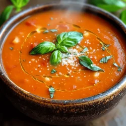- 2 tablespoons extra-virgin olive oil - 1 medium onion, finely chopped - 3 cloves garlic, minced - 2 cans (14 oz each) diced tomatoes, undrained - 2 cups vegetable broth (low-sodium recommended) - 1 teaspoon granulated sugar - 1 teaspoon dried oregano - Sea salt and freshly ground black pepper, to taste - 1 cup heavy cream (or coconut cream for a dairy-free option) - 1 cup fresh basil leaves, tightly packed - Grated Parmesan cheese, for serving (optional) Gathering these ingredients is easy. You can find most of them in your kitchen or local store. The extra-virgin olive oil gives the soup flavor and richness. The onion and garlic add a sweet and savory depth. Using canned tomatoes makes it quick and simple. The vegetable broth adds a warm base, while sugar balances the acidity. Don't forget the basil! It brightens the soup. Heavy cream makes it creamy, but you can use coconut cream for a lighter option. Enjoy experimenting with the Parmesan cheese for extra flavor! For the complete recipe, check the Full Recipe section. First, grab a large pot. Pour in 2 tablespoons of extra-virgin olive oil and heat it over medium. Add 1 medium onion, finely chopped. Sauté this for about 5 minutes. You want the onion to be soft and see-through. Next, add 3 cloves of minced garlic. Cook this for 1 more minute, stirring often. You’ll know it’s ready when the garlic smells great but isn’t browned. Now, it’s time for the tomatoes! Pour in 2 cans of diced tomatoes, undrained. Then, add 2 cups of vegetable broth. Stir in 1 teaspoon of granulated sugar and 1 teaspoon of dried oregano. Season with sea salt and freshly ground black pepper to your taste. Turn the heat up a bit. Let the soup mixture come to a gentle simmer. This will help all the flavors mix well. Cook it for 15 minutes. You’ll notice the lovely scent filling your kitchen. It’s a great time to think about how this soup will warm you up. After simmering, remove the pot from heat. Now, you need to puree the soup. If you have an immersion blender, use it for a smooth texture. If not, carefully transfer the hot soup in small batches to a countertop blender. Hold the lid with a towel to avoid splatters. Once it’s smooth, return the soup to the pot over low heat. Stir in 1 cup of heavy cream or coconut cream if you prefer a dairy-free option. Don’t forget to add 1 cup of fresh basil leaves. Warm it for about 5 minutes, stirring often. Taste the soup and adjust the seasoning if needed. Now you’re ready to serve your creamy tomato basil soup. Enjoy it hot, maybe with some grated Parmesan cheese on top, and a few extra basil leaves for that beautiful touch. This recipe is simple, yet it brings so much comfort. For the full details, check out the Full Recipe. To boost the flavor of your creamy tomato basil soup, try adding spices like paprika or red pepper flakes. These spices add warmth without overpowering the dish. Fresh herbs are also a great choice. You can mix in a bit of thyme or parsley for extra depth. Adjusting the salt and pepper helps too. Taste your soup as you go to find the right balance. Using fresh ingredients makes a big difference in your soup’s taste. Fresh tomatoes can give a brighter flavor. If you use canned tomatoes, choose high-quality brands for the best results. An immersion blender is a handy tool for this recipe. It blends the soup right in the pot, saving you time and mess. If you don’t have one, a regular blender works too. Just remember to let the soup cool a bit before blending. Serve your soup in colorful bowls for a fun look. Drizzle some extra olive oil on top for shine and flavor. Adding a sprinkle of Parmesan cheese can make it more inviting. For a complete meal, consider serving it with crusty bread or a fresh salad on the side. This adds texture and flavor, making your meal feel more complete. For more details, check the Full Recipe to get all the steps right! {{image_4}} To make creamy tomato basil soup vegan, swap heavy cream for coconut cream. This gives you the same smooth texture without dairy. Coconut cream also adds a hint of sweetness. For thickening, you can use pureed white beans or cashews. Soak cashews for a few hours, then blend them until smooth. This method keeps your soup creamy and rich without any dairy. You can add other vegetables to boost flavor. Carrots and bell peppers blend well in this soup. Just chop them finely and sauté them with the onions. Spices can enhance the taste too. Try adding red pepper flakes for heat or smoked paprika for depth. You can also customize garnishes. Use croutons, pumpkin seeds, or a drizzle of olive oil to add crunch and flavor. Tomato soup has many historical variations worldwide. For instance, in Italy, they often add basil and olive oil. In Spain, you might find a version with garlic and spices. You can explore local ingredients to give your soup a twist. Fresh herbs, like cilantro or dill, can change the flavor profile. Use seasonal veggies that are local to your area. This not only enhances taste but also supports local farmers. For the full recipe, check out the creamy tomato basil bliss section. To keep your creamy tomato basil soup fresh, store it in an airtight container. Make sure it cools down before sealing it. This step helps prevent condensation inside the container. In the fridge, your soup stays fresh for about 3 to 5 days. Always check for any off smells or changes in texture before eating. You can freeze creamy tomato basil soup for longer storage. First, let it cool completely. Then, pour it into freezer-safe bags or containers. Leave some space at the top for expansion. Label the bags with the date. The soup can stay frozen for up to 3 months. For the best results, thaw it overnight in the fridge before reheating. When it’s time to enjoy your soup again, heat it gently on the stove. Use low heat to avoid burning. Stir it often to keep the texture smooth. If you see separation, whisk the soup while it heats. You can also add a splash of broth or cream to help bring it back together. Enjoy your creamy tomato basil bliss! You can use coconut cream instead of heavy cream. It gives a rich texture and taste. If you want a lighter option, use cashew cream. To make it, blend soaked cashews with water until smooth. Use about 1 cup of cashew cream in your soup. This keeps it creamy and adds a nice nutty flavor. Yes, fresh tomatoes work great! Use about 2 pounds of ripe tomatoes. Blanch them in boiling water for 30 seconds, then cool them in ice water. Peel the skins, remove seeds, and chop them. They will add a fresh taste to your soup. Just remember to simmer them longer to soften. This soup pairs well with many sides. Try a grilled cheese sandwich for a classic combo. Crusty bread also works well for dipping. A fresh salad can balance the meal too. You might want to add a sprinkle of Parmesan on top for extra flavor. Tomatoes are rich in vitamins C and K. They also have antioxidants that help your body. Basil adds vitamins A and K. It can boost your immune system and improve digestion. This soup is not just tasty; it’s good for you too! This blog post covered how to make creamy tomato basil soup from scratch. We looked at the ingredients needed, from fresh basil to olive oil. I shared step-by-step instructions, tips for flavor, and different variations. You can customize this soup to fit your tastes. In conclusion, enjoy this delicious soup anytime. It's easy to make and very satisfying. Try the tips and variations to make it your own. Cooking should be fun and tasty!