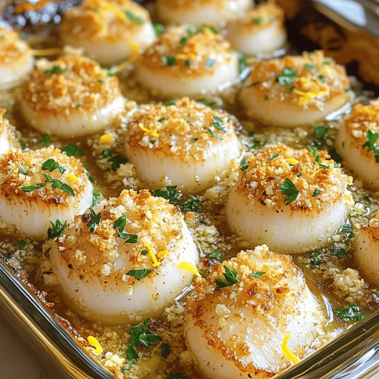 - 12 large sea scallops, cleaned and dried - 4 tablespoons unsalted butter, melted - 4 cloves garlic, minced - 1 tablespoon fresh parsley, chopped - 1 tablespoon lemon juice - Zest of 1 lemon - 1/2 teaspoon red pepper flakes (optional) - Salt and pepper to taste - Breadcrumbs (optional for topping) Gathering the right ingredients is key. Start with quality sea scallops. Choose 12 large ones. Make sure they are clean and dry. This helps them bake evenly. Next, melt 4 tablespoons of unsalted butter. This adds rich flavor. Mince 4 cloves of fresh garlic finely. You want that garlic to blend well. Chop 1 tablespoon of fresh parsley for a touch of color. Squeeze 1 tablespoon of lemon juice for brightness. Don't forget to zest 1 lemon too. The zest boosts the lemon flavor. If you like heat, add 1/2 teaspoon of red pepper flakes. Adjust salt and pepper to your taste. Breadcrumbs are optional. They add a nice crunchy topping. These ingredients create a lovely and savory dish. You can find the Full Recipe for detailed steps and tips. - Preheat oven to 375°F (190°C). - Prepare baking dish with light greasing. First, set your oven to preheat. This step ensures your scallops cook evenly. While the oven heats, grab your baking dish. A little grease on the bottom helps prevent sticking. - Combine melted butter, garlic, parsley, lemon juice, zest, and seasonings. - Whisk until smooth and combined. Next, melt the butter in a bowl. I like to use unsalted butter for better control of flavor. Add minced garlic, chopped parsley, lemon juice, and zest. You can add red pepper flakes if you want some heat. Whisk it all together until smooth. The smell will be amazing! - Dry scallops thoroughly. - Arrange in a single layer in the baking dish. - Drizzle garlic butter mixture over scallops. Now, take your scallops and dry them well with a towel. This step is key to getting that nice sear and texture. Lay the scallops in a single layer in your greased dish. Drizzle the garlic butter mixture generously over them. Every scallop deserves a good coat! - Optional: Sprinkle breadcrumbs on top. - Bake for 12-15 minutes until opaque. - Optional: Broil for 2-3 minutes for a golden finish. If you want a crunchy top, sprinkle some breadcrumbs over the scallops. Then, pop them in the oven for about 12 to 15 minutes. They are done when they look opaque and firm. For a golden finish, switch on the broiler for a few minutes. Just keep an eye on them; you don’t want to burn the top! Enjoy your Garlic Butter Baked Scallops, a dish that's simple yet full of flavor. For the full recipe, check the section above. To get the best flavor and texture, always dry your scallops before cooking. This step removes excess moisture. If scallops are wet, they won't brown properly. Use a paper towel to pat them dry thoroughly. When baking, look for signs of doneness. Scallops should turn opaque and feel firm. They usually take about 12-15 minutes at 375°F (190°C). You can add more flavor to your scallops. Fresh herbs like thyme or basil can elevate the dish. Spices such as paprika or dill also work well. Mix in a touch of Parmesan cheese for a rich taste. Experiment with different types of butter. Garlic herb butter or lemon butter can bring unique flavors. Garnishing makes your dish visually appealing. Fresh parsley or chives add a pop of color. Lemon wedges not only look great but add fresh zest when squeezed. Serve scallops on a bed of greens or with rice for a stunning plate. A sprinkle of paprika can add color and enhance the look. {{image_4}} You can make garlic butter baked scallops even more delicious by adding cheese. Try a sprinkle of Parmesan or Gruyère on top. This will bring a creamy texture and rich flavor. Another fun twist is to use different citrus juices. You can swap lemon juice for lime or orange juice. This change adds a bright taste to the dish. If you need a gluten-free option, use gluten-free breadcrumbs. They work just as well as regular ones. You can also skip the breadcrumbs if you want a lighter dish. For a dairy-free version, replace the butter with olive oil or a dairy-free spread. This keeps the dish tasty while meeting your dietary needs. To keep your garlic butter baked scallops fresh, store them properly. First, let the scallops cool to room temperature. Then, use these best practices: - Place the scallops in an airtight container. - If you have extra garlic butter, pour it over the scallops. - Store in the fridge for up to 2 days. Using glass or BPA-free plastic containers works best for storage. These materials help keep the scallops fresh and safe. Reheating scallops needs care to avoid overcooking them. Here’s how to do it right: - Use the oven: Preheat it to 350°F (175°C). Place scallops in a baking dish and cover with foil. Heat for about 10 minutes. - Use the microwave: Place scallops on a microwave-safe plate. Heat in short bursts of 30 seconds, checking often. For the best taste, enjoy leftovers as is, or add them to pasta or salads. This way, you can savor the flavors of garlic butter baked scallops again! Yes, you can use frozen scallops. First, thaw them safely. Place them in the fridge overnight or run them under cold water for about 30 minutes. After thawing, make sure to pat them dry with a paper towel. Drying helps them sear well and prevents excess water in your dish. Garlic Butter Baked Scallops go well with many sides. Here are some great options: - Creamy mashed potatoes - Lightly seasoned rice - Steamed asparagus - Fresh garden salad - Garlic bread for a crunchy contrast These sides balance the rich flavors of the scallops and create a full meal. Perfectly cooked scallops should look opaque and firm. They will feel slightly springy to the touch. If they are slightly translucent, they need more time. Always watch them closely to avoid overcooking, which can make them tough. For detailed instructions on making Garlic Butter Baked Scallops, check out the [Full Recipe]. This blog post covered everything you need to make delicious garlic butter baked scallops. We discussed the important ingredients, step-by-step instructions, tips for perfecting your dish, and various serving ideas. Now, you're ready to impress your guests or enjoy a tasty meal at home. Remember, the key is in the details. Follow these steps, and your scallops will turn out amazing. Enjoy your cooking adventure!