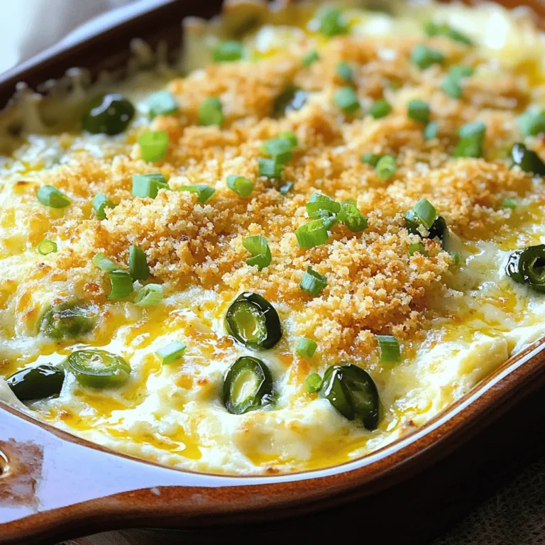 To make the perfect Cheesy Jalapeno Popper Dip, you need to gather some key ingredients. Here’s what you’ll need: - 2 cups cream cheese, softened to room temperature - 1 cup sour cream - 1 cup sharp cheddar cheese, freshly shredded - 1/2 cup mozzarella cheese, freshly shredded - 1 cup jalapenos, diced (fresh or pickled) - 1/2 cup green onions, finely chopped - 1 teaspoon garlic powder - 1 teaspoon onion powder - Salt and freshly ground black pepper, to taste - 1/2 cup breadcrumbs (optional, for crispy topping) - 2 tablespoons olive oil (for breadcrumbs) These ingredients create a rich and creamy dip that bursts with flavor. The cream cheese and sour cream form a smooth base, while the cheeses add depth. Jalapenos bring the heat, and green onions add a fresh crunch. If you want a crispy topping, use breadcrumbs mixed with olive oil. You can find the full recipe to guide you through the cooking process. 1. Preheat the oven to 350°F (175°C). This gets the oven ready for baking. 2. In a large bowl, mix the cream cheese and sour cream until smooth. Use a hand mixer or a spoon. 3. Stir in the shredded sharp cheddar and mozzarella cheeses. Make sure they are well combined. 4. Add the diced jalapenos and chopped green onions. Mix well for even flavor. 5. Sprinkle in garlic powder, onion powder, salt, and black pepper. Mix until everything is combined. 1. Carefully transfer the mixture into a baking dish. Spread it out evenly with a spatula. 2. If you want a crispy topping, combine breadcrumbs with olive oil in a small bowl. Sprinkle them over the dip. 3. Place the baking dish in the oven and bake for 25-30 minutes. Look for it to be bubbly and golden brown. 1. After baking, let the dip cool for about 5 minutes. This helps avoid burns. 2. Serve the warm dip in the baking dish. Offer tortilla chips, pita bread, or fresh veggies for dipping. Add chopped green onions or paprika on top for a nice look. You can find the full recipe for Cheesy Jalapeno Popper Dip above. Enjoy making this tasty dish! - Use room temperature cream cheese for smoother mixing. This helps create a creamy texture. - Adjust the jalapeno amount for your desired spice level. More jalapenos mean more heat! - Experiment with cheese varieties for different flavors. Try pepper jack or gouda for a twist. - Best served warm with tortilla chips or fresh veggies. The crunch pairs well with the dip. - Enhance presentation with garnish options. Chopped green onions or a sprinkle of paprika look great. - Recommended beverage pairings include cold beer or a light white wine. They complement the flavors well. For more details, check the Full Recipe. {{image_4}} You can easily switch some ingredients in your dip. Here are some ideas: - Cream Cheese: Try Greek yogurt instead. It makes the dip lighter. - Cheese Variety: Use pepper jack or gouda for a different taste. - Veggies: Roasted red peppers add a nice sweet flavor. These swaps help you create a dip that suits your taste. You might find a favorite combo! Want to boost the flavor? Here are some great options: - Bacon Bits: Add crispy bacon for a savory twist. - Hot Sauce: A splash of hot sauce adds heat and kick. - Fresh Herbs: Mix in cilantro or parsley for a fresh touch. These additions can take your cheesy jalapeno popper dip to the next level. You can get creative and make it your own! To store leftover cheesy jalapeno popper dip, let it cool down. Place it in an airtight container. This keeps the dip fresh and tasty. You can use glass or plastic containers. Just make sure they seal well. Store it in the fridge for up to three days. When it's time to eat again, you can reheat the dip. The best way is in the oven. Preheat your oven to 350°F (175°C). Place the dip in an oven-safe dish. Heat for about 15-20 minutes until it’s warm and bubbly. This method keeps the texture nice. If you prefer the microwave, you can do that too. Just heat it in short bursts. Start with 30 seconds, then stir. Repeat until it’s warm. Be careful not to overcook it, as it may get watery. For the best results, always cover the dish. This helps keep moisture in while reheating. Enjoy your dip warm with chips or veggies. For the full recipe, check out the complete section above! How long can I store Cheesy Jalapeno Popper Dip in the fridge? You can store Cheesy Jalapeno Popper Dip in the fridge for up to four days. Make sure to keep it in an airtight container to maintain its freshness. Can I make this dip ahead of time? Yes, you can make this dip ahead of time. Prepare it a day before and store it in the fridge. Bake it when you are ready to serve. Is it possible to freeze Cheesy Jalapeno Popper Dip? Yes, you can freeze this dip. Place it in a freezer-safe container for up to three months. Thaw it in the fridge before baking. Can I use low-fat cream cheese instead? Yes, you can use low-fat cream cheese. It will still taste great, but the dip might be less creamy. What can I substitute for the jalapenos? You can substitute jalapenos with diced bell peppers for a milder flavor. Green chilies also work well if you want some spice. How do I adjust this recipe for different serving sizes? To adjust this recipe, simply halve or double the ingredients. For smaller gatherings, use half the amounts. For larger groups, double them to ensure everyone enjoys! This Cheesy Jalapeno Popper Dip combines cream cheese, jalapenos, and savory spices. You learned how to mix ingredients, bake, and serve it. You can customize the dip by changing the cheese or spices to fit your taste. Remember, using fresh ingredients makes a big difference. Serve it warm with chips or veggies for a fun snack. Enjoy making it and impress your friends and family with your cooking skills!
