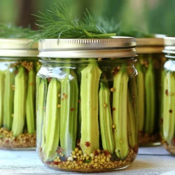 Here’s what you need for quick pickled okra. Each ingredient adds its own flavor and charm. - 1 pound fresh okra, stems trimmed - 1 cup distilled white vinegar - 1 cup water - 2 tablespoons granulated sugar - 2 tablespoons sea salt - 1 teaspoon mustard seeds - 1 teaspoon coriander seeds - 1 teaspoon whole black peppercorns - 2 cloves garlic, peeled and gently smashed - 1 teaspoon red pepper flakes (optional, for those who enjoy a spicy kick) - Fresh dill sprigs (for garnish) These ingredients come together to create a tangy, crunchy treat. The fresh okra gives a crisp bite, while the brine adds a zesty kick. The spices bring warmth and depth to the flavors. You can find all these items in most grocery stores. For the best taste, seek out fresh okra when it's in season. Ready to dive into the details? Check out the Full Recipe for step-by-step instructions. - Rinsing and Trimming the Okra Start by rinsing 1 pound of fresh okra under cool water. This removes dirt and debris. Next, trim the stems with a sharp knife. Be careful not to cut into the pods themselves. This helps the okra stay fresh and look nice in the jars. - Mixing Ingredients and Heating In a medium saucepan, add 1 cup of distilled white vinegar, 1 cup of water, 2 tablespoons of granulated sugar, and 2 tablespoons of sea salt. Mix well to combine. Set the heat to medium. Stir until the sugar and salt dissolve. Then, bring the mixture to a rolling boil. - Adding Spices and Simmering Once boiling, add 1 teaspoon of mustard seeds, 1 teaspoon of coriander seeds, 1 teaspoon of whole black peppercorns, 2 smashed garlic cloves, and 1 teaspoon of red pepper flakes (if you want spice). Lower the heat and let it simmer for 2-3 minutes. This step lets the spices add their flavor to the brine. - Layering Okra and Leaving Space Take clean, sterilized jars and layer the okra inside. You can pack them tightly, but leave space at the top of each jar. This space helps the brine cover the okra fully. - Pouring Hot Brine Over Okra Carefully pour the hot pickling brine over the okra in each jar. Make sure the brine covers all the okra. This is key for proper pickling. - Letting Jars Cool and Sealing Let the jars sit at room temperature until they cool. Once they are cool, seal each jar tightly with a lid. This keeps the flavor in and air out. - Storing for Flavor Development Place the sealed jars in the refrigerator. Let them sit for at least 24 hours. For the best flavor, wait a few days. This time allows the okra to absorb the brine and spices. Enjoy your zesty quick pickled okra! You can find the full recipe [here]. Submerging okra in the brine is key. This makes sure the flavors soak in well. If the okra sticks out, it may spoil. Use a weight or lid to keep them under the brine. This helps them pickle evenly. Give the okra time to infuse. The longer they sit, the better they taste. I recommend waiting at least 24 hours. For the best flavor, wait a few days. This allows all the spices to shine through. Fresh dill sprigs add a nice touch. They not only look great but also taste wonderful. When you serve the okra, add a few sprigs on top. It makes your dish pop visually. For more flavor, try adding other fresh herbs too. {{image_4}} To make spicy pickled okra, adjust the red pepper flakes. If you like heat, add more flakes. Start with one teaspoon, then taste the brine. You can always add more later. This way, you control the spice level. A little extra heat can really boost flavor. For sweet pickled okra, modify the sugar amounts. Increase the sugar to three tablespoons for a sweeter taste. You can also add a splash of honey for a unique flavor. Remember, sweetness balances the tart vinegar. Experiment to find your perfect sweetness level. You can create herb-infused variations by adding other fresh herbs. Dill is popular, but you might try thyme or rosemary. Add a few sprigs into the jar with the okra. This adds a fresh taste and aroma. It’s a fun way to customize your pickles! For the full recipe, check the [Full Recipe]. Store your quick pickled okra in the fridge. They stay fresh for about 1 month. Make sure the jars are sealed tightly. This keeps the flavors strong and tasty. Always check the brine level. If it drops, add more to cover the okra. Freezing pickled okra is possible, but not the best option. If you choose to freeze, use clean, dry jars. Fill them with okra and brine, leaving some space at the top. This helps prevent breakage. Label the jars with the date. Use within six months for the best flavor. Check your pickled okra for signs of spoilage. Look for a strange smell or color. If you see any mold, throw them away. If the brine is cloudy, that’s a bad sign too. Trust your senses. When in doubt, it’s safer to toss them out. Pickled okra can last about 1 to 2 months in the fridge. Store it in a sealed jar. Keep it cold to maintain freshness. Always check for signs of spoilage before eating. If it smells bad or looks off, throw it away. You can use frozen okra, but fresh is better. Frozen okra may lose its crunch. It often comes cut, which can change the texture. If you must use frozen, thaw it first and pat it dry. This helps keep the pickled okra tasty. Pickled okra is versatile and fun to use. Enjoy it as a snack or appetizer. It pairs well with sandwiches, burgers, and salads. You can also add it to cocktails like Bloody Marys for a zing. It adds flavor to any dish. To make pickled okra spicy, add more red pepper flakes. Start with 1 teaspoon and test the heat. You can also add sliced jalapeños or fresh chili peppers to the brine. This will give your pickled okra a nice kick. Adjust the spice to your taste! Pickling okra is simple and rewarding. You learned about the right ingredients, how to prepare them, and essential tips for success. Remember to let your jars cool and then refrigerate for the best flavor. Experiment with different variations to suit your taste. Always check for spoilage signs, too. Enjoy your homemade pickled okra as a snack, side dish, or topping. With these steps, you can take pickling to a new level. Dive in and savor your creations!