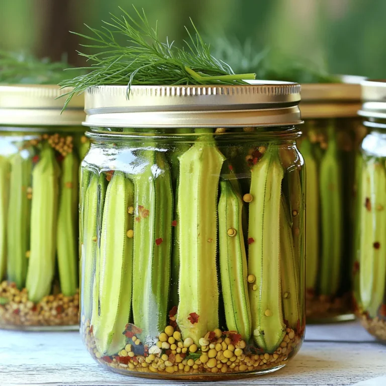 Here’s what you need for quick pickled okra. Each ingredient adds its own flavor and charm. - 1 pound fresh okra, stems trimmed - 1 cup distilled white vinegar - 1 cup water - 2 tablespoons granulated sugar - 2 tablespoons sea salt - 1 teaspoon mustard seeds - 1 teaspoon coriander seeds - 1 teaspoon whole black peppercorns - 2 cloves garlic, peeled and gently smashed - 1 teaspoon red pepper flakes (optional, for those who enjoy a spicy kick) - Fresh dill sprigs (for garnish) These ingredients come together to create a tangy, crunchy treat. The fresh okra gives a crisp bite, while the brine adds a zesty kick. The spices bring warmth and depth to the flavors. You can find all these items in most grocery stores. For the best taste, seek out fresh okra when it's in season. Ready to dive into the details? Check out the Full Recipe for step-by-step instructions. - Rinsing and Trimming the Okra Start by rinsing 1 pound of fresh okra under cool water. This removes dirt and debris. Next, trim the stems with a sharp knife. Be careful not to cut into the pods themselves. This helps the okra stay fresh and look nice in the jars. - Mixing Ingredients and Heating In a medium saucepan, add 1 cup of distilled white vinegar, 1 cup of water, 2 tablespoons of granulated sugar, and 2 tablespoons of sea salt. Mix well to combine. Set the heat to medium. Stir until the sugar and salt dissolve. Then, bring the mixture to a rolling boil. - Adding Spices and Simmering Once boiling, add 1 teaspoon of mustard seeds, 1 teaspoon of coriander seeds, 1 teaspoon of whole black peppercorns, 2 smashed garlic cloves, and 1 teaspoon of red pepper flakes (if you want spice). Lower the heat and let it simmer for 2-3 minutes. This step lets the spices add their flavor to the brine. - Layering Okra and Leaving Space Take clean, sterilized jars and layer the okra inside. You can pack them tightly, but leave space at the top of each jar. This space helps the brine cover the okra fully. - Pouring Hot Brine Over Okra Carefully pour the hot pickling brine over the okra in each jar. Make sure the brine covers all the okra. This is key for proper pickling. - Letting Jars Cool and Sealing Let the jars sit at room temperature until they cool. Once they are cool, seal each jar tightly with a lid. This keeps the flavor in and air out. - Storing for Flavor Development Place the sealed jars in the refrigerator. Let them sit for at least 24 hours. For the best flavor, wait a few days. This time allows the okra to absorb the brine and spices. Enjoy your zesty quick pickled okra! You can find the full recipe [here]. Submerging okra in the brine is key. This makes sure the flavors soak in well. If the okra sticks out, it may spoil. Use a weight or lid to keep them under the brine. This helps them pickle evenly. Give the okra time to infuse. The longer they sit, the better they taste. I recommend waiting at least 24 hours. For the best flavor, wait a few days. This allows all the spices to shine through. Fresh dill sprigs add a nice touch. They not only look great but also taste wonderful. When you serve the okra, add a few sprigs on top. It makes your dish pop visually. For more flavor, try adding other fresh herbs too. {{image_4}} To make spicy pickled okra, adjust the red pepper flakes. If you like heat, add more flakes. Start with one teaspoon, then taste the brine. You can always add more later. This way, you control the spice level. A little extra heat can really boost flavor. For sweet pickled okra, modify the sugar amounts. Increase the sugar to three tablespoons for a sweeter taste. You can also add a splash of honey for a unique flavor. Remember, sweetness balances the tart vinegar. Experiment to find your perfect sweetness level. You can create herb-infused variations by adding other fresh herbs. Dill is popular, but you might try thyme or rosemary. Add a few sprigs into the jar with the okra. This adds a fresh taste and aroma. It’s a fun way to customize your pickles! For the full recipe, check the [Full Recipe]. Store your quick pickled okra in the fridge. They stay fresh for about 1 month. Make sure the jars are sealed tightly. This keeps the flavors strong and tasty. Always check the brine level. If it drops, add more to cover the okra. Freezing pickled okra is possible, but not the best option. If you choose to freeze, use clean, dry jars. Fill them with okra and brine, leaving some space at the top. This helps prevent breakage. Label the jars with the date. Use within six months for the best flavor. Check your pickled okra for signs of spoilage. Look for a strange smell or color. If you see any mold, throw them away. If the brine is cloudy, that’s a bad sign too. Trust your senses. When in doubt, it’s safer to toss them out. Pickled okra can last about 1 to 2 months in the fridge. Store it in a sealed jar. Keep it cold to maintain freshness. Always check for signs of spoilage before eating. If it smells bad or looks off, throw it away. You can use frozen okra, but fresh is better. Frozen okra may lose its crunch. It often comes cut, which can change the texture. If you must use frozen, thaw it first and pat it dry. This helps keep the pickled okra tasty. Pickled okra is versatile and fun to use. Enjoy it as a snack or appetizer. It pairs well with sandwiches, burgers, and salads. You can also add it to cocktails like Bloody Marys for a zing. It adds flavor to any dish. To make pickled okra spicy, add more red pepper flakes. Start with 1 teaspoon and test the heat. You can also add sliced jalapeños or fresh chili peppers to the brine. This will give your pickled okra a nice kick. Adjust the spice to your taste! Pickling okra is simple and rewarding. You learned about the right ingredients, how to prepare them, and essential tips for success. Remember to let your jars cool and then refrigerate for the best flavor. Experiment with different variations to suit your taste. Always check for spoilage signs, too. Enjoy your homemade pickled okra as a snack, side dish, or topping. With these steps, you can take pickling to a new level. Dive in and savor your creations!