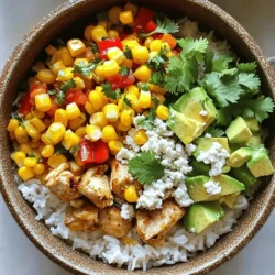 - 1 cup cooked jasmine rice - 1 lb boneless, skinless chicken thighs - 1 cup corn kernels - 1 large red bell pepper - 1 ripe avocado - 1/2 cup crumbled cotija cheese - 1/4 cup fresh cilantro - 2 tablespoons olive oil - 2 tablespoons freshly squeezed lime juice - 1 teaspoon smoked paprika - 1 teaspoon chili powder - Salt and pepper to taste - Additional toppings (lime wedges, hot sauce) - Substitutes for cotija cheese (like feta or goat cheese) - Alternative rice options (brown rice or quinoa) Let’s dive into the ingredients that make this dish shine. The main star is the chicken, which I love using boneless, skinless chicken thighs. They stay juicy and tender while cooking. You should also choose fresh corn kernels; these add a sweet crunch. A large red bell pepper brings color and a slight sweetness to the mix. Don’t skip the avocado! It adds creaminess and balances the flavors. Crumbled cotija cheese delivers a salty note, while cilantro brightens each bite. The olive oil is perfect for cooking the chicken and veggies. Lime juice adds a fresh zing, making everything pop. For spices, smoked paprika adds deep flavor, while chili powder gives a hint of heat. Salt and pepper enhance everything. You can customize this bowl with optional ingredients. Lime wedges and hot sauce let you spice things up. If you can’t find cotija cheese, feta or goat cheese works great. Want a different grain? Brown rice or quinoa are tasty substitutes. This recipe is flexible and can cater to your tastes. You can find the full recipe at the end of this article! 1. Seasoning the chicken Start with your chicken thighs. Cut them into small pieces. In a bowl, mix smoked paprika, chili powder, salt, and pepper. Toss the chicken in the spice mix. Make sure each piece is coated well. This will add great flavor. 2. Cooking the chicken to perfection Heat 1 tablespoon of olive oil in a large skillet over medium heat. Once hot, add the seasoned chicken. Spread it out evenly in the pan. Cook for about 5-7 minutes. Stir occasionally until the chicken turns golden brown and is fully cooked. Remove the chicken from the skillet and place it on a plate. 1. Sautéing techniques for optimal flavor In the same skillet, add the last tablespoon of olive oil. Heat it up again. Toss in the corn kernels and diced bell pepper. Stir them around to coat well. Sauté for about 5 minutes. This will give the corn a nice char and cook the bell pepper until tender. 2. Achieving the perfect char on corn To get that smoky flavor, let the corn sit without stirring for a bit. This will help it get a nice char. When it’s ready, the corn should be slightly golden. The bell pepper should be soft but still bright. 1. Layering components for best presentation In a mixing bowl, combine the cooked jasmine rice with the corn and bell pepper mix. Squeeze in lime juice and add half the cilantro. Stir gently to mix everything well. This makes a colorful base for your bowl. 2. Final garnishing tips Divide the rice mixture into four bowls. Top each bowl with the sautéed chicken, diced avocado, and crumbled cotija cheese. For a fresh touch, sprinkle the rest of the cilantro on top. If you like, add a squeeze of lime juice for extra flavor. By following these steps, you’ll create a delicious Street Corn Chicken Rice Bowl that looks as good as it tastes! For the complete recipe, check the Full Recipe above. - Save time when preparing ingredients: Chop veggies ahead of time. Store them in the fridge. This way, you can grab and go when you cook. Use frozen corn for quick cooking. It cooks fast and tastes great. - Best practices for cooking rice: Rinse jasmine rice before cooking. This removes excess starch and helps it cook fluffy. Use a 1:1 ratio of rice to water. Bring it to a boil, then cover and simmer on low. This keeps the rice tender and moist. - Using fresh herbs and spices efficiently: Add herbs like cilantro at the end. This keeps their flavor bright. Use smoked paprika and chili powder to add depth. They bring warmth and spice to the dish without overpowering it. - Tips for balancing flavors in the bowl: Combine creamy avocado with tangy lime juice. This mix enhances taste. If you like it spicy, add hot sauce on top. It contrasts nicely with the bowl's richness. - Serving suggestions for vibrant plating: Use colorful bowls to show off the dish. Layer the rice, chicken, and toppings for a pretty look. This makes your meal fun and appealing. - Creative serving ideas for gatherings: Serve the bowls family-style. Let guests build their own bowls. This adds a fun, interactive element to your meal. Place extra lime wedges and hot sauce on the table for more flavor options. For the full recipe, check out the Full Recipe section above. {{image_4}} You can make this dish gluten-free and dairy-free with some easy swaps. Use gluten-free soy sauce or tamari instead of regular soy sauce for a gluten-free option. For dairy-free, skip the cotija cheese or use a nut-based cheese. These changes keep the taste without the gluten or dairy. If you want a vegetarian or vegan version, replace the chicken with grilled corn or black beans. You can add more veggies like zucchini or mushrooms for extra flavor. Use a plant-based cheese or skip it altogether for a lighter option. You can add spice to your rice bowl in two simple ways. For a spicy version, add jalapeños or a splash of hot sauce. For a mild bowl, stick to just the basics. Adjust the chili powder to suit your taste, and always taste as you go. Want to switch up the protein? You can use shrimp, tofu, or even beef. Each protein adds a new spin to the dish. Cook shrimp quickly, about 3-4 minutes, until they turn pink. Tofu should be pressed and cubed before cooking for the best texture. Street corn varies by region. In Mexico, they often use lime, chili powder, and cheese. In other parts of the world, you might find different spices or toppings. Try adding traditional ingredients like feta cheese or chimichurri for a twist. You can also explore local flavors from your area. Maybe add a touch of curry or a sprinkle of sesame seeds for a fusion feel. This dish can adapt to many tastes and cultures, making it a fun meal to customize. To keep your Street Corn Chicken Rice Bowl fresh, follow these tips: - Use airtight containers: Store leftovers in airtight containers to prevent air exposure. - Cool before refrigerating: Let the bowl cool down before sealing it up. This helps keep moisture at bay. - Keep toppings separate: Store toppings like avocado and cheese in separate containers to avoid sogginess. You can store your leftovers in the fridge for 3 to 4 days. After that, the flavors may fade, and the texture can change. When it’s time to enjoy your leftovers, you have a couple of options: - Microwave: Place your bowl in a microwave-safe dish. Heat for 1 to 2 minutes, stirring halfway through. This method is quick but can make the rice a bit dry. - Stovetop: Use a skillet over medium heat. Add a splash of water or broth to help steam the rice. Stir often for about 5 to 7 minutes. This keeps the texture nice and fluffy. To maintain the best texture, avoid overheating. Just warm it enough to enjoy the great flavors again! A Street Corn Chicken Rice Bowl is a tasty dish inspired by Mexican street food. It combines grilled corn, seasoned chicken, and fresh veggies over rice. The dish is colorful and full of flavor. You will find this bowl in many food stalls in Mexico. It represents bold flavors and a casual dining experience. Yes, you can use canned corn. Canned corn is quick and easy. It saves time during meal prep. However, fresh corn has a sweeter taste and a crunchier texture. Canned corn may also have added salt, so adjust your seasoning. For best flavor, choose fresh corn when possible. Meal prepping this dish is simple and fun. Start by cooking the chicken, corn, and rice as stated in the full recipe. Once cooked, divide the rice, chicken, and veggies into containers. Keep the avocado and cheese separate to stay fresh. Store everything in the fridge for up to four days. To keep ingredients fresh, use airtight containers. You can also slice the avocado just before eating to prevent browning. This way, you can enjoy a fresh, tasty meal every day! This blog post covered everything you need for a Street Corn Chicken Rice Bowl. We looked at key ingredients, detailed step-by-step instructions, and useful tips to enhance flavor. You also learned about variations to fit dietary needs and how to store leftovers. With this recipe, you can create a tasty meal that’s colorful and fun. Enjoy making it your own!