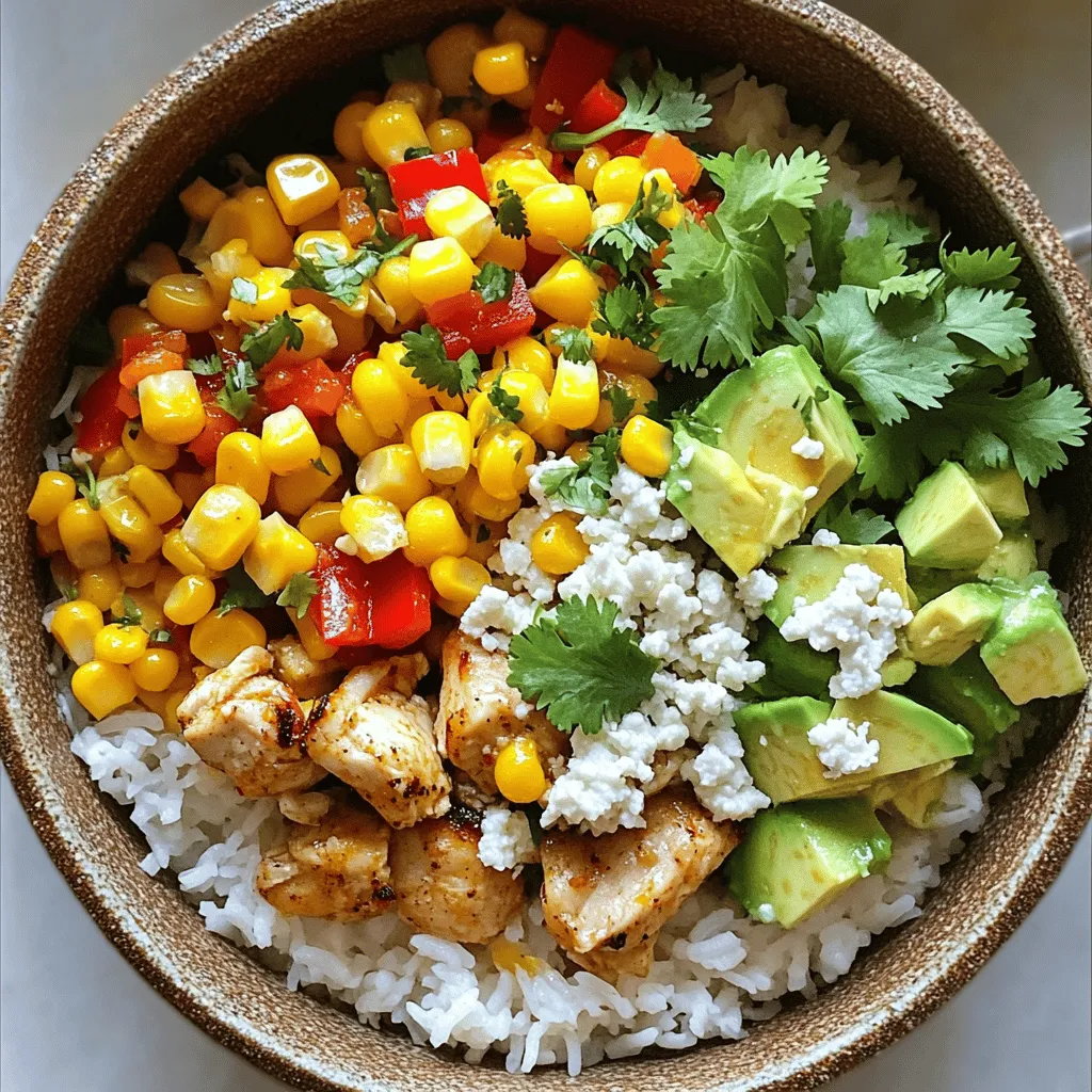 - 1 cup cooked jasmine rice - 1 lb boneless, skinless chicken thighs - 1 cup corn kernels - 1 large red bell pepper - 1 ripe avocado - 1/2 cup crumbled cotija cheese - 1/4 cup fresh cilantro - 2 tablespoons olive oil - 2 tablespoons freshly squeezed lime juice - 1 teaspoon smoked paprika - 1 teaspoon chili powder - Salt and pepper to taste - Additional toppings (lime wedges, hot sauce) - Substitutes for cotija cheese (like feta or goat cheese) - Alternative rice options (brown rice or quinoa) Let’s dive into the ingredients that make this dish shine. The main star is the chicken, which I love using boneless, skinless chicken thighs. They stay juicy and tender while cooking. You should also choose fresh corn kernels; these add a sweet crunch. A large red bell pepper brings color and a slight sweetness to the mix. Don’t skip the avocado! It adds creaminess and balances the flavors. Crumbled cotija cheese delivers a salty note, while cilantro brightens each bite. The olive oil is perfect for cooking the chicken and veggies. Lime juice adds a fresh zing, making everything pop. For spices, smoked paprika adds deep flavor, while chili powder gives a hint of heat. Salt and pepper enhance everything. You can customize this bowl with optional ingredients. Lime wedges and hot sauce let you spice things up. If you can’t find cotija cheese, feta or goat cheese works great. Want a different grain? Brown rice or quinoa are tasty substitutes. This recipe is flexible and can cater to your tastes. You can find the full recipe at the end of this article! 1. Seasoning the chicken Start with your chicken thighs. Cut them into small pieces. In a bowl, mix smoked paprika, chili powder, salt, and pepper. Toss the chicken in the spice mix. Make sure each piece is coated well. This will add great flavor. 2. Cooking the chicken to perfection Heat 1 tablespoon of olive oil in a large skillet over medium heat. Once hot, add the seasoned chicken. Spread it out evenly in the pan. Cook for about 5-7 minutes. Stir occasionally until the chicken turns golden brown and is fully cooked. Remove the chicken from the skillet and place it on a plate. 1. Sautéing techniques for optimal flavor In the same skillet, add the last tablespoon of olive oil. Heat it up again. Toss in the corn kernels and diced bell pepper. Stir them around to coat well. Sauté for about 5 minutes. This will give the corn a nice char and cook the bell pepper until tender. 2. Achieving the perfect char on corn To get that smoky flavor, let the corn sit without stirring for a bit. This will help it get a nice char. When it’s ready, the corn should be slightly golden. The bell pepper should be soft but still bright. 1. Layering components for best presentation In a mixing bowl, combine the cooked jasmine rice with the corn and bell pepper mix. Squeeze in lime juice and add half the cilantro. Stir gently to mix everything well. This makes a colorful base for your bowl. 2. Final garnishing tips Divide the rice mixture into four bowls. Top each bowl with the sautéed chicken, diced avocado, and crumbled cotija cheese. For a fresh touch, sprinkle the rest of the cilantro on top. If you like, add a squeeze of lime juice for extra flavor. By following these steps, you’ll create a delicious Street Corn Chicken Rice Bowl that looks as good as it tastes! For the complete recipe, check the Full Recipe above. - Save time when preparing ingredients: Chop veggies ahead of time. Store them in the fridge. This way, you can grab and go when you cook. Use frozen corn for quick cooking. It cooks fast and tastes great. - Best practices for cooking rice: Rinse jasmine rice before cooking. This removes excess starch and helps it cook fluffy. Use a 1:1 ratio of rice to water. Bring it to a boil, then cover and simmer on low. This keeps the rice tender and moist. - Using fresh herbs and spices efficiently: Add herbs like cilantro at the end. This keeps their flavor bright. Use smoked paprika and chili powder to add depth. They bring warmth and spice to the dish without overpowering it. - Tips for balancing flavors in the bowl: Combine creamy avocado with tangy lime juice. This mix enhances taste. If you like it spicy, add hot sauce on top. It contrasts nicely with the bowl's richness. - Serving suggestions for vibrant plating: Use colorful bowls to show off the dish. Layer the rice, chicken, and toppings for a pretty look. This makes your meal fun and appealing. - Creative serving ideas for gatherings: Serve the bowls family-style. Let guests build their own bowls. This adds a fun, interactive element to your meal. Place extra lime wedges and hot sauce on the table for more flavor options. For the full recipe, check out the Full Recipe section above. {{image_4}} You can make this dish gluten-free and dairy-free with some easy swaps. Use gluten-free soy sauce or tamari instead of regular soy sauce for a gluten-free option. For dairy-free, skip the cotija cheese or use a nut-based cheese. These changes keep the taste without the gluten or dairy. If you want a vegetarian or vegan version, replace the chicken with grilled corn or black beans. You can add more veggies like zucchini or mushrooms for extra flavor. Use a plant-based cheese or skip it altogether for a lighter option. You can add spice to your rice bowl in two simple ways. For a spicy version, add jalapeños or a splash of hot sauce. For a mild bowl, stick to just the basics. Adjust the chili powder to suit your taste, and always taste as you go. Want to switch up the protein? You can use shrimp, tofu, or even beef. Each protein adds a new spin to the dish. Cook shrimp quickly, about 3-4 minutes, until they turn pink. Tofu should be pressed and cubed before cooking for the best texture. Street corn varies by region. In Mexico, they often use lime, chili powder, and cheese. In other parts of the world, you might find different spices or toppings. Try adding traditional ingredients like feta cheese or chimichurri for a twist. You can also explore local flavors from your area. Maybe add a touch of curry or a sprinkle of sesame seeds for a fusion feel. This dish can adapt to many tastes and cultures, making it a fun meal to customize. To keep your Street Corn Chicken Rice Bowl fresh, follow these tips: - Use airtight containers: Store leftovers in airtight containers to prevent air exposure. - Cool before refrigerating: Let the bowl cool down before sealing it up. This helps keep moisture at bay. - Keep toppings separate: Store toppings like avocado and cheese in separate containers to avoid sogginess. You can store your leftovers in the fridge for 3 to 4 days. After that, the flavors may fade, and the texture can change. When it’s time to enjoy your leftovers, you have a couple of options: - Microwave: Place your bowl in a microwave-safe dish. Heat for 1 to 2 minutes, stirring halfway through. This method is quick but can make the rice a bit dry. - Stovetop: Use a skillet over medium heat. Add a splash of water or broth to help steam the rice. Stir often for about 5 to 7 minutes. This keeps the texture nice and fluffy. To maintain the best texture, avoid overheating. Just warm it enough to enjoy the great flavors again! A Street Corn Chicken Rice Bowl is a tasty dish inspired by Mexican street food. It combines grilled corn, seasoned chicken, and fresh veggies over rice. The dish is colorful and full of flavor. You will find this bowl in many food stalls in Mexico. It represents bold flavors and a casual dining experience. Yes, you can use canned corn. Canned corn is quick and easy. It saves time during meal prep. However, fresh corn has a sweeter taste and a crunchier texture. Canned corn may also have added salt, so adjust your seasoning. For best flavor, choose fresh corn when possible. Meal prepping this dish is simple and fun. Start by cooking the chicken, corn, and rice as stated in the full recipe. Once cooked, divide the rice, chicken, and veggies into containers. Keep the avocado and cheese separate to stay fresh. Store everything in the fridge for up to four days. To keep ingredients fresh, use airtight containers. You can also slice the avocado just before eating to prevent browning. This way, you can enjoy a fresh, tasty meal every day! This blog post covered everything you need for a Street Corn Chicken Rice Bowl. We looked at key ingredients, detailed step-by-step instructions, and useful tips to enhance flavor. You also learned about variations to fit dietary needs and how to store leftovers. With this recipe, you can create a tasty meal that’s colorful and fun. Enjoy making it your own!