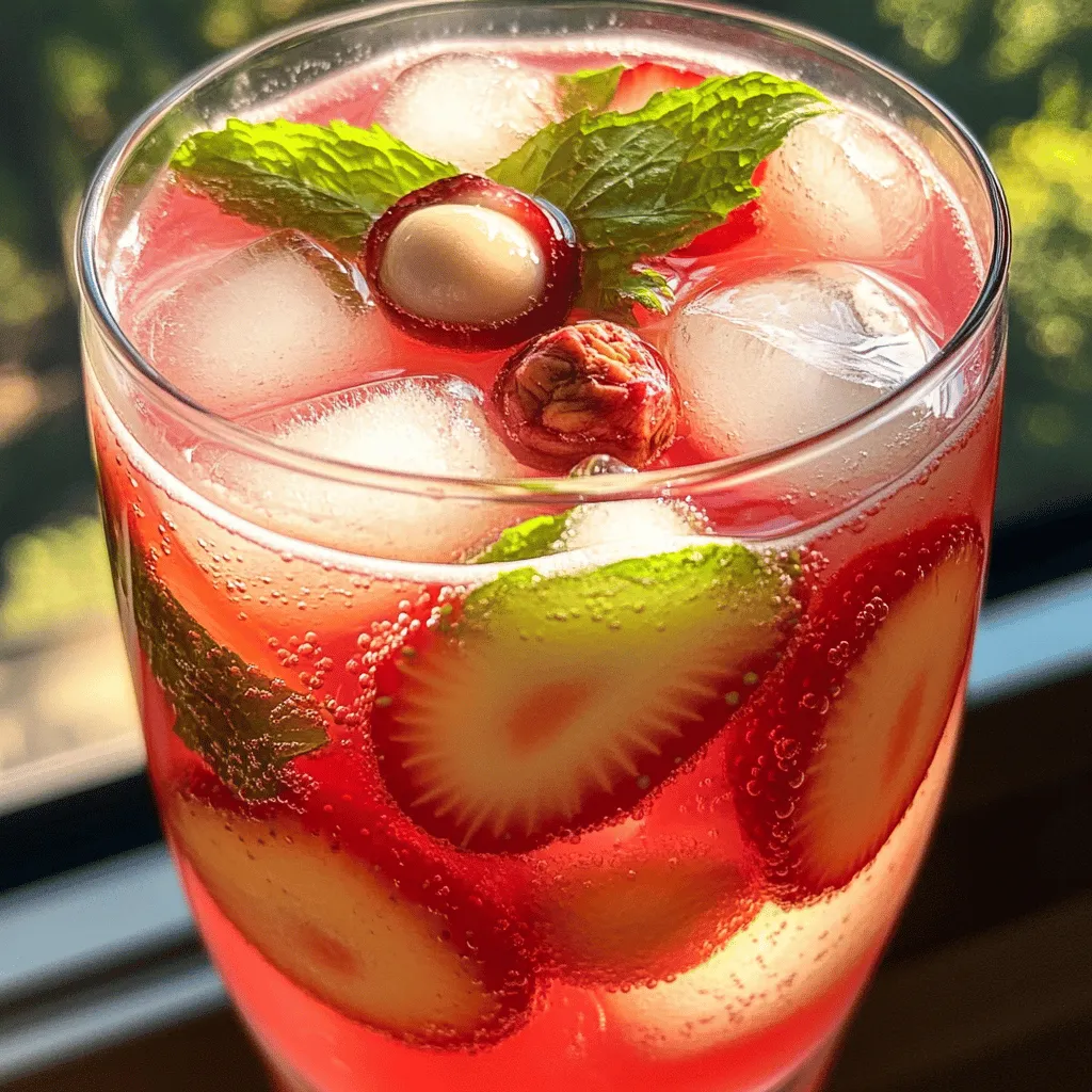 To create a mouthwatering Strawberry Lychee Lemonade, you need fresh ingredients. Here’s what you'll need: - 1 cup fresh strawberries, hulled and sliced - 1 cup canned lychee fruit, drained (reserve syrup for more sweetness) - 1/2 cup freshly squeezed lemon juice (about 3-4 medium lemons) - 4 cups cold water - 1/4 cup sugar (adjust to taste; honey or agave syrup also work) - Fresh mint leaves, for garnish - Ice cubes, as needed Using ripe strawberries gives the drink a sweet and tangy flavor. Make sure your lychee fruit is sweet and juicy for the best results. Fresh lemon juice brightens the drink and balances the sweetness. You can customize the sweetness of your lemonade. If you prefer it sweeter, use the reserved lychee syrup. You might also consider adding honey or agave syrup instead of sugar. These add a unique flavor and are great options for those looking for a natural sweetener. To make this delightful drink, gather these tools: - Blender - Large pitcher - Measuring cups - Stirring spoon - Serving glasses A blender helps create a smooth puree of strawberries and lychee. A large pitcher is essential for mixing and serving your lemonade. Enjoy the process of making this refreshing drink with these simple tools! Start with fresh strawberries. Wash and slice them. In a blender, add the strawberries and drained lychee. Blend until smooth. This puree will bring vibrant flavor to your drink. It’s simple, and you’ll love the taste. Grab a large pitcher. Pour in your strawberry-lychee puree. Next, add the freshly squeezed lemon juice. Pour in the sugar and stir well. Make sure the sugar dissolves completely. This step is key for balancing the flavors. Now, add the cold water to the pitcher. Stir it all together. Taste your lemonade and adjust sweetness if needed. You can add more sugar or some reserved lychee syrup for extra sweetness. Fill serving glasses with ice cubes. Pour the lemonade over the ice. Garnish with fresh mint leaves for color and aroma. You can find the full recipe above! This drink is perfect for hot summer days. Enjoy every sip! To make the best strawberry lychee lemonade, use fresh ingredients. Fresh strawberries and lemons give vibrant flavors. Always choose ripe strawberries, as they taste sweeter and more flavorful. When blending the strawberries and lychee, blend until smooth. This step ensures a creamy texture. Serve your lemonade in clear glasses to show off its bright color. You can rim the glasses with sugar for a sweet touch. Add ice cubes to keep your drink cold. Garnish each glass with fresh mint leaves. A slice of lemon on the rim adds a fun look. Strawberries are packed with vitamins and antioxidants. They help boost your immune system. Lychee is low in calories and high in vitamin C. It also contains fiber, which aids digestion. Lemon juice is known for its detox benefits. This drink is refreshing and healthy, making it perfect for summer. Enjoy your strawberry lychee lemonade guilt-free! {{image_4}} You can switch up the fruits in your Strawberry Lychee Lemonade. Try using mango or peach instead of strawberries. Both fruits add a tropical twist. You can blend these fruits with lychee for a new taste. Another idea is to mix in blueberries or raspberries. They add color and flavor. Using different fruits keeps the drink fresh and fun. Want to spice things up? You can turn your lemonade into a cocktail. Adding vodka or rum works great. Start with one to two ounces of alcohol per glass. Mix it in after you make the base lemonade. This adds a nice kick for summer parties. Make sure to serve with ice for a refreshing taste. You can choose between sparkling and still lemonade. Sparkling lemonade is bubbly and fun. It adds a festive feel to any gathering. If you prefer a calmer drink, stick with still lemonade. Simply use still water instead of sparkling water. Each version has its charm. Choose the one that fits your mood. For the full recipe, check out the main section above. Enjoy experimenting with these variations! If you have extra strawberry lychee lemonade, store it in the fridge. Use a pitcher or a sealed container. This keeps it fresh and cool. Drink it within three days for the best taste. Always stir before serving again to mix any settled ingredients. You can freeze leftover lemonade for later use. Pour it into ice cube trays for easy storage. Once frozen, pop the cubes into a bag. This way, you can add them to drinks or smoothies later. Just remember, frozen lemonade tastes best if used within three months. Strawberry lychee lemonade lasts about three days in the fridge. After that, it may lose flavor. Ensure no fruit pieces float in it to keep it fresh longer. If you notice any off smells, it's best to discard it. Always check for taste before enjoying. Strawberry Lychee Lemonade is a fruity drink that mixes strawberries, lychee, and lemon juice. This blend creates a sweet and tangy flavor that is perfect for hot days. It’s refreshing and easy to make at home. You can enjoy it with family and friends during summer gatherings or simply on a sunny afternoon. The vibrant colors and delicious taste make it a treat for everyone. Yes, you can make Strawberry Lychee Lemonade without sugar. You can use natural sweeteners like honey or agave syrup. Another option is to skip the sweeteners entirely. The ripe strawberries and lychee already provide a lovely sweetness. If you prefer a less sweet drink, adjust the amount of lemon juice to balance the flavors. It’s all about your taste! You can find quality lychee fruit at Asian grocery stores or local farmers' markets. Look for lychee with a vibrant red color and a firm texture. If fresh lychee is not available, canned lychee works great too. Just make sure to choose those in light syrup or water for the best flavor. You can check online grocery stores as well for a wider selection. This article covers how to make delicious Strawberry Lychee Lemonade. We explored fresh ingredients, essential tools, and easy steps for preparation. I shared tips for a refreshing drink and creative variations to enjoy. You can also find storage tips for leftovers and answers to common questions. Embrace this fun recipe to impress your friends and family. Enjoy every sip of your homemade Strawberry Lychee Lemonade!