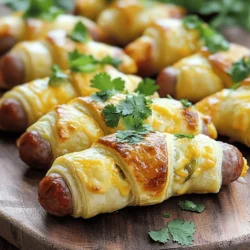 - 1 package of fully cooked mini sausages (such as cocktail franks or lil' smokies) - 1 can refrigerated crescent roll dough - 4 oz cream cheese, softened to room temperature - 1 cup shredded sharp cheddar cheese - 1-2 fresh jalapeños, seeds removed and finely diced - 1 teaspoon garlic powder - 1 teaspoon onion powder - Pinch of salt and pepper, to taste - 1 tablespoon fresh cilantro, chopped (optional, for garnish) - Cooking spray You can swap mini sausages for vegetarian options like veggie dogs. Use low-fat cream cheese if you want a lighter filling. If you don't like jalapeños, try bell peppers for a milder taste. You can replace sharp cheddar with mozzarella for a different flavor. You will need a baking sheet and parchment paper to prevent sticking. A medium-sized mixing bowl helps to blend the filling easily. A pizza cutter or sharp knife is useful for slicing the crescent roll dough. Lastly, have a spatula on hand to mix all the ingredients well. For the full recipe, check the earlier section. Start by preheating your oven to 375°F (190°C). While it heats, line a baking sheet with parchment paper. This step makes cleanup easy. Lightly spray the paper with cooking spray to stop sticking. In a medium bowl, mix together the softened cream cheese and shredded cheddar cheese. Add the diced jalapeños, garlic powder, onion powder, and a pinch of salt and pepper. Use a spatula or fork to blend everything into a creamy filling. The mix should be smooth and well combined. Open the can of crescent roll dough carefully. Unroll it on a clean surface. Press the seams of the dough together to make a single sheet. Use a pizza cutter or sharp knife to slice the dough into triangles. Aim for pieces about 2-3 inches wide at the base. Take one triangle of dough. On its wide end, place a small spoonful of the cheese and jalapeño mix. Add one mini sausage on top of the filling. Make sure the cheese mix hugs the sausage well. Starting from the wide end, roll the dough around the mini sausage. Tuck in the edges as you go to keep the filling inside. Place each rolled pig in a blanket seam-side down on the prepared baking sheet. Put the baking sheet in the preheated oven. Bake for 15-20 minutes or until the crescent dough is puffed and golden brown. This gives a crispy texture that everyone loves. After baking, take the pigs in a blanket out of the oven. Let them cool on the sheet for a few minutes. If you want, sprinkle with freshly chopped cilantro for extra color and flavor before serving. To create the best filling, start with softened cream cheese. This helps mix easily. Combine it with sharp cheddar and diced jalapeños for flavor. Use fresh jalapeños for a crunch. If you want more heat, add extra jalapeño. For a creamy texture, keep mixing until smooth. Consider adding garlic powder and onion powder for extra taste. Baking time can vary based on your oven. Check the pigs in a blanket at 15 minutes. If they are not brown, bake for another 5 minutes. The dough should be golden and puffed. If you use larger sausages, adjust the time to ensure they cook through. A meat thermometer can help; it should read 165°F (74°C). Presentation makes your dish stand out. Serve the pigs in a blanket on a large platter. Arrange them neatly, and add a bowl of dipping sauce in the center. Consider using ranch or a spicy sauce for contrast. For color, sprinkle fresh cilantro on top. This adds both flavor and a pop of green. Enjoy the looks and the taste! {{image_4}} You can create a meat-free version of Jalapeño Popper Pigs in a Blanket. Instead of mini sausages, use veggie sausages or even mushrooms. They add a nice texture and flavor. Stuff the dough with the cheese mixture and bake as usual. This way, you keep the taste but make it plant-based. If you want more heat, consider using hotter peppers. Try serrano or habanero peppers for a fiery twist. You can also add some cayenne pepper to the cheese mix. Adjust the amount based on your spice level. This variation is perfect for those who love a good kick. Don’t feel limited to just cheddar. Mix it up with pepper jack, gouda, or mozzarella. Each cheese brings a unique flavor and melt. You can also blend different cheeses for a gourmet touch. The options are endless, so explore your favorites! For the complete recipe and instructions, check out the Full Recipe. To keep your Jalapeño Popper Pigs in a Blanket fresh, store them in an airtight container. Place a piece of parchment paper between layers if you stack them. This helps prevent sticking. Store them in the fridge for up to three days. For the best taste, reheat your pigs in a blanket in the oven. Preheat the oven to 350°F (175°C). Place them on a baking sheet and heat for about 10-15 minutes. This keeps the dough crispy. You can also use a microwave, but this may make the dough soft. Heat them on a microwave-safe plate for about 30 seconds to 1 minute. You can freeze these tasty snacks for later. Place unbaked pigs in a blanket on a baking sheet. Make sure they are not touching. Freeze them for a few hours, then transfer to a freezer bag. They can last up to three months. To bake from frozen, add an extra 5-10 minutes to the baking time. For the full recipe, check out the detailed instructions above. Jalapeño Popper Pigs in a Blanket are a fun snack. They combine mini sausages, cream cheese, cheddar, and jalapeños. You wrap them in crescent roll dough and bake until golden. Each bite gives you creamy, cheesy, spicy flavors. Yes, you can prepare these ahead of time. Assemble the pigs in a blanket and place them on a baking sheet. Cover them with plastic wrap and keep them in the fridge. Bake them when you’re ready to serve. Many sauces pair well with these snacks. Try ranch dressing for a cool contrast. A spicy sauce adds a kick. You can also use honey mustard for a sweet touch. They have a mild heat. Jalapeños add flavor but not too much spice. If you want more heat, use more jalapeños or leave some seeds in. Adjust to your taste. You can change ingredients to fit your needs. Use veggie sausages for a meat-free option. Swap cream cheese for a dairy-free version. You can also use gluten-free dough if needed. You can find the full recipe for Jalapeño Popper Pigs in a Blanket in the earlier section of this article. It has detailed steps and ingredients for your cooking ease. We covered how to make Jalapeño Popper Pigs in a Blanket. You learned about key ingredients, their substitutes, and the tools needed. I shared step-by-step instructions for prep, filling, and baking. Plus, I gave tips for a perfect finish and added variations for different tastes. Lastly, I provided storage info and answered common questions. Now, you have the tools to create this tasty snack. Enjoy making and sharing your tasty creation!