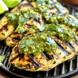 - 4 boneless, skinless chicken breasts - 1 cup salsa verde (store-bought or homemade) - 2 tablespoons fresh cilantro, finely chopped - 2 tablespoons extra virgin olive oil - 1 teaspoon garlic powder - 1 teaspoon ground cumin - 1 teaspoon fresh lime juice - Salt and pepper to taste - Lime wedges for garnish Gathering the right ingredients is key to making grilled salsa verde chicken. You need fresh chicken breasts, salsa verde, and some spices. I love using fresh cilantro for a bright touch. The olive oil adds richness, while garlic powder and cumin provide depth. Don't forget the lime juice; it brings a zesty kick. You can adjust the salt and pepper to your liking too. - Additional herbs (e.g., oregano or thyme) - Fresh jalapeños for heat - Avocado or sour cream for garnish You can get creative with optional ingredients. Adding fresh herbs like oregano or thyme can spice up the flavor. If you want some heat, toss in fresh jalapeños. For serving, consider avocado or sour cream. These options can elevate your dish and make it even more enjoyable. For the full recipe, check out the recipe section. - In a medium mixing bowl, combine the salsa verde, olive oil, garlic powder, ground cumin, lime juice, and chopped cilantro. - Season this mix with salt and pepper to taste. Stir until the marinade blends well and smells great. - Place the chicken breasts in a large zip-top bag or a shallow dish. - Pour the marinade over the chicken, making sure each piece is well-coated. - Seal the bag tightly or cover the dish. Refrigerate for at least 30 minutes. For more flavor, marinate longer, up to 4 hours. - Preheat your grill to medium-high heat to ensure even cooking. - When ready, take the chicken out of the marinade, letting excess drip back into the bowl. Discard any leftover marinade. - Grill the chicken breasts for 6-7 minutes on one side. Flip and grill for another 6-7 minutes. - The chicken is done when it reaches an internal temperature of 165°F (75°C). Avoid pressing down on the chicken to keep the juices inside. - After cooking, let the chicken rest for about 5 minutes. This helps the juices spread throughout the meat, making each bite tasty. - Slice the grilled chicken or serve it whole. Garnish with lime wedges for extra flavor. You can also drizzle more salsa verde over the top before serving. For the full recipe, you can refer to the earlier section. Enjoy your cooking! To make your grilled salsa verde chicken even better, try these tips: - Add herbs: Mix in fresh oregano or thyme for more depth. - Spice it up: Toss in sliced jalapeños for a spicy kick. - Extra zest: A splash of orange juice can brighten the marinade. - Grilling tips: Preheat your grill well. This helps get nice grill marks. Avoid these common grilling errors: - Don’t skip marinating: Marinating adds flavor and keeps the chicken juicy. - No pressing down: Don’t press the chicken on the grill. This lets juices escape. - Avoid cooking too fast: Cooking over high heat can char the outside and leave the inside raw. - Check for dryness: If your chicken is dry, it may have cooked too long. Use these methods to check if your chicken is cooked: - Meat thermometer: Insert it into the thickest part. Aim for 165°F (75°C). - Visual cues: Look for clear juices. If juices run clear, it’s done. The meat should also be opaque. - Feel test: Press the chicken lightly. It should feel firm, not squishy. For a detailed recipe, check out the Full Recipe. {{image_4}} You can make your own salsa verde at home. Here’s a simple recipe: - 6 tomatillos, husked and rinsed - 1 jalapeño, stemmed and chopped - 1/2 cup fresh cilantro - 1/2 teaspoon salt - 1 tablespoon lime juice - Blend all ingredients until smooth This homemade salsa verde adds a fresh twist to your chicken. You can also use other sauces, like chimichurri or a spicy mango salsa. Each option gives a unique flavor. If you want a change from chicken, try turkey or tofu. Turkey breast can be grilled just like chicken. For tofu, use firm or extra-firm. Marinate it as you would chicken. You can also choose different parts of the chicken. Thighs have more flavor and stay moist. Drumsticks or wings work well too. Each cut can give you a new taste experience. Pair grilled salsa verde chicken with tasty sides. Rice, both white and brown, complements the dish well. Grilled vegetables add color and nutrition. You can also serve a fresh salad for a light option. Consider a corn salad or a simple green salad. These sides make a complete meal that everyone will enjoy. To keep your grilled chicken fresh, place it in an airtight container. This helps seal in flavor and moisture. You can also wrap it tightly in plastic wrap or aluminum foil. Store your leftovers in the fridge. Grilled chicken stays fresh for about 3 to 4 days. Make sure to cool it down before storing to avoid raising the fridge temperature. You can reheat grilled chicken in several ways. The oven works well; preheat it to 350°F (175°C). Place the chicken in a baking dish and cover it with foil. This helps keep it moist. Heat for about 15-20 minutes or until warm. You can also use a microwave, but be careful. Heat it in short bursts to prevent drying out. A splash of water or broth can help retain moisture. If you want to save chicken for later, freezing is a great option. First, let it cool completely. Then, wrap each piece in plastic wrap. Place the wrapped chicken in a freezer bag. This will prevent freezer burn. Label the bag with the date, so you know when to use it. For best quality, aim to use frozen chicken within 2-3 months. To thaw, move it to the fridge overnight. You can also use the microwave for quick thawing, but plan to cook it right away. You should marinate the chicken for at least 30 minutes. If you have more time, aim for 2 to 4 hours. This gives the chicken a better flavor. The longer you marinate, the tastier it gets. Just remember not to exceed 4 hours, as the acid in the salsa verde can change the chicken's texture. Yes, you can use frozen chicken breasts. Just make sure to thaw them completely before marinating. Thawing helps the marinade soak into the meat. If you don’t have time to thaw, cook the chicken longer on the grill. However, fresh chicken will give you the best flavor and texture. You can serve many tasty sides with this dish. Here are a few ideas: - Grilled corn on the cob - Cilantro-lime rice - Roasted vegetables - Fresh avocado salad - Black beans or refried beans - Tortilla chips with guacamole These sides will complement the bright flavors of the grilled salsa verde chicken. You can find the full recipe for grilled salsa verde chicken to get started! Grilled salsa verde chicken is simple and delicious. We covered the key ingredients, preparation steps, and tips to avoid common mistakes. You can add your twist with optional ingredients or variations. Remember, storing leftovers correctly keeps meals fresh longer. Finally, don’t forget to check the internal temperature for safety. Enjoy creating tasty meals that impress family and friends!