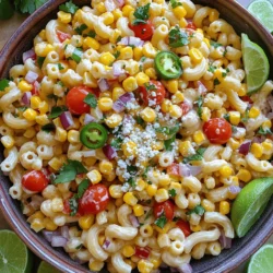 To make this vibrant salad, you will need: - 8 oz elbow macaroni or fusilli pasta - 2 cups corn kernels (fresh, frozen, or canned) - 1 red bell pepper, diced - 1 jalapeño, seeded and finely minced - ½ cup red onion, finely chopped - 1 cup cherry tomatoes, halved - ½ cup crumbled cotija cheese - ¼ cup fresh cilantro, chopped - 3 tablespoons mayonnaise - 2 tablespoons sour cream - 2 tablespoons freshly squeezed lime juice - 1 teaspoon chili powder - Salt and black pepper to taste If you're missing some ingredients, here are a few swaps: - Use any small pasta shape if you can't find elbow macaroni or fusilli. - Swap cotija cheese with feta or queso fresco for a similar flavor. - For a creamier texture, try Greek yogurt instead of sour cream. - Use corn salsa for a zesty kick instead of plain corn. This pasta salad can fit different diets: - For gluten-free, choose gluten-free pasta made from rice or quinoa. - If you want a vegan option, replace the mayonnaise and sour cream with vegan alternatives. - Omit the cheese or use a dairy-free cheese for a full vegan dish. - This salad is naturally vegetarian, making it a great choice for plant-based diets. Feel free to explore these options, customizing the salad to your taste and dietary needs! Start by boiling a large pot of salted water. The salt helps the pasta taste better. Once the water boils, add 8 oz of elbow macaroni or fusilli pasta. Cook it according to the package instructions. You want it to be al dente, which means it should be firm to the bite. This usually takes about 7-10 minutes. After cooking, drain the pasta and rinse it under cold water. This stops the cooking process and keeps it from getting mushy. While the pasta cools, heat a large skillet over medium heat. Add 2 cups of corn kernels. You can use fresh, frozen, or canned corn. Sauté the corn for about 5-7 minutes. Stir it occasionally until it gets a nice char and smells great. The charring brings out the corn's natural sweetness. Once it's done, remove it from the heat and let it cool. In a large mixing bowl, combine the cooled pasta and charred corn. Add your diced red bell pepper, minced jalapeño, finely chopped red onion, halved cherry tomatoes, and chopped cilantro. Mix everything gently to make sure the ingredients are evenly spread. This is where all the flavors start to come together. In a small bowl, whisk together the mayonnaise, sour cream, freshly squeezed lime juice, chili powder, and a pinch of salt and pepper. Whisk until the dressing is smooth and creamy. This dressing adds richness and ties the whole salad together. Drizzle the dressing over the pasta and vegetable mixture. Use a spatula to gently toss everything together. Make sure each piece is coated well with the dressing. After mixing, sprinkle ½ cup of crumbled cotija cheese over the top. Toss it lightly again to distribute the cheese. Finally, cover the salad with plastic wrap and chill it in the fridge for at least 30 minutes. This resting time lets the flavors meld beautifully. Serve it in a large bowl, and don't forget to garnish with extra cilantro and cotija cheese for that perfect touch. If you want, add lime wedges on the side for extra zest. Enjoy your meal! For more details, check the Full Recipe. To make your Mexican Street Corn Pasta Salad burst with flavor, use fresh corn. The natural sweetness of fresh corn adds depth. Lightly charring it in a skillet enhances its taste. Sauté the corn until it gets a nice golden color. This step gives it a smoky flavor that pairs well with the other ingredients. Don't forget the lime juice! It brightens the dish and balances the creaminess of the dressing. Prep your ingredients ahead of time. Chop the vegetables and make the dressing before cooking the pasta. You can even cook the pasta a day in advance. Store it in the fridge with a bit of olive oil to prevent sticking. If you’re short on time, use frozen corn. It cooks quickly and still tastes great. Canned corn works too, but rinse it well to remove excess salt. Serve your salad in a large, colorful bowl to show off its vibrant colors. Garnish with extra chopped cilantro and a sprinkle of cotija cheese on top. This adds a nice visual touch. For extra zing, add lime wedges on the side. Guests can squeeze fresh lime juice over their servings. This small detail makes the dish even more appealing and fun! {{image_4}} You can make this dish even heartier by adding proteins. Grilled chicken adds a smoky flavor. Just chop it into bite-sized pieces and toss it in. Shrimp is another great option. Cook them until they are pink and tender. Then mix them in with the pasta and veggies. You can also try black beans for a nice twist. They boost the protein and add a creamy texture. To make this dish vegetarian, keep the cheese but skip the meat. You can use more veggies like avocado or zucchini. For a vegan option, swap the cotija cheese for a plant-based version. Use vegan mayonnaise and sour cream to keep the creaminess. This way, everyone can enjoy the salad. The dressing can change the whole vibe of your salad. For a zesty kick, add some chipotle sauce to the mayo. This will give a smoky flavor. If you want it creamier, mix in some Greek yogurt. For a refreshing twist, try using a vinaigrette made with olive oil and lime juice. This adds bright notes that pair well with the corn and peppers. These variations let you customize the salad to fit any taste or diet you want. Enjoy experimenting! You can find the Full Recipe to get started. To store your Mexican Street Corn Pasta Salad, place it in an airtight container. Make sure to seal it tightly. This keeps moisture in and air out. If you have any leftover cotija cheese, store it separately to maintain its texture. The salad stays fresh in the fridge for about 3 to 5 days. After that, the flavors may fade. If it looks or smells off, it's best to toss it away. Always check before eating leftovers. You can serve this dish chilled or at room temperature. If you prefer it warm, gently heat it in a skillet over low heat. Add a splash of lime juice to brighten the flavors. If it's too dry, mix in a bit of dressing. Enjoy this refreshing dish anytime! Mexican Street Corn Pasta Salad mixes pasta with fresh corn and bold flavors. It takes inspiration from elote, a popular Mexican street food. This dish includes ingredients like corn, jalapeño, and cotija cheese. The creamy dressing adds a tangy kick, making it a delightful summer dish. Yes, you can make this salad ahead of time. It tastes better when chilled for at least 30 minutes. You can prepare the salad a few hours or even a day in advance. Just store it in the fridge until you’re ready to serve. To make it spicier, add more jalapeño or some diced serrano peppers. You can also include a dash of hot sauce in the dressing. For a milder version, use less jalapeño or remove the seeds. You can also skip the chili powder if you want to tone it down. This pasta salad pairs nicely with grilled meats like chicken or shrimp. It also goes well with tacos or quesadillas. For a light meal, serve it with a crisp green salad. Add some fresh lime wedges on the side for an extra zing. You can find the complete recipe for Mexican Street Corn Pasta Salad [Full Recipe]. Be sure to explore different variations and tips to make this dish your own! This article covered everything you need for Mexican Street Corn Pasta Salad. You learned about the ingredients, cooking steps, and tips for great flavor. The recipe can fit many diets and offers tasty variations. Plus, you know how to store leftovers. In the end, this dish is fun and easy to make. Whether for a meal or a gathering, it will impress everyone. Enjoy creating and sharing this tasty salad!