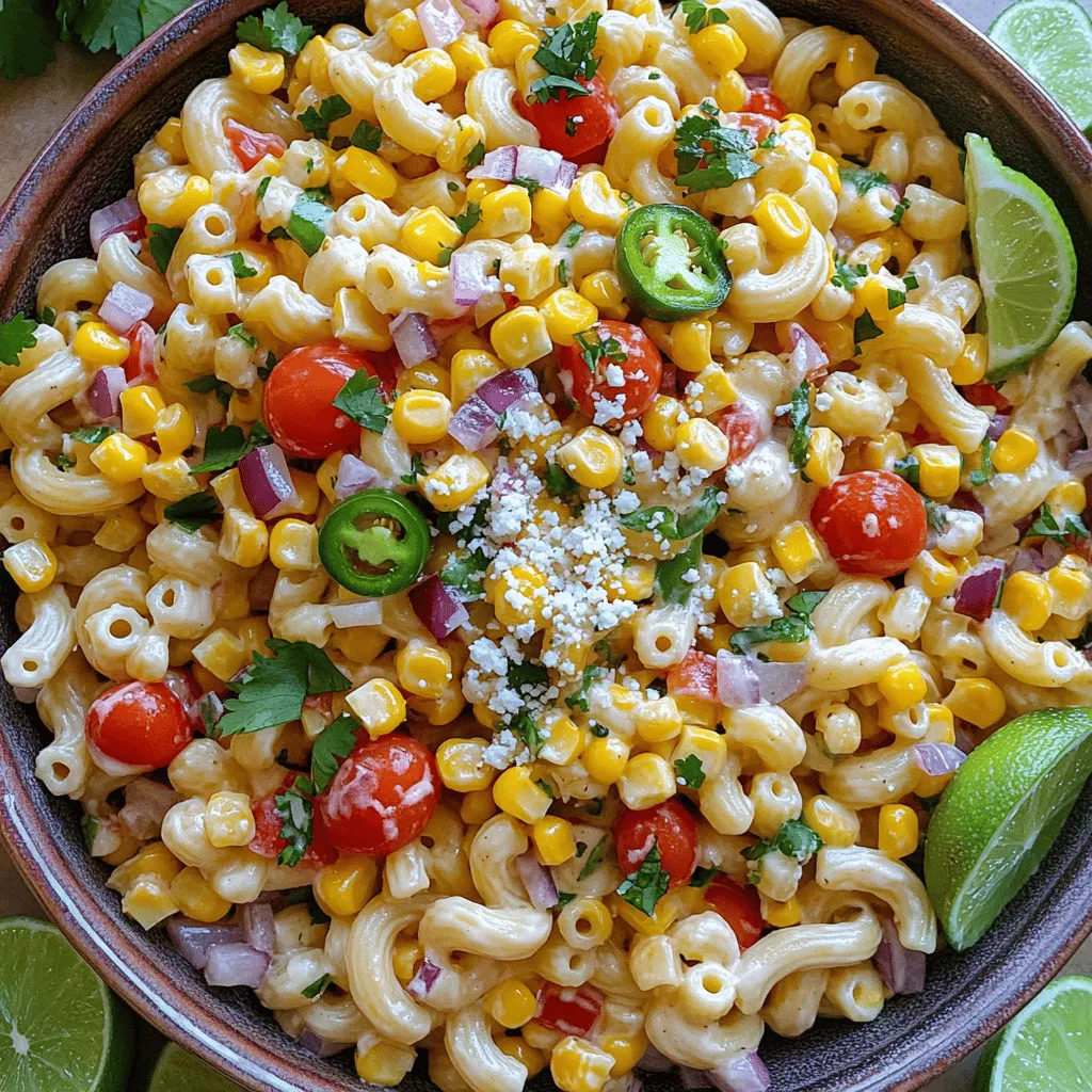 To make this vibrant salad, you will need: - 8 oz elbow macaroni or fusilli pasta - 2 cups corn kernels (fresh, frozen, or canned) - 1 red bell pepper, diced - 1 jalapeño, seeded and finely minced - ½ cup red onion, finely chopped - 1 cup cherry tomatoes, halved - ½ cup crumbled cotija cheese - ¼ cup fresh cilantro, chopped - 3 tablespoons mayonnaise - 2 tablespoons sour cream - 2 tablespoons freshly squeezed lime juice - 1 teaspoon chili powder - Salt and black pepper to taste If you're missing some ingredients, here are a few swaps: - Use any small pasta shape if you can't find elbow macaroni or fusilli. - Swap cotija cheese with feta or queso fresco for a similar flavor. - For a creamier texture, try Greek yogurt instead of sour cream. - Use corn salsa for a zesty kick instead of plain corn. This pasta salad can fit different diets: - For gluten-free, choose gluten-free pasta made from rice or quinoa. - If you want a vegan option, replace the mayonnaise and sour cream with vegan alternatives. - Omit the cheese or use a dairy-free cheese for a full vegan dish. - This salad is naturally vegetarian, making it a great choice for plant-based diets. Feel free to explore these options, customizing the salad to your taste and dietary needs! Start by boiling a large pot of salted water. The salt helps the pasta taste better. Once the water boils, add 8 oz of elbow macaroni or fusilli pasta. Cook it according to the package instructions. You want it to be al dente, which means it should be firm to the bite. This usually takes about 7-10 minutes. After cooking, drain the pasta and rinse it under cold water. This stops the cooking process and keeps it from getting mushy. While the pasta cools, heat a large skillet over medium heat. Add 2 cups of corn kernels. You can use fresh, frozen, or canned corn. Sauté the corn for about 5-7 minutes. Stir it occasionally until it gets a nice char and smells great. The charring brings out the corn's natural sweetness. Once it's done, remove it from the heat and let it cool. In a large mixing bowl, combine the cooled pasta and charred corn. Add your diced red bell pepper, minced jalapeño, finely chopped red onion, halved cherry tomatoes, and chopped cilantro. Mix everything gently to make sure the ingredients are evenly spread. This is where all the flavors start to come together. In a small bowl, whisk together the mayonnaise, sour cream, freshly squeezed lime juice, chili powder, and a pinch of salt and pepper. Whisk until the dressing is smooth and creamy. This dressing adds richness and ties the whole salad together. Drizzle the dressing over the pasta and vegetable mixture. Use a spatula to gently toss everything together. Make sure each piece is coated well with the dressing. After mixing, sprinkle ½ cup of crumbled cotija cheese over the top. Toss it lightly again to distribute the cheese. Finally, cover the salad with plastic wrap and chill it in the fridge for at least 30 minutes. This resting time lets the flavors meld beautifully. Serve it in a large bowl, and don't forget to garnish with extra cilantro and cotija cheese for that perfect touch. If you want, add lime wedges on the side for extra zest. Enjoy your meal! For more details, check the Full Recipe. To make your Mexican Street Corn Pasta Salad burst with flavor, use fresh corn. The natural sweetness of fresh corn adds depth. Lightly charring it in a skillet enhances its taste. Sauté the corn until it gets a nice golden color. This step gives it a smoky flavor that pairs well with the other ingredients. Don't forget the lime juice! It brightens the dish and balances the creaminess of the dressing. Prep your ingredients ahead of time. Chop the vegetables and make the dressing before cooking the pasta. You can even cook the pasta a day in advance. Store it in the fridge with a bit of olive oil to prevent sticking. If you’re short on time, use frozen corn. It cooks quickly and still tastes great. Canned corn works too, but rinse it well to remove excess salt. Serve your salad in a large, colorful bowl to show off its vibrant colors. Garnish with extra chopped cilantro and a sprinkle of cotija cheese on top. This adds a nice visual touch. For extra zing, add lime wedges on the side. Guests can squeeze fresh lime juice over their servings. This small detail makes the dish even more appealing and fun! {{image_4}} You can make this dish even heartier by adding proteins. Grilled chicken adds a smoky flavor. Just chop it into bite-sized pieces and toss it in. Shrimp is another great option. Cook them until they are pink and tender. Then mix them in with the pasta and veggies. You can also try black beans for a nice twist. They boost the protein and add a creamy texture. To make this dish vegetarian, keep the cheese but skip the meat. You can use more veggies like avocado or zucchini. For a vegan option, swap the cotija cheese for a plant-based version. Use vegan mayonnaise and sour cream to keep the creaminess. This way, everyone can enjoy the salad. The dressing can change the whole vibe of your salad. For a zesty kick, add some chipotle sauce to the mayo. This will give a smoky flavor. If you want it creamier, mix in some Greek yogurt. For a refreshing twist, try using a vinaigrette made with olive oil and lime juice. This adds bright notes that pair well with the corn and peppers. These variations let you customize the salad to fit any taste or diet you want. Enjoy experimenting! You can find the Full Recipe to get started. To store your Mexican Street Corn Pasta Salad, place it in an airtight container. Make sure to seal it tightly. This keeps moisture in and air out. If you have any leftover cotija cheese, store it separately to maintain its texture. The salad stays fresh in the fridge for about 3 to 5 days. After that, the flavors may fade. If it looks or smells off, it's best to toss it away. Always check before eating leftovers. You can serve this dish chilled or at room temperature. If you prefer it warm, gently heat it in a skillet over low heat. Add a splash of lime juice to brighten the flavors. If it's too dry, mix in a bit of dressing. Enjoy this refreshing dish anytime! Mexican Street Corn Pasta Salad mixes pasta with fresh corn and bold flavors. It takes inspiration from elote, a popular Mexican street food. This dish includes ingredients like corn, jalapeño, and cotija cheese. The creamy dressing adds a tangy kick, making it a delightful summer dish. Yes, you can make this salad ahead of time. It tastes better when chilled for at least 30 minutes. You can prepare the salad a few hours or even a day in advance. Just store it in the fridge until you’re ready to serve. To make it spicier, add more jalapeño or some diced serrano peppers. You can also include a dash of hot sauce in the dressing. For a milder version, use less jalapeño or remove the seeds. You can also skip the chili powder if you want to tone it down. This pasta salad pairs nicely with grilled meats like chicken or shrimp. It also goes well with tacos or quesadillas. For a light meal, serve it with a crisp green salad. Add some fresh lime wedges on the side for an extra zing. You can find the complete recipe for Mexican Street Corn Pasta Salad [Full Recipe]. Be sure to explore different variations and tips to make this dish your own! This article covered everything you need for Mexican Street Corn Pasta Salad. You learned about the ingredients, cooking steps, and tips for great flavor. The recipe can fit many diets and offers tasty variations. Plus, you know how to store leftovers. In the end, this dish is fun and easy to make. Whether for a meal or a gathering, it will impress everyone. Enjoy creating and sharing this tasty salad!