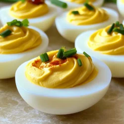 - 6 large eggs - 3 tablespoons mayonnaise - 1 teaspoon Dijon mustard - 1 teaspoon apple cider vinegar - 1/4 teaspoon smoked paprika - Salt and pepper to taste - Fresh chives (for garnish) - 1/2 teaspoon sriracha (optional) In this recipe, you start with six large eggs. These eggs provide the base for your deviled eggs. Mayonnaise adds creaminess, while Dijon mustard gives a slight tang. Apple cider vinegar brightens the flavor. Smoked paprika brings a warm, smoky finish. Salt and pepper enhance the taste. Fresh chives offer a nice pop of color and freshness. If you like heat, add sriracha for an extra kick. - Additional spices (e.g., cayenne pepper) - Pickled onions - Bacon bits You can personalize your deviled eggs with various toppings. Sprinkle cayenne pepper for heat. Pickled onions add a sweet and tangy crunch. Bacon bits provide a savory crunch. These options let you explore different flavors and textures. Enjoy making your deviled eggs uniquely yours! For the full recipe, refer to the Devilish Delight Deviled Eggs. To make perfect deviled eggs, start by boiling the eggs. Place six large eggs in a pot. Cover them with cold water, at least one inch above the eggs. Heat it over medium-high heat until it boils. Once boiling, cover the pot and remove it from heat. Let the eggs sit for twelve minutes. This helps them cook evenly. After twelve minutes, move the eggs to a bowl of ice water. This cools them down quickly and stops cooking. Let them sit in the ice water for about ten minutes. Now, it's time to peel the eggs. Crack the shells gently on a hard surface. Peeling them under running water makes it easier. The water helps the shell come off cleanly. Next, we will make the filling. Slice each egg in half lengthwise. Scoop out the yolks and place them in a bowl. Set aside the egg whites for later. Add three tablespoons of mayonnaise to the yolks. Then mix in one teaspoon of Dijon mustard, one teaspoon of apple cider vinegar, and a quarter teaspoon of smoked paprika. Don’t forget a pinch of salt and pepper. If you want some heat, add half a teaspoon of sriracha. Use a fork to mash the yolks and mix well. Keep mashing until the mixture is creamy and smooth. Taste it and adjust seasoning if needed. This filling should be rich and flavorful. Now it’s time to fill the egg whites with your yolk mixture. You can use a spoon or a piping bag for this. A piping bag makes it look neater and more fun. If you use a spoon, just be careful not to overfill. Aim for a nice dome on each egg half. For a beautiful finish, sprinkle a little smoked paprika on top. Garnish with finely chopped fresh chives for color and flavor. Arrange the deviled eggs on a decorative platter. You can even drizzle some sriracha around the platter for flair. Enjoy your gorgeous, classic deviled eggs! To make the best deviled eggs, timing is key. Start by boiling your eggs for 12 minutes. This gives you firm yolks without a gray ring. Place the eggs in icy water right after boiling. This helps them cool down fast and makes peeling easy. Adjusting the seasoning can enhance flavor. Try adding more mustard for a tangy kick or more vinegar for brightness. Salt and pepper should always be used to taste. Deviled eggs can look fancy without much effort. For parties, arrange them on a colorful platter. Add a drizzle of sriracha around the eggs for a vibrant touch. You can also sprinkle extra paprika for a pop of color. Use a piping bag to fill the egg whites neatly. This creates a fun, swirly look. Garnish with fresh chives for that gourmet touch. One common mistake is overcooking the eggs. This makes them rubbery and dry. Keep an eye on the timer! Another mistake is not balancing the seasoning. Too much salt can overpower the dish. Taste as you go and adjust as needed. Remember, the goal is a creamy, flavorful filling that makes everyone smile. {{image_4}} To add heat to your deviled eggs, try using hot sauces. You can use any brand you like, but sriracha works great. This sauce gives a nice kick without being too overwhelming. You can also add fresh jalapeños. Just chop them finely and mix them with the yolk filling. This adds a fresh crunch and a spicy bite that many love. For a fancier touch, think about adding avocado. Mash ripe avocado with your yolks for a creamy texture. You can also try smoked salmon. Just chop it up and mix it in for a rich flavor. Want something unique? Consider flavor combos like curry powder or truffle oil. These additions can turn simple deviled eggs into gourmet bites. If you want a plant-based version, swap out the mayo. Use vegan mayo or even mashed chickpeas. Both options keep things creamy and tasty. To boost flavor, try adding lemon juice or fresh herbs. These simple swaps let everyone enjoy deviled eggs, no matter their diet. For the full recipe, check out the Full Recipe section. To keep deviled eggs fresh, store them in the fridge. Place them in an airtight container. This method helps prevent them from drying out. If you don’t have a container, cover them with plastic wrap. Deviled eggs are best eaten within 2 to 3 days. After this time, they may lose quality and flavor. Can you freeze deviled eggs? I do not recommend freezing them. Freezing changes the texture of the eggs, making them watery and unappetizing. However, if you want to prepare in advance, you can freeze the yolk mixture. Store it in a separate container. When ready to use, thaw it in the fridge overnight. Then, fill the egg whites right before serving. This keeps your deviled eggs fresh and tasty. To boil eggs for deviled eggs, I suggest a simple method. Place your eggs in a pot and cover them with cold water. The water should be at least one inch above the eggs. Heat the pot on medium-high until the water boils. Once it boils, cover the pot and remove it from heat. Let the eggs sit for 12 minutes. This method helps to cook the eggs evenly. After 12 minutes, put the eggs in ice water for about 10 minutes. This cools them down and makes peeling easier. Yes, deviled eggs can be made ahead of time. You can prepare them up to two days in advance. Store the filled eggs in the fridge. Keep them covered with plastic wrap to prevent drying out. If you plan to make them early, add fresh toppings just before serving. This keeps them looking their best. If your deviled eggs taste bland, there are easy ways to boost the flavor. Start by adding a bit more salt and pepper. You can also mix in spices like cayenne pepper or paprika. Adding a splash of hot sauce gives a nice kick. For extra depth, try adding a bit of pickle juice or capers. Fresh herbs like chives or dill can brighten the taste too. Feel free to experiment with flavors until you find your perfect mix. You learned how to make classic deviled eggs with our easy steps. From ingredients to optional toppings, you can customize your recipe to suit your taste. Remember to avoid common mistakes, like overcooking the eggs, for the best results. Try variations for spicy or gourmet flavors too. With storage tips, you can keep your deviled eggs fresh longer. Enjoy making this versatile dish for any occasion! Your next gathering will impress with these tasty deviled eggs.