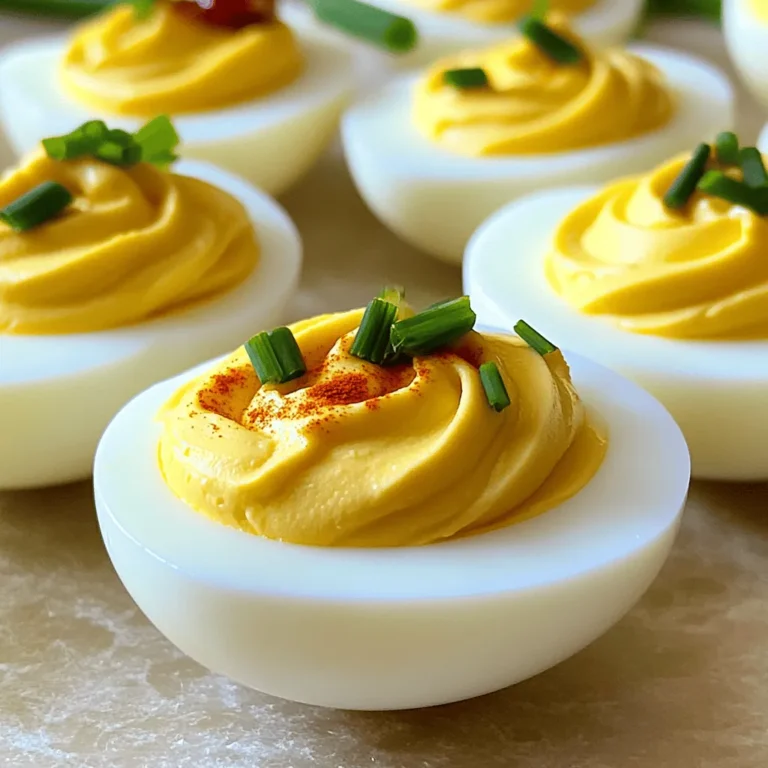 - 6 large eggs - 3 tablespoons mayonnaise - 1 teaspoon Dijon mustard - 1 teaspoon apple cider vinegar - 1/4 teaspoon smoked paprika - Salt and pepper to taste - Fresh chives (for garnish) - 1/2 teaspoon sriracha (optional) In this recipe, you start with six large eggs. These eggs provide the base for your deviled eggs. Mayonnaise adds creaminess, while Dijon mustard gives a slight tang. Apple cider vinegar brightens the flavor. Smoked paprika brings a warm, smoky finish. Salt and pepper enhance the taste. Fresh chives offer a nice pop of color and freshness. If you like heat, add sriracha for an extra kick. - Additional spices (e.g., cayenne pepper) - Pickled onions - Bacon bits You can personalize your deviled eggs with various toppings. Sprinkle cayenne pepper for heat. Pickled onions add a sweet and tangy crunch. Bacon bits provide a savory crunch. These options let you explore different flavors and textures. Enjoy making your deviled eggs uniquely yours! For the full recipe, refer to the Devilish Delight Deviled Eggs. To make perfect deviled eggs, start by boiling the eggs. Place six large eggs in a pot. Cover them with cold water, at least one inch above the eggs. Heat it over medium-high heat until it boils. Once boiling, cover the pot and remove it from heat. Let the eggs sit for twelve minutes. This helps them cook evenly. After twelve minutes, move the eggs to a bowl of ice water. This cools them down quickly and stops cooking. Let them sit in the ice water for about ten minutes. Now, it's time to peel the eggs. Crack the shells gently on a hard surface. Peeling them under running water makes it easier. The water helps the shell come off cleanly. Next, we will make the filling. Slice each egg in half lengthwise. Scoop out the yolks and place them in a bowl. Set aside the egg whites for later. Add three tablespoons of mayonnaise to the yolks. Then mix in one teaspoon of Dijon mustard, one teaspoon of apple cider vinegar, and a quarter teaspoon of smoked paprika. Don’t forget a pinch of salt and pepper. If you want some heat, add half a teaspoon of sriracha. Use a fork to mash the yolks and mix well. Keep mashing until the mixture is creamy and smooth. Taste it and adjust seasoning if needed. This filling should be rich and flavorful. Now it’s time to fill the egg whites with your yolk mixture. You can use a spoon or a piping bag for this. A piping bag makes it look neater and more fun. If you use a spoon, just be careful not to overfill. Aim for a nice dome on each egg half. For a beautiful finish, sprinkle a little smoked paprika on top. Garnish with finely chopped fresh chives for color and flavor. Arrange the deviled eggs on a decorative platter. You can even drizzle some sriracha around the platter for flair. Enjoy your gorgeous, classic deviled eggs! To make the best deviled eggs, timing is key. Start by boiling your eggs for 12 minutes. This gives you firm yolks without a gray ring. Place the eggs in icy water right after boiling. This helps them cool down fast and makes peeling easy. Adjusting the seasoning can enhance flavor. Try adding more mustard for a tangy kick or more vinegar for brightness. Salt and pepper should always be used to taste. Deviled eggs can look fancy without much effort. For parties, arrange them on a colorful platter. Add a drizzle of sriracha around the eggs for a vibrant touch. You can also sprinkle extra paprika for a pop of color. Use a piping bag to fill the egg whites neatly. This creates a fun, swirly look. Garnish with fresh chives for that gourmet touch. One common mistake is overcooking the eggs. This makes them rubbery and dry. Keep an eye on the timer! Another mistake is not balancing the seasoning. Too much salt can overpower the dish. Taste as you go and adjust as needed. Remember, the goal is a creamy, flavorful filling that makes everyone smile. {{image_4}} To add heat to your deviled eggs, try using hot sauces. You can use any brand you like, but sriracha works great. This sauce gives a nice kick without being too overwhelming. You can also add fresh jalapeños. Just chop them finely and mix them with the yolk filling. This adds a fresh crunch and a spicy bite that many love. For a fancier touch, think about adding avocado. Mash ripe avocado with your yolks for a creamy texture. You can also try smoked salmon. Just chop it up and mix it in for a rich flavor. Want something unique? Consider flavor combos like curry powder or truffle oil. These additions can turn simple deviled eggs into gourmet bites. If you want a plant-based version, swap out the mayo. Use vegan mayo or even mashed chickpeas. Both options keep things creamy and tasty. To boost flavor, try adding lemon juice or fresh herbs. These simple swaps let everyone enjoy deviled eggs, no matter their diet. For the full recipe, check out the Full Recipe section. To keep deviled eggs fresh, store them in the fridge. Place them in an airtight container. This method helps prevent them from drying out. If you don’t have a container, cover them with plastic wrap. Deviled eggs are best eaten within 2 to 3 days. After this time, they may lose quality and flavor. Can you freeze deviled eggs? I do not recommend freezing them. Freezing changes the texture of the eggs, making them watery and unappetizing. However, if you want to prepare in advance, you can freeze the yolk mixture. Store it in a separate container. When ready to use, thaw it in the fridge overnight. Then, fill the egg whites right before serving. This keeps your deviled eggs fresh and tasty. To boil eggs for deviled eggs, I suggest a simple method. Place your eggs in a pot and cover them with cold water. The water should be at least one inch above the eggs. Heat the pot on medium-high until the water boils. Once it boils, cover the pot and remove it from heat. Let the eggs sit for 12 minutes. This method helps to cook the eggs evenly. After 12 minutes, put the eggs in ice water for about 10 minutes. This cools them down and makes peeling easier. Yes, deviled eggs can be made ahead of time. You can prepare them up to two days in advance. Store the filled eggs in the fridge. Keep them covered with plastic wrap to prevent drying out. If you plan to make them early, add fresh toppings just before serving. This keeps them looking their best. If your deviled eggs taste bland, there are easy ways to boost the flavor. Start by adding a bit more salt and pepper. You can also mix in spices like cayenne pepper or paprika. Adding a splash of hot sauce gives a nice kick. For extra depth, try adding a bit of pickle juice or capers. Fresh herbs like chives or dill can brighten the taste too. Feel free to experiment with flavors until you find your perfect mix. You learned how to make classic deviled eggs with our easy steps. From ingredients to optional toppings, you can customize your recipe to suit your taste. Remember to avoid common mistakes, like overcooking the eggs, for the best results. Try variations for spicy or gourmet flavors too. With storage tips, you can keep your deviled eggs fresh longer. Enjoy making this versatile dish for any occasion! Your next gathering will impress with these tasty deviled eggs.