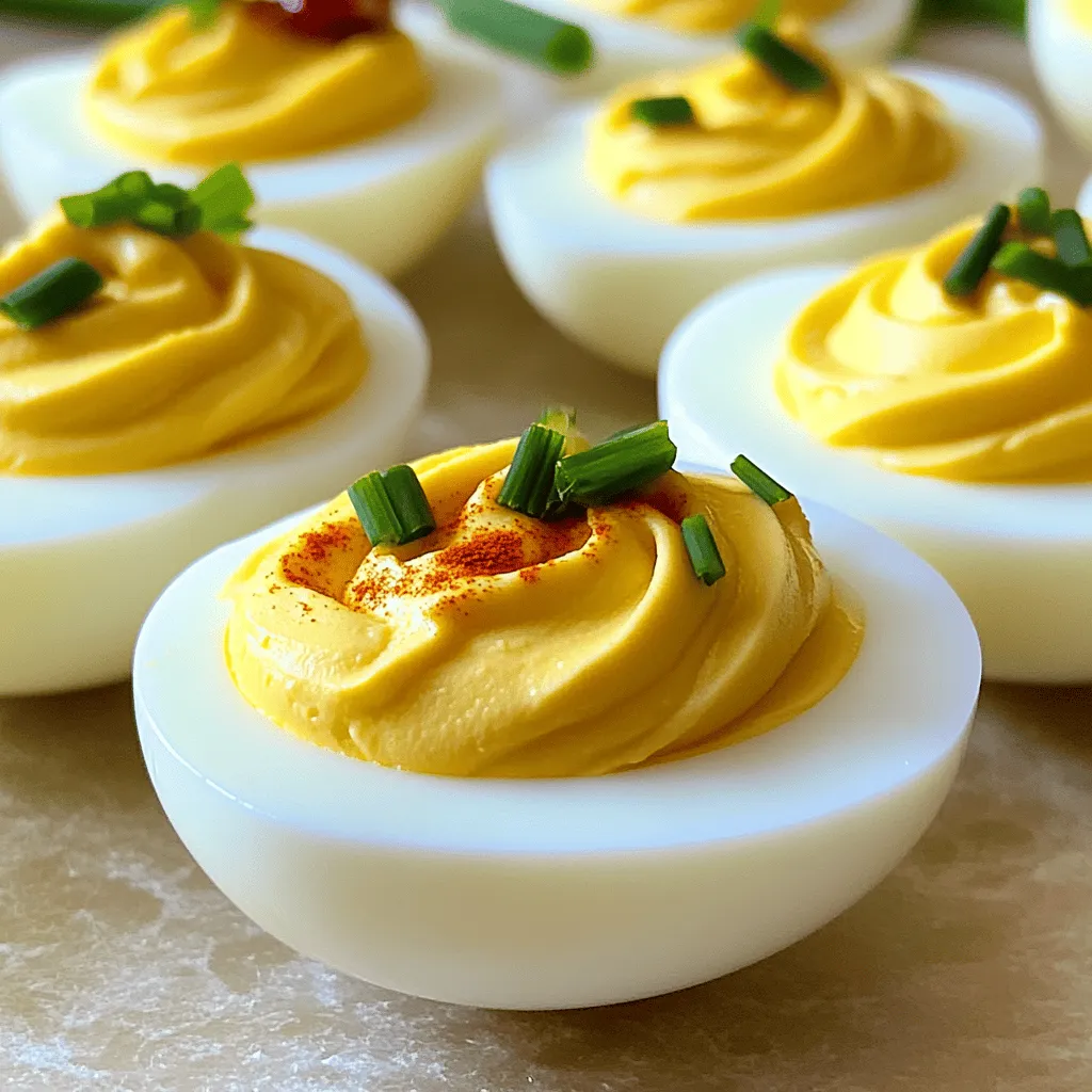 - 6 large eggs - 3 tablespoons mayonnaise - 1 teaspoon Dijon mustard - 1 teaspoon apple cider vinegar - 1/4 teaspoon smoked paprika - Salt and pepper to taste - Fresh chives (for garnish) - 1/2 teaspoon sriracha (optional) In this recipe, you start with six large eggs. These eggs provide the base for your deviled eggs. Mayonnaise adds creaminess, while Dijon mustard gives a slight tang. Apple cider vinegar brightens the flavor. Smoked paprika brings a warm, smoky finish. Salt and pepper enhance the taste. Fresh chives offer a nice pop of color and freshness. If you like heat, add sriracha for an extra kick. - Additional spices (e.g., cayenne pepper) - Pickled onions - Bacon bits You can personalize your deviled eggs with various toppings. Sprinkle cayenne pepper for heat. Pickled onions add a sweet and tangy crunch. Bacon bits provide a savory crunch. These options let you explore different flavors and textures. Enjoy making your deviled eggs uniquely yours! For the full recipe, refer to the Devilish Delight Deviled Eggs. To make perfect deviled eggs, start by boiling the eggs. Place six large eggs in a pot. Cover them with cold water, at least one inch above the eggs. Heat it over medium-high heat until it boils. Once boiling, cover the pot and remove it from heat. Let the eggs sit for twelve minutes. This helps them cook evenly. After twelve minutes, move the eggs to a bowl of ice water. This cools them down quickly and stops cooking. Let them sit in the ice water for about ten minutes. Now, it's time to peel the eggs. Crack the shells gently on a hard surface. Peeling them under running water makes it easier. The water helps the shell come off cleanly. Next, we will make the filling. Slice each egg in half lengthwise. Scoop out the yolks and place them in a bowl. Set aside the egg whites for later. Add three tablespoons of mayonnaise to the yolks. Then mix in one teaspoon of Dijon mustard, one teaspoon of apple cider vinegar, and a quarter teaspoon of smoked paprika. Don’t forget a pinch of salt and pepper. If you want some heat, add half a teaspoon of sriracha. Use a fork to mash the yolks and mix well. Keep mashing until the mixture is creamy and smooth. Taste it and adjust seasoning if needed. This filling should be rich and flavorful. Now it’s time to fill the egg whites with your yolk mixture. You can use a spoon or a piping bag for this. A piping bag makes it look neater and more fun. If you use a spoon, just be careful not to overfill. Aim for a nice dome on each egg half. For a beautiful finish, sprinkle a little smoked paprika on top. Garnish with finely chopped fresh chives for color and flavor. Arrange the deviled eggs on a decorative platter. You can even drizzle some sriracha around the platter for flair. Enjoy your gorgeous, classic deviled eggs! To make the best deviled eggs, timing is key. Start by boiling your eggs for 12 minutes. This gives you firm yolks without a gray ring. Place the eggs in icy water right after boiling. This helps them cool down fast and makes peeling easy. Adjusting the seasoning can enhance flavor. Try adding more mustard for a tangy kick or more vinegar for brightness. Salt and pepper should always be used to taste. Deviled eggs can look fancy without much effort. For parties, arrange them on a colorful platter. Add a drizzle of sriracha around the eggs for a vibrant touch. You can also sprinkle extra paprika for a pop of color. Use a piping bag to fill the egg whites neatly. This creates a fun, swirly look. Garnish with fresh chives for that gourmet touch. One common mistake is overcooking the eggs. This makes them rubbery and dry. Keep an eye on the timer! Another mistake is not balancing the seasoning. Too much salt can overpower the dish. Taste as you go and adjust as needed. Remember, the goal is a creamy, flavorful filling that makes everyone smile. {{image_4}} To add heat to your deviled eggs, try using hot sauces. You can use any brand you like, but sriracha works great. This sauce gives a nice kick without being too overwhelming. You can also add fresh jalapeños. Just chop them finely and mix them with the yolk filling. This adds a fresh crunch and a spicy bite that many love. For a fancier touch, think about adding avocado. Mash ripe avocado with your yolks for a creamy texture. You can also try smoked salmon. Just chop it up and mix it in for a rich flavor. Want something unique? Consider flavor combos like curry powder or truffle oil. These additions can turn simple deviled eggs into gourmet bites. If you want a plant-based version, swap out the mayo. Use vegan mayo or even mashed chickpeas. Both options keep things creamy and tasty. To boost flavor, try adding lemon juice or fresh herbs. These simple swaps let everyone enjoy deviled eggs, no matter their diet. For the full recipe, check out the Full Recipe section. To keep deviled eggs fresh, store them in the fridge. Place them in an airtight container. This method helps prevent them from drying out. If you don’t have a container, cover them with plastic wrap. Deviled eggs are best eaten within 2 to 3 days. After this time, they may lose quality and flavor. Can you freeze deviled eggs? I do not recommend freezing them. Freezing changes the texture of the eggs, making them watery and unappetizing. However, if you want to prepare in advance, you can freeze the yolk mixture. Store it in a separate container. When ready to use, thaw it in the fridge overnight. Then, fill the egg whites right before serving. This keeps your deviled eggs fresh and tasty. To boil eggs for deviled eggs, I suggest a simple method. Place your eggs in a pot and cover them with cold water. The water should be at least one inch above the eggs. Heat the pot on medium-high until the water boils. Once it boils, cover the pot and remove it from heat. Let the eggs sit for 12 minutes. This method helps to cook the eggs evenly. After 12 minutes, put the eggs in ice water for about 10 minutes. This cools them down and makes peeling easier. Yes, deviled eggs can be made ahead of time. You can prepare them up to two days in advance. Store the filled eggs in the fridge. Keep them covered with plastic wrap to prevent drying out. If you plan to make them early, add fresh toppings just before serving. This keeps them looking their best. If your deviled eggs taste bland, there are easy ways to boost the flavor. Start by adding a bit more salt and pepper. You can also mix in spices like cayenne pepper or paprika. Adding a splash of hot sauce gives a nice kick. For extra depth, try adding a bit of pickle juice or capers. Fresh herbs like chives or dill can brighten the taste too. Feel free to experiment with flavors until you find your perfect mix. You learned how to make classic deviled eggs with our easy steps. From ingredients to optional toppings, you can customize your recipe to suit your taste. Remember to avoid common mistakes, like overcooking the eggs, for the best results. Try variations for spicy or gourmet flavors too. With storage tips, you can keep your deviled eggs fresh longer. Enjoy making this versatile dish for any occasion! Your next gathering will impress with these tasty deviled eggs.