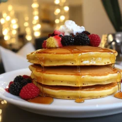 - 1 cup ricotta cheese - 1 cup all-purpose flour - 2 tablespoons granulated sugar - 2 teaspoons baking powder - 1/4 teaspoon fine salt - 1 cup whole milk - 3 large eggs - 1 teaspoon pure vanilla extract - 2 tablespoons unsalted butter, melted (and slightly cooled) - Butter or oil for cooking pancakes Fluffy ricotta pancakes are a treat everyone loves. The ricotta cheese adds a creamy texture and rich flavor. You’ll want to gather the main ingredients first. Ricotta cheese is key for that fluffiness. Next, we have all-purpose flour and sugar. The flour gives structure, while sugar adds sweetness. Baking powder helps the pancakes rise. Don’t forget the salt, as it brings out the flavors. Now, let’s move to the wet ingredients. Whole milk keeps the batter moist. Eggs add richness and help bind everything. Vanilla extract provides a lovely aroma. Finally, melted butter adds flavor and moisture. For cooking, you will need butter or oil. This ensures the pancakes won’t stick to the pan. These ingredients combine to make delicious pancakes. You can find the full recipe to see how they all come together. Enjoy making this delightful dish! - In a large bowl, mix the ricotta cheese, milk, eggs, and vanilla extract. Use a whisk to blend until smooth. - In another bowl, sift together the all-purpose flour, sugar, baking powder, baking soda, and salt. This helps mix the dry ingredients evenly. - Gradually fold the dry mix into the ricotta blend. Use a spatula and stir gently until combined. Small lumps are okay; don’t overmix. - Now, add the melted butter to the batter. Fold it in gently until mixed well. - Preheat a non-stick skillet over medium-low heat. Lightly grease it with butter or oil. - Pour 1/4 cup of batter for each pancake onto the skillet. Cook until bubbles form on the surface, about 2-3 minutes. - Carefully flip the pancakes and cook for 2 more minutes until golden brown. - Keep cooking the rest of the batter. Adjust heat as needed to avoid burning. Add more grease if necessary. - Serve warm with maple syrup, fresh fruits, or powdered sugar. Enjoy your fluffy ricotta pancakes! To get fluffy pancakes, do not overmix the batter. Mixing too much makes them dense. Gently fold the dry ingredients into the wet ones. Small lumps are okay; they help keep the texture light. Adjust the skillet temperature for even cooking. A medium-low heat works best. If the heat is too high, the outside cooks too fast. You want golden brown pancakes, not burnt ones. I love topping my pancakes with pure maple syrup. Fresh fruits like berries or bananas add color and taste. You can also sprinkle powdered sugar on top for a sweet touch. For a great presentation, stack the pancakes high on a plate. Drizzle syrup generously over the top. Add a dollop of whipped cream for a lovely look. You can add spices like cinnamon or nutmeg for extra flavor. A pinch goes a long way, so use just a little. Incorporating chocolate chips or blueberries makes a fun twist. These can add sweetness and texture. Just fold them in gently with the batter before cooking. Try these ideas to make your fluffy ricotta pancakes even more special. For the full recipe, check back in the recipe section! {{image_4}} To keep your fluffy ricotta pancakes fresh, store them in the fridge. Place them in an airtight container. This helps maintain their soft texture. They will last up to three days in the fridge. When you're ready to eat, you can reheat them. For reheating, I suggest two methods: - Microwave: Place pancakes on a plate and cover with a damp paper towel. Heat for 30 seconds or until warm. - Skillet: Heat a little butter in a skillet over low heat. Add pancakes and warm them for 1-2 minutes on each side. Freezing is a great way to save pancakes for later. First, let them cool completely on a wire rack. Then, stack them with parchment paper in between. Place the stack in a freezer-safe bag or container. This method prevents them from sticking together. They can last up to two months in the freezer. To thaw, simply take out a pancake and leave it at room temperature for a few minutes. For reheating, use the microwave or skillet method mentioned above. If you microwave, add a splash of water to keep them moist. You can prepare pancake batter ahead of time. Just mix all the wet ingredients and dry ingredients separately, then combine them right before cooking. This saves time in the morning. If you want a quick breakfast, use leftover pancakes creatively. You can make a pancake sandwich with fresh fruit and yogurt. Or, cut them into strips and serve with syrup for dipping. Enjoy the fun and versatility of fluffy ricotta pancakes! - 1 cup ricotta cheese - 1 cup all-purpose flour - 2 tablespoons granulated sugar - 2 teaspoons baking powder - 1/2 teaspoon baking soda - 1/4 teaspoon fine salt - 1 cup whole milk - 3 large eggs - 1 teaspoon pure vanilla extract - 2 tablespoons unsalted butter, melted and slightly cooled - Extra butter or oil for cooking 1. In a bowl, mix the ricotta cheese, milk, eggs, and vanilla. Whisk until smooth. 2. In another bowl, sift the flour, sugar, baking powder, baking soda, and salt. 3. Slowly fold the dry mix into the wet mix with a spatula. Some lumps are fine. 4. Gently fold the melted butter into the batter. 5. Preheat a skillet on medium-low heat. Grease it lightly with butter or oil. 6. Pour 1/4 cup of batter for each pancake. Cook until bubbles form, about 2-3 minutes. 7. Flip pancakes and cook until golden brown, about 2 minutes more. 8. Serve warm with maple syrup, fresh fruit, or powdered sugar. To make your pancakes look amazing, stack them high on a plate. Drizzle warm maple syrup all over the top. Add a mix of fresh berries like strawberries, blueberries, and raspberries. A dollop of whipped cream on top makes it even better! This not only tastes good but also looks like a treat. Yes, you can use low-fat ricotta cheese. However, the pancakes may turn out less fluffy. Low-fat ricotta has less moisture and fat. This change affects the texture and flavor. The pancakes might be denser and not as rich. If you want fluffier pancakes, stick with whole milk ricotta. To know when your pancakes are done, look for bubbles. Bubbles should form on the surface as they cook. Once you see bubbles, it's time to flip them. After flipping, cook until both sides are golden brown. The pancakes should feel firm to the touch. You can make the batter ahead of time, but use it soon. Store it in the fridge for up to 24 hours. Before cooking, gently mix the batter again. It may thicken while in the fridge. Fresh batter gives the best texture and taste for your pancakes. For the full recipe, check the main section. In this post, we explored how to make fluffy ricotta pancakes. We covered the key ingredients, detailed step-by-step instructions, and shared valuable tips for the best results. Fluffy pancakes are easy with the right techniques. Remember to avoid overmixing for that perfect texture. Fresh pancakes, topped with syrup or fruit, make a delightful meal. Whether you store them, freeze them, or prep ahead, you can enjoy this dish anytime. With practice, your pancakes will impress everyone. Enjoy making and sharing them!