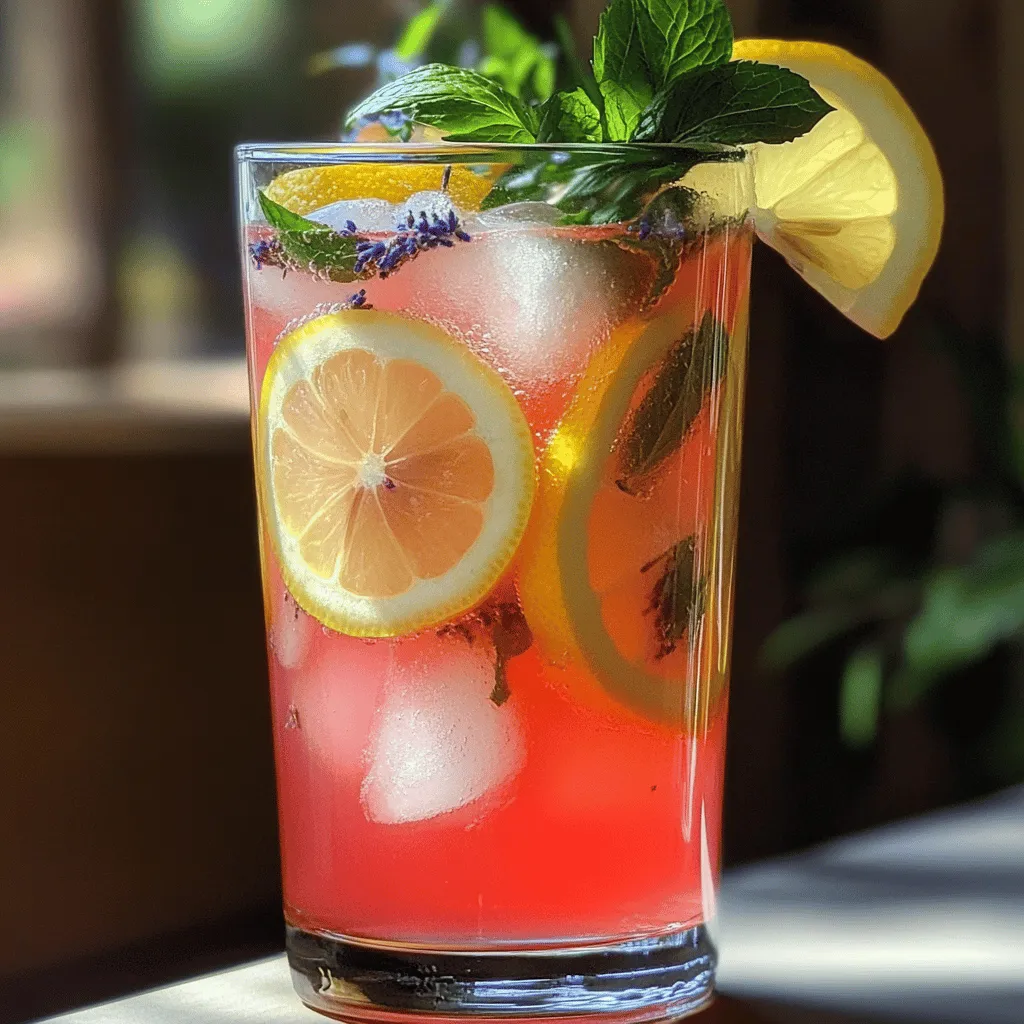 The ingredients for the Lychee Lavender Lemon Spritz are simple yet flavorful. Here’s what you need: - 1 cup lychee fruit, peeled and pitted - 2 tablespoons dried lavender flowers - 1/4 cup freshly squeezed lemon juice - 2 tablespoons honey or agave syrup - 3 cups sparkling water or club soda - Ice cubes - Garnish: lemon slices and fresh mint Lychee fruit adds a sweet and floral note. Dried lavender brings a lovely aroma. Fresh lemon juice adds brightness and zing. Choose honey or agave syrup based on your sweetness preference. Sparkling water or club soda gives it that refreshing fizz. The ice cubes keep your drink nice and cold. Finally, the lemon slices and mint make your drink look beautiful. Using fresh and quality ingredients makes all the difference. You can even find lychee fruit in cans if fresh ones are hard to find. I encourage you to explore local markets for fresh lavender. It can really enhance the flavor of your drink. This drink is perfect for warm days or outdoor parties. You can find the Full Recipe to guide you through the process. Enjoy crafting this delightful spritz! - Combine 1 cup of peeled and pitted lychee fruit with 2 tablespoons of dried lavender flowers and 1 cup of water in a small saucepan. - Heat the mixture over medium heat until it gently boils. Once boiling, reduce the heat and let it simmer for about 10 minutes. This helps the flavors blend nicely. - After simmering, remove the pan from the heat. Let the mixture steep for another 10 minutes. This step is key for infusing the syrup with great taste. - Strain the syrup through a fine-mesh sieve into a bowl, discarding the solids. You will have a fragrant liquid that smells amazing. - Add 1/4 cup of freshly squeezed lemon juice and 2 tablespoons of honey or agave syrup to the strained liquid. Mix it well until everything combines smoothly. - Allow the mixture to cool completely at room temperature before moving on. This will keep the drink refreshing. - Grab four glasses and fill each with ice cubes to keep your drink chilled. - Pour about 1/4 of the lychee-lavender-lemon mixture into each glass, filling them up. - Top off each glass with 3 cups of sparkling water or club soda, stirring gently to mix and keep the fizz. - For a lovely finish, garnish each spritz with a slice of lemon and a few fresh mint leaves. This adds visual appeal and a burst of flavor. For the full recipe, check out the complete guide to bring this delightful drink to life! - Adjusting sweetness to taste: Everyone has a different sweet tooth. Start with two tablespoons of honey or agave syrup. Taste it. Add more if you like it sweeter. Remember, you can always add, but you can't take away. - Fresh versus dried lavender: Fresh lavender provides a bright flavor. Dried lavender has a more subtle taste. If you use dried, use a little less. About one tablespoon should be just right. Experiment to find what you like best. - Importance of fresh lemon juice: Always use fresh lemon juice. It gives the drink a bright, zesty flavor. Bottled lemon juice lacks freshness and taste. Squeeze those lemons for the best results! - Best glassware for a spritz: Use tall, clear glasses to show off the beautiful layers of your drink. A highball glass or a spritz glass works great. These glasses let you enjoy the fizz and the color. - Pairing with snacks or appetizers: This drink goes well with light snacks. Try it with fresh fruit, cheese, or a light salad. The flavors complement each other perfectly. - Creative garnishing ideas: Add lemon slices and mint leaves for a fresh look. You can also try a sprig of fresh lavender as a garnish. It adds a touch of elegance to your glass. - Using edible flowers for decoration: Edible flowers make your drink pop! Use flowers like pansies or violets. They not only look pretty but add a hint of flavor too. Just make sure they are safe to eat! Feel free to explore the [Full Recipe] for more detailed instructions and a delightful treat! {{image_4}} You can switch out lychee for other tropical fruits. Mango adds a sweet twist. Pineapple brings a bright, tangy flavor. Passion fruit gives a unique taste and aroma. Each fruit creates a different vibe in your drink. To make a mocktail, skip the alcohol but keep the fun. Use the same steps as the original recipe. You can add more fruit juice, like orange or coconut, for extra flavor. You might also try adding a splash of herbal tea for depth. Flavored sparkling waters can change the drink's taste. Try cucumber or berry-infused waters for something new. You can also infuse your spritz with herbs like basil or rosemary. Just add small sprigs to the drink for a fresh aroma. This adds a unique touch to your refreshing drink. To store leftover syrup, pour it into a clean glass jar. Seal it tightly with a lid. Keep it in the fridge. The syrup lasts about one week. You can use it in drinks, desserts, or even drizzled on pancakes. It adds a lovely flavor boost. For assembled drinks, the key is to drink them right away. If you need to store them, cover them tightly. Keep them in the fridge for up to two hours. This helps keep the spritz fizzy. If you let it sit too long, it can go flat. Always add the sparkling water just before serving for the best taste. You can prepare the syrup a day ahead. This saves time for parties. Just mix the syrup and lemon juice, then chill. When ready to serve, add ice and sparkling water. For gatherings, make a big batch of syrup. This way, you can create more drinks without hassle. Just follow the Full Recipe for the perfect spritz! Lychee is a small, round fruit with a bumpy, red skin. Inside, it has white, juicy flesh. It is sweet and floral, with a hint of tartness. The taste reminds me of a mix between grapes and rose petals. You'll find lychee in many Asian dishes and drinks. Its unique flavor makes it a star in this refreshing spritz. Yes, you can! If you prefer, try using maple syrup, agave nectar, or stevia. Each sweetener will change the taste slightly. Maple syrup gives a rich, earthy note. Agave is light and mild, while stevia is much sweeter. You can adjust the amount to suit your taste. Just remember to mix well to ensure even sweetness. Absolutely! To make it a bit more fun, add a splash of gin, vodka, or rum. Gin pairs well with the floral notes. Vodka keeps the focus on the lychee and lemon. For rum, choose a light variety to maintain freshness. Start with one ounce of alcohol per glass, then adjust to your liking. Enjoy your spritz with a twist! [Full Recipe] This blog post guided you through making a delicious Lychee Lavender Spritz. We covered key ingredients like lychee, lavender, and fresh lemon juice. You learned the step-by-step process from syrup to spritz. I shared tips for perfecting flavors and creative serving suggestions. In the end, you can customize this drink to suit your taste. Enjoy experimenting with different fruits or sweeteners. Whether it's a fun party drink or a refreshing mocktail, this spritz is sure to impress. Happy mixing!