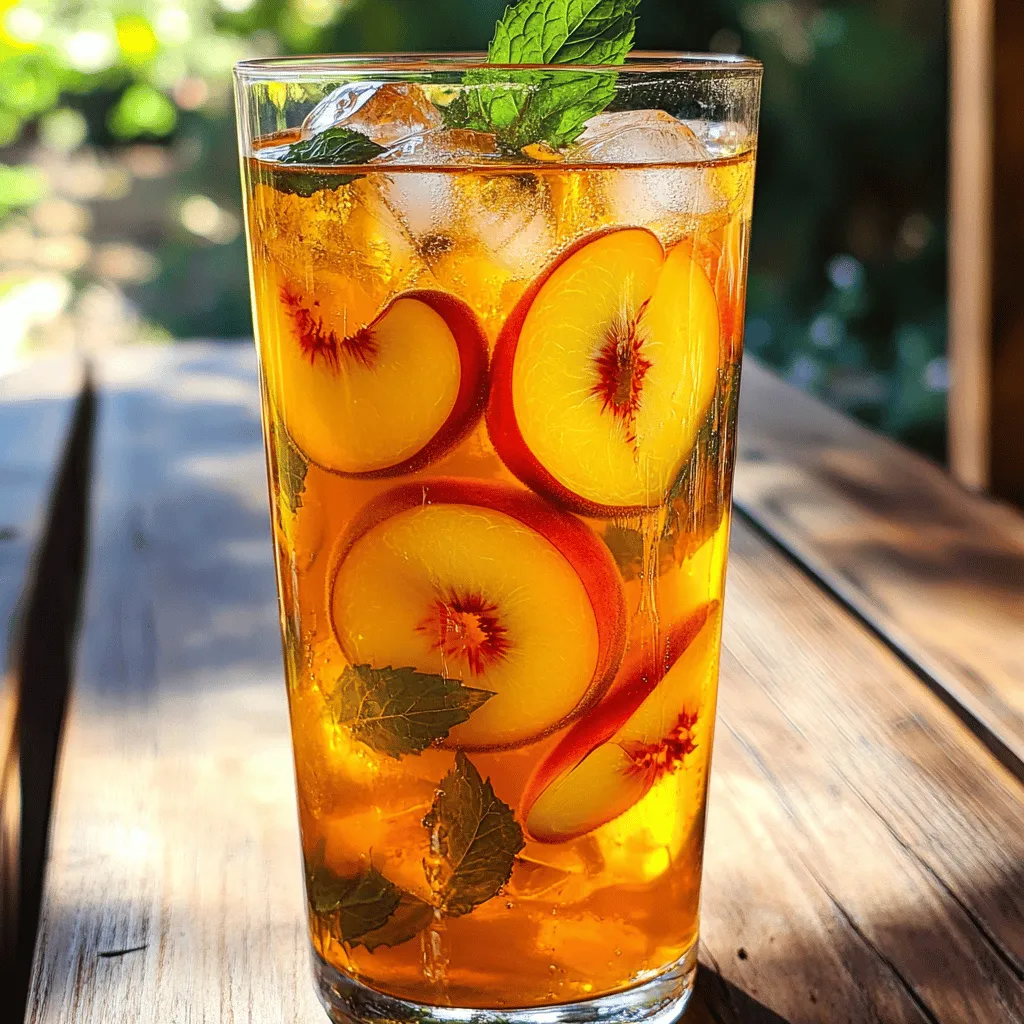To make a tasty peach iced tea, gather these simple ingredients: - Fresh or frozen peaches - Black tea bags or loose tea - Sweeteners (honey, sugar, or alternatives) - Optional garnishes (mint, lemon) Exact measurements help you create the best flavor. For a standard recipe, use: - 4 cups of water - 4 black tea bags or 4 teaspoons of loose black tea - 2 ripe peaches, pitted and thinly sliced - 1/4 cup honey (adjust sweetness as desired) - 1 tablespoon fresh lemon juice You can change these amounts based on your taste. If you like it sweeter, add more honey. If you want a stronger tea, steep it longer. For the best flavor, choose the right peaches. Look for ripe, juicy peaches. They should feel slightly soft and smell sweet. When selecting tea, black tea works best for iced tea. Choose high-quality loose leaf or bags for a richer taste. Avoid tea with added flavors; they can mask the peach's natural sweetness. By picking the best ingredients, you ensure a delightful drink. For the full recipe, check out the Peach Paradise Iced Tea . Start by boiling 4 cups of water in a medium saucepan. Use medium-high heat for this step. Once the water boils, remove it from heat. Add 4 black tea bags or 4 teaspoons of loose black tea. Let it steep for 5 to 7 minutes. If you like strong tea, steep it longer. For lighter tea, steep it shorter. While your tea steeps, prepare the peach puree. Take 2 ripe peaches, remove the pits, and slice them thin. Put the peach slices in a blender. Add 1/4 cup honey to the blender. Blend on high until smooth. You want it to look like a thick sauce. If it’s too thick, add a splash of water to help blend. After steeping, take out the tea bags. Pour the peach puree into the warm tea. Stir it well until mixed. To brighten the flavors, add 1 tablespoon of fresh lemon juice. Stir again until everything is combined. Now, let the tea cool to room temperature. Then, put it in the fridge for at least 1 to 2 hours. This makes the tea cold and refreshing. For the complete recipe, check out the [Full Recipe]. To make your peach iced tea even better, try adding spices. A pinch of cinnamon gives warmth. Fresh ginger adds a nice zing. You can also mix in other fruits. Berries like raspberries or strawberries work well. They add color and taste. When sweetening your tea, honey is a great choice. It blends well with peaches. Start with a little, then taste. If you like it sweeter, add more. You can also use sugar or agave syrup. For a unique twist, try maple syrup. For a lovely presentation, use clear glassware. This shows off the bright color of the tea. You can add a slice of lemon on the rim for fun. It looks nice and adds flavor. Garnishing is key. Use fresh mint leaves for a pop of green. Add extra peach slices for a beautiful touch. You can even freeze peach slices for ice cubes. They keep your drink cold without watering it down. If you want a sugar-free option, try stevia or monk fruit. These sweeteners can replace honey without adding calories. For a vegan version, just use plant-based sweeteners. If you need a caffeine-free drink, use herbal tea. Rooibos tea is a great choice. It has a sweet flavor that pairs nicely with peach. Just follow the same steps, and you’ll have a tasty drink! {{image_4}} Peach iced tea is more than just one drink. You can change it up in many fun ways. Here are some tasty ideas to try. Sparkling Peach Iced Tea To make a sparkling peach iced tea, use soda water. After blending the peaches, mix the puree with brewed tea. Pour in soda water for a fizzy touch. This drink is perfect for hot days. Peach Raspberry Iced Tea This recipe adds a twist. Blend fresh or frozen raspberries with the peach puree. Mix it into the tea for a sweet and tart flavor. It’s a great way to enjoy two fruits at once. Using Seasonal Fruits In summer, add strawberries for a bright flavor. In fall, use apples or pears for a cozy taste. Each season brings new fruits to try. Get creative with what you have on hand. Ideal Flavor Combinations for Each Season Match your fruits with herbs. In spring, mix peaches with basil. In winter, try peaches with cinnamon. These flavors make your iced tea even more exciting. Peach Iced Tea Cocktails Want to make your drink a bit stronger? Add vodka or gin to your peach iced tea. This twist makes a fun cocktail for parties. It can turn a simple drink into a festive treat. Blending with Spirits for a Refreshing Twist You can also try bourbon or rum. These spirits add depth and warmth. Mix them with your peach iced tea for a smooth finish. Enjoy a drink that feels both refreshing and special. For a full recipe, check out Peach Paradise Iced Tea . It’s a great way to start your peach iced tea adventure! To keep your peach iced tea fresh, use airtight containers. Glass jars work best. They do not hold odors and keep flavors intact. You can also use plastic pitchers with tight lids. Avoid using metal containers, as they can change the taste. To prevent flavor loss, ensure the tea is cooled before sealing. Store it in the fridge. This keeps your drink cold and refreshing for longer. How long does peach iced tea last? When stored correctly, it can last 3 to 5 days in the fridge. Always check for signs of spoilage. What are the signs of spoilage? If the tea smells off or appears cloudy, it’s best to discard it. Also, if you see any mold, throw it out right away. Do you have leftover peach iced tea? There are fun ways to use it! You can pour it into ice cube trays. Once frozen, you can use these cubes in other drinks. Another idea is to make peach iced tea popsicles. Just mix the tea with a bit of fruit puree or yogurt, pour into molds, and freeze. This creates a cool treat, perfect for hot days! Yes, you can use different types of tea! Green tea offers a lighter taste. Herbal tea adds unique flavors and can be caffeine-free. White tea is also a good choice for a subtle flavor. Feel free to experiment. Each tea brings its own charm to Peach Iced Tea. To cut down on sweetness, use less honey or sugar. You can also swap honey for agave syrup or stevia. Another option is to add more lemon juice. This will balance the flavors and reduce sweetness. Always taste as you go to find the right balance for you. Yes! You can prepare Peach Iced Tea a day ahead. Just follow the steps and chill it in the fridge. This allows the flavors to blend well. When you are ready to serve, pour it over ice. Garnish with mint and peach slices for a fresh look. If fresh peaches are not available, peach juice works great! You can also use peach nectar for a sweet touch. Simply blend it with the tea. This will still give you that lovely peach flavor. Adjust sweetness as needed to match your taste. Yes, frozen peaches are a great option! Just let them thaw slightly before blending. They will blend well into a smooth puree. Keep in mind that frozen peaches may be less sweet. You might want to add a touch more honey to balance that out. Peach iced tea is a delightful drink made with fresh or frozen peaches and quality tea. We discussed key ingredients, precise measurements, and how to enhance the flavor. I shared tips on serving and storage to help you enjoy it longer. Remember, you can customize this drink for different tastes and seasons. Whether you choose to make it alcoholic or keep it simple, peach iced tea can refresh any occasion. Experiment with flavors and enjoy your homemade treat!
