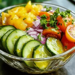 - 2 large cucumbers, thinly sliced - 1 large red onion, thinly sliced - 3 ripe tomatoes, diced into bite-sized pieces - 1/4 cup rice vinegar - 2 tablespoons extra virgin olive oil - 1 tablespoon honey (or agave syrup for a vegan option) - 1 teaspoon garlic powder - 1 teaspoon dried oregano - Salt and freshly ground black pepper, to taste - Fresh parsley, finely chopped (for garnish) To make marinated cucumbers, onions, and tomatoes, you need fresh, vibrant veggies. I always choose large cucumbers for crunch. Red onions add sweetness and color. Ripe tomatoes bring juiciness to the dish. For the dressing, rice vinegar gives a tangy kick. Olive oil adds smoothness. Honey sweetens it just right. Garlic powder and oregano lend depth, while salt and pepper enhance all the flavors. Garnish with fresh parsley for a pop of green. It makes the dish look beautiful and adds fresh flavor. This mix of ingredients creates a light, refreshing salad. Check the [Full Recipe] for exact steps on making this delight. Mixing the Vegetables Start by gathering your fresh produce. Grab 2 large cucumbers, 1 large red onion, and 3 ripe tomatoes. Thinly slice the cucumbers and onion. Dice the tomatoes into bite-sized pieces. Place all the vegetables in a large mixing bowl. Use your hands or a spoon to mix them gently. Make sure each veggie is spread out evenly. Preparing the Dressing In a separate small bowl, whisk together the dressing. Add 1/4 cup of rice vinegar, 2 tablespoons of extra virgin olive oil, and 1 tablespoon of honey. If you're vegan, use agave syrup instead. Then, add 1 teaspoon of garlic powder and 1 teaspoon of dried oregano. Season with salt and freshly ground black pepper to taste. Mix well until the honey dissolves and the ingredients blend nicely. Combining and Marinating Drizzle the dressing over your vegetable mixture. Use a large spoon to toss the salad. Make sure all the ingredients are coated in the zesty dressing. Cover the bowl tightly with plastic wrap or a lid. Place it in the refrigerator for at least 30 minutes. This allows the flavors to meld beautifully. After marinating, give the salad another gentle toss. Just before serving, garnish with finely chopped fresh parsley. This adds a nice pop of color and freshness. For the complete recipe, check the Full Recipe. Selecting Fresh Ingredients Start with fresh cucumbers, onions, and tomatoes. Look for vibrant colors and firm textures. Choose cucumbers with smooth skin. For tomatoes, pick ones that yield slightly to touch. Fresh produce enhances taste and crunch. Adjusting Flavors to Your Preference Taste your dressing before adding it to the veggies. You can adjust the sweetness or tanginess. If you like it sweeter, add more honey. For extra zest, increase the rice vinegar. Personalize it to match your palate. Marination Time Recommendations Let the salad marinate for at least 30 minutes. This time allows the flavors to blend well. If you have more time, marinate it for up to two hours. Just remember, longer marinating can make the veggies softer. Enjoy the crispness by not exceeding the 2-hour mark. For the complete method and ingredients, check the Full Recipe. {{image_4}} You can change up the flavors and textures in this salad. Adding bell peppers or radishes gives a nice crunch. Try using red or yellow bell peppers for sweetness. Radishes add a spicy kick. Incorporating avocado makes the dish creamy and rich. Slice the avocado and mix it in right before serving. This keeps it from browning. Utilizing fresh herbs like dill or basil brightens the dish. These herbs add fragrance and flavor. Toss in a handful to elevate your salad. You can also switch the dressing to make it your own. Substituting different vinegars can change the taste. Balsamic vinegar gives a sweet, deep flavor. Apple cider vinegar adds a hint of fruitiness. Making it spicier with jalapeños is fun if you like heat. Chop them finely and mix them into the dressing. Start with a small amount and taste as you go. If you're looking for vegan dressing options, use agave syrup instead of honey. This keeps the dish sweet without animal products. You can try adding a splash of lemon juice for brightness. For the Full Recipe, refer back to the beginning for all the details. To keep your marinated cucumbers, onions, and tomatoes fresh, store them in the fridge. Use an airtight container to lock in the flavors. This method helps prevent spoilage and keeps the veggies crisp. For best quality, consume the salad within three days. After that, the veggies may start to lose their crunch and flavor. Don't let leftovers go to waste! You can add them to a wrap or sandwich. They also make a great topping for grilled chicken or fish. Toss them into a grain bowl for extra flavor and crunch. When reheating, avoid high heat. Instead, use a microwave at low power to warm them gently. This way, you maintain the texture and taste. How long should I marinate the salad? You should marinate the salad for at least 30 minutes. This time lets the flavors blend well. The longer you marinate, the more intense the taste. I often let it sit for an hour. Can I prepare this salad ahead of time? Yes, you can make this salad ahead of time. I recommend preparing it a few hours before serving. This gives the flavors time to develop. Just keep it in the fridge until you are ready to eat. What is the best way to serve marinated cucumbers, onions, and tomatoes? Serve the salad in a clear glass bowl. This showcases the vibrant colors of the veggies. You can drizzle extra olive oil on top for added flavor. Garnish with fresh parsley for a nice touch. For the full recipe, check out the recipe section. This blog covered a simple and tasty salad recipe. You learned about key ingredients like cucumbers, onions, and tomatoes. I provided clear steps for mixing and marinating the salad. You discovered tips to select fresh produce and adjust flavors. We explored fun variations with different vegetables and dressings. Lastly, I shared storage tips to keep your salad fresh. I hope you feel confident making this marinated salad. Enjoy creating delicious meals that friends and family will love!