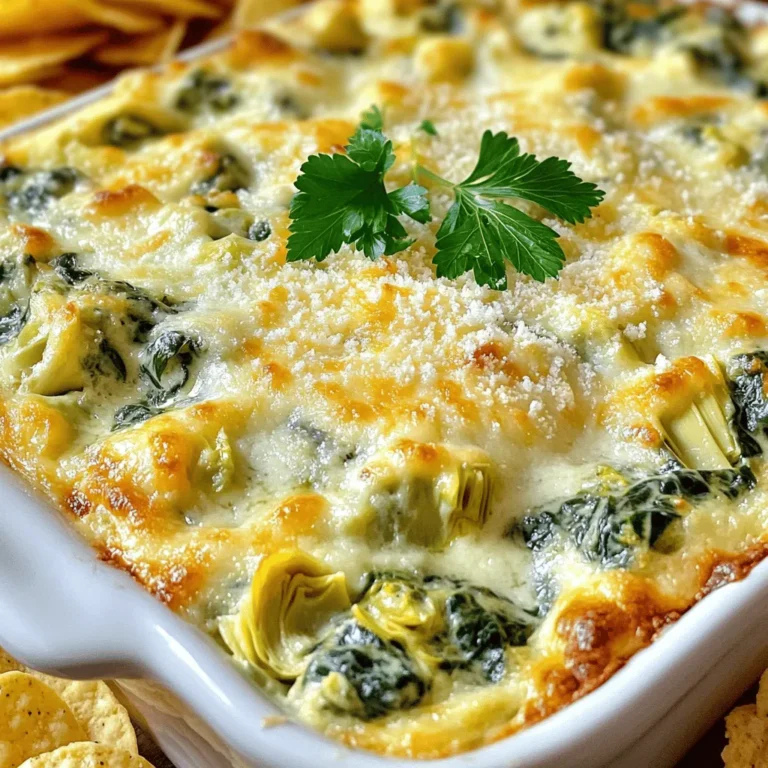 To make a great Cheesy Spinach Artichoke Dip, you will need a few simple ingredients. Here’s what you should gather: - Frozen spinach - Canned artichoke hearts - Cream cheese - Sour cream - Mayonnaise - Shredded mozzarella cheese - Grated Parmesan cheese - Minced garlic - Seasonings These ingredients come together to create a creamy and flavorful dish. I love using frozen spinach because it is easy and quick to prepare. Just thaw it and squeeze out the water. The canned artichoke hearts add a nice texture and taste. For the creamy base, I use cream cheese, sour cream, and mayonnaise. This combination gives the dip a rich and smooth feel. The shredded mozzarella and grated Parmesan provide that cheesy goodness we all crave. Don't forget the minced garlic! It brings a wonderful aroma and flavor to the mix. Lastly, adding some simple seasonings will enhance the taste. You can adjust the flavors based on your own preference. For the full recipe, check out my detailed steps in the next section! First, preheat your oven to 375°F (190°C). This step is key. A hot oven helps the dip cook evenly. It also makes sure the top gets that nice golden brown color. Next, take a large mixing bowl. Add the softened cream cheese, sour cream, and mayonnaise. Mix them well with a whisk or electric mixer. Blend until you have a smooth and creamy base. This creamy mix is the heart of your dip. Now, fold in the thawed spinach and chopped artichoke hearts. Take your time to mix them well. Then, add the minced garlic, onion powder, and crushed red pepper flakes if you like a bit of heat. Make sure everything is well combined. Transfer the mixture into a greased baking dish. Spread it evenly across the surface. Place it in the preheated oven and bake for 25 to 30 minutes. Keep an eye on it. You want it bubbling and golden brown on top. Once it’s baked, take it out and let it cool for about 5 minutes. This keeps you from burning your mouth. Serve the dip warm with tortilla chips, slices of baguette, or fresh veggies. For a nice touch, sprinkle some extra Parmesan cheese on top and add a sprig of parsley. Enjoy this creamy and flavorful dish! For the full recipe, check the recipe section above. Start with frozen spinach. It's easy to use and offers great taste. Look for canned artichoke hearts packed in water or brine. This adds nice flavor to the dip. For creaminess, use full-fat cream cheese. It blends nicely with sour cream and mayonnaise. Choose fresh garlic for a stronger taste. You can adjust the flavor based on your preference. To enhance the taste, add some spices. Onion powder gives a nice depth. If you like heat, add crushed red pepper flakes. This small amount really amps up the flavor. Always taste your mix before baking. Adjust the salt and pepper to your liking. This step is key for a tasty dip. If your dip is too thick, add a little more sour cream or mayonnaise. Mix until smooth. If it’s too runny, bake it a bit longer. This helps to thicken the dip. You want a creamy texture that holds up with chips or bread. Follow these tips, and your Cheesy Spinach Artichoke Dip will shine. For the full recipe, check out the entire guide. {{image_4}} You can make your cheesy spinach artichoke dip even better by adding spices. Try adding a pinch of smoked paprika for a nice, smoky flavor. A dash of cumin gives it warmth. For a bit of heat, add more crushed red pepper flakes. You could also mix in some fresh herbs, like basil or parsley. These herbs add freshness and a pop of color. If you want a lighter dip, swap some ingredients for healthier ones. Use Greek yogurt instead of sour cream and mayonnaise. This change cuts calories and adds protein. You can also use low-fat cream cheese. For a boost of nutrition, mix in chopped kale or fresh vegetables. This will give your dip more vitamins and fiber. Making this dip vegan is easy and just as tasty! Replace cream cheese with cashew cream or tofu. Use vegan mayonnaise in place of regular mayonnaise. For the cheese, try nutritional yeast for a cheesy flavor without dairy. You can also find vegan cheese blends that melt well. This way, everyone can enjoy the dip, no matter their diet. For the full recipe, check out Creamy Spinach Artichoke Delight. After you make Cheesy Spinach Artichoke Dip, let it cool. Cover it tightly with plastic wrap or place it in an airtight container. It can last up to three days in the fridge. When you want to enjoy it again, just remember to reheat before serving. If you want to save some for later, freezing is a great option. Scoop the dip into a freezer-safe container. Make sure to leave some space at the top, as it will expand when frozen. You can freeze it for up to two months. When you're ready to eat, thaw it in the fridge overnight. To reheat, you can use your oven or microwave. If using the oven, preheat it to 350°F (175°C). Place the dip in a baking dish and cover with foil. Heat for about 20 minutes or until warm. If using the microwave, heat in short bursts of 30 seconds, stirring in between. This will help keep the dip smooth and creamy. For the full recipe, check out the Creamy Spinach Artichoke Delight! Yes, you can prepare this dip in advance. Make the dip, then cover and chill it. When ready, bake it as per the instructions in the Full Recipe. This saves time and helps the flavors blend well. You have many tasty options! Serve it with: - Tortilla chips - Slices of baguette - Fresh vegetable sticks like carrots or celery - Pita chips These pairings enhance the dip's creamy goodness. Cheesy Spinach Artichoke Dip lasts about three to four days in the fridge. Store it in an airtight container to keep it fresh. Just reheat it in the oven or microwave before serving. Absolutely! Fresh spinach works well too. Use about 2 cups of fresh spinach. Cook it down first, then chop and drain it. This way, you avoid excess water in your dip. This blog post covered how to make a tasty Cheesy Spinach Artichoke Dip. We discussed key ingredients like frozen spinach, canned artichokes, and cream cheese. You learned the simple steps to mix and bake your dip, with tips for perfecting flavor and texture. We explored fun variations and storage tips, ensuring you can enjoy this dip anytime. Remember, cooking is about creativity, so feel free to add your own twist! Enjoy your delicious dip, and share it with friends and family.