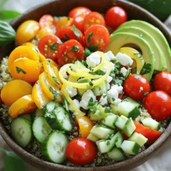 To make a zesty lemon herb quinoa bowl, you need these simple ingredients: - 1 cup quinoa, thoroughly rinsed - 2 cups vegetable broth (or water for a lighter option) - 1 cup cherry tomatoes, halved - 1 cucumber, diced into bite-sized pieces - 1 bell pepper (choose either yellow or red), diced - ¼ cup red onion, finely chopped - 1 ripe avocado, sliced - 2 tablespoons extra virgin olive oil - 2 tablespoons fresh lemon juice (about 1 lemon) - 1 tablespoon fresh parsley, finely chopped - 1 tablespoon fresh basil, finely chopped - Salt and freshly ground black pepper, to taste - Optional: Crumbled feta cheese for topping This quinoa bowl fits many diets. It is naturally gluten-free. Use vegetable broth to keep it vegan. If you want a vegetarian option, add crumbled feta cheese. You can also skip the cheese if you prefer a lighter meal. Using fresh ingredients makes a big difference in taste. Fresh herbs like parsley and basil add bright flavor. Ripe avocados give creaminess and richness. Fresh veggies, like cucumbers and tomatoes, add crunch and color. The more vibrant your ingredients, the better your dish will taste. Always choose fresh over canned or frozen when you can. Fresh food not only tastes better but also packs more nutrients. To cook the quinoa, start by rinsing 1 cup of quinoa under cold water. This removes any bitter taste. Next, add the rinsed quinoa to a medium pot with 2 cups of vegetable broth. Bring the pot to a rolling boil over high heat. Once it boils, lower the heat to a simmer and cover the pot. Let it cook for about 15 minutes. You want all the liquid to be absorbed. After 15 minutes, take the pot off the heat but leave it covered for another 5 minutes. This helps the quinoa fluff up nicely. Finally, use a fork to fluff the quinoa before serving. While the quinoa cooks, you can make the dressing. In a small bowl, mix together 2 tablespoons of extra virgin olive oil and the juice from 1 lemon. Add a pinch of salt and black pepper to taste. Whisk it all together until well combined. This dressing adds a fresh zing to your quinoa bowl. Taste it and adjust the seasoning if needed. Set the dressing aside for later. Now it’s time to mix the veggies! In a large bowl, add 1 cup of halved cherry tomatoes, 1 diced cucumber, 1 diced bell pepper, and ¼ cup of finely chopped red onion. Toss in 1 tablespoon each of chopped parsley and basil. Mix the veggies well to combine all the flavors. Once the quinoa is ready, add it to this veggie mix. Gently fold the quinoa into the vegetables, being careful not to mash anything. Drizzle the dressing over the top and toss everything together until it’s evenly coated. Now your Zesty Lemon Herb Quinoa Bowl is ready to serve! To get fluffy quinoa, rinse it first. This step removes the natural coating called saponin. Use a fine mesh strainer for best results. After cooking, let the quinoa sit covered for five minutes. This helps the steam complete the cooking. When ready, use a fork to gently fluff the grains. This makes them light and airy. You can change up your quinoa bowl to fit your tastes. Try adding proteins like grilled chicken or chickpeas for a filling option. You can also swap out vegetables based on what you have. Try using spinach, carrots, or broccoli. For extra zest, mix in different herbs like dill or cilantro. You can even switch the dressing if you want a new flavor. Serve your quinoa bowl in a colorful dish for a nice look. Add slices of lemon or extra herbs on top. This not only adds color but also extra flavor. Pair your bowl with a side salad or crusty bread for a full meal. If you want, sprinkle crumbled feta cheese on top for a creamy touch. For the full recipe, check the details above. {{image_4}} You can boost your Zesty Lemon Herb Quinoa Bowl by adding protein. Grilled chicken adds a savory flavor and a nice texture. Simply season the chicken with salt, pepper, and lemon juice before grilling. Cook it until golden brown and slice it thinly. If you prefer a plant-based option, try chickpeas. They are easy to use and full of protein. Just rinse a can of chickpeas and toss them into the bowl. Either choice makes the dish heartier and more filling. Herbs can transform this dish! While parsley and basil are great, feel free to mix things up. Try using dill for a fresh taste or cilantro for a zesty kick. You can also add mint for a unique twist. Just chop the herbs finely, and mix them in with your vegetables. This small change can make a big difference in flavor. Changing your veggies keeps the bowl exciting. In summer, use fresh corn or zucchini for a sweet crunch. In fall, add roasted butternut squash for warmth and flavor. You can also use spinach or kale for extra nutrients. Choose what’s in season for the freshest taste. This keeps your Zesty Lemon Herb Quinoa Bowl new and delicious every time. For the complete recipe, you can refer to the Full Recipe section. Store any leftover Zesty Lemon Herb Quinoa Bowl in an airtight container. This keeps it fresh and prevents odors. Let the bowl cool to room temperature before sealing it. Refrigerate the leftovers within two hours of cooking for safety. The quinoa bowl lasts up to three days in the fridge. When you’re ready to eat the leftovers, reheat them gently. Use the microwave or a pan on low heat. If using a microwave, cover the bowl with a damp paper towel. This helps keep the quinoa moist. Stir the bowl halfway through heating to ensure even warming. Add a splash of water or broth if it seems dry. You can freeze the quinoa bowl for longer storage. Pack it in a freezer-safe container. Leave some space at the top for expansion. The bowl stays fresh for about three months in the freezer. To enjoy, thaw it in the fridge overnight. Reheat it using the tips mentioned above. This keeps your meal ready anytime! For the full recipe, check the earlier section. Cooked quinoa can stay fresh in your fridge for about five days. Store it in an airtight container. Make sure it cools down before sealing it tight. This helps keep moisture out and prevents spoilage. Check for any odd smells or colors before eating. Yes, you can prepare this bowl ahead of time. Cook the quinoa and chop the veggies in advance. Keep them in separate containers to maintain freshness. When you're ready to eat, just mix everything together and add the dressing. This saves time on busy days. If you want to swap quinoa, consider using rice or couscous. Both options have a similar texture. You can also try farro or bulgur wheat for a different flavor. Adjust cooking times as needed to ensure they are tender. Each substitute offers a unique twist to the dish. This article covers the Zesty Lemon Herb Quinoa Bowl, from fresh ingredients to storage tips. We learned how to cook quinoa perfectly and combine it with fresh veggies. Remember, fresh ingredients boost flavor. Customize your bowl with protein and herbs for variety. Proper storage keeps leftovers tasty. With these tips, you can enjoy a healthy meal anytime. Use these ideas to make your meals fun and delicious!
