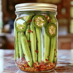 - 1 pound fresh okra - 2 cups distilled white vinegar - 1 cup fresh water - 3 tablespoons granulated sugar - 2 tablespoons kosher salt - 4 cloves garlic, thinly sliced - 2 teaspoons crushed red pepper flakes - 1 teaspoon mustard seeds - 1 teaspoon black peppercorns - 1 teaspoon dill seeds - Fresh dill, chopped - 2-4 fresh jalapeños, sliced into rings To make spicy refrigerator pickled okra, gather your ingredients first. The fresh okra is key. Choose vibrant pods; they should feel firm. You will also need distilled white vinegar and fresh water for the brine. These ingredients create a tangy base that complements the okra well. Next, you’ll need sugar and salt. They balance the acidity of the vinegar. Garlic adds depth to the flavor. You can also include crushed red pepper flakes for heat. The mustard seeds and black peppercorns give a nice crunch and extra flavor. Dill seeds add a fresh taste, while fresh jalapeños let you adjust the heat to your liking. If you want an extra touch, add chopped fresh dill. It brings an herbal note that enhances the dish. With these ingredients ready, you're set for a fun and flavorful cooking experience. For the full recipe, check out Zesty Refrigerator Pickled Okra 🥒. Enjoy making this delicious side dish! Start by washing the okra well under cold water. This step is key to getting rid of dirt and grit. Trim the tops carefully, but keep the pods whole. Maintaining the shape helps the okra stay firm and crunchy when you pickle them. Whole okra looks great in the jar and adds to the flavor, too. For the brine, gather these main ingredients: - 2 cups distilled white vinegar - 1 cup fresh water - 3 tablespoons granulated sugar - 2 tablespoons kosher salt In a medium saucepan, mix the vinegar, water, sugar, and salt. Heat the mixture over medium heat. Stir until the sugar and salt dissolve fully. This step is crucial because it creates a balanced flavor. Once the mixture is clear, remove it from the heat and let it cool slightly. Before packing, ensure your jars are clean and sterilized. This helps keep your pickles fresh. Begin layering the okra in each jar. Place a layer of okra at the bottom and then add the sliced jalapeños. If you like, sprinkle some fresh dill on top. Repeat the layers until the jars are full but not too tight. This method allows the brine to soak in well. After packing, carefully pour the cooled brine over the okra until they are fully submerged. Leave about half an inch of space at the top of each jar. This space is important for the brine to expand as it cools. For the complete process, refer to the Full Recipe. To get the heat just right, start with the jalapeños. You can use 2 to 4 sliced jalapeños. Fewer jalapeños will give you a milder taste. If you love heat, add more. You can also boost the spice using other ingredients. Try adding cayenne pepper or a pinch of chili powder. These spices blend well with the okra and give a nice kick. Store your pickled okra in clean, well-sealed jars. This keeps them fresh and tasty. Place them in the fridge right after sealing. Proper storage helps maintain flavor and crunch. You can enjoy your pickled okra for about two weeks. After that, they may lose some taste and texture. There are many fun ways to serve pickled okra. They taste great on their own as a quick snack. You can also add them to a charcuterie board for color and crunch. Try pairing them with sandwiches or burgers for a tangy twist. They also add a nice crunch to salads. Enjoy experimenting with different meals! {{image_4}} You can adjust the heat in your pickled okra. For a mild taste, use fewer jalapeños. Try only one or two sliced jalapeños. This way, you get flavor without too much heat. If you like spicy, add more jalapeños or even a chopped habanero. You can also play with crushed red pepper flakes. Use more for extra kick or less if you prefer mild. Adding herbs can boost the flavor of your pickled okra. Fresh thyme or basil works well. These herbs add a nice twist to the taste. You can also think about mixing in other veggies. Carrots, cauliflower, or even radishes can add color and crunch. Experiment with what you have on hand. This makes every batch unique and your own. Refrigerator pickling is quick and easy. It allows you to enjoy your okra faster. Traditional canning takes longer and needs more tools. With refrigerator pickling, just let the jars sit in the fridge. For quick pickling, try heating your brine. This helps the flavors blend faster. Pour it over the okra while still warm. You’ll get tasty pickled okra in no time! For the complete process, check the Full Recipe. For the best taste, use glass jars with tight-fitting lids. This keeps your spicy refrigerator pickled okra fresh. A quart-sized jar is perfect for this recipe. Store the jars in the fridge at a temperature below 40°F. This cool environment helps maintain the crunch and flavor of the okra. You can keep pickled okra in the fridge for about three weeks. After that, the taste may fade. Watch for signs of spoilage. If you see mold or feel a slimy texture, it’s best to toss it out. Always trust your senses; they guide you well in the kitchen. If you want to freeze your pickled okra, use freezer-safe containers. Leave some space at the top to allow for expansion. When you thaw it, the texture may change. It might lose some crunch, but the flavor will still be good. If you prefer a fresh crunch, enjoy it straight from the fridge. For the full recipe, check out Zesty Refrigerator Pickled Okra 🥒. You should wait at least 24 hours for the flavors to blend. The longer you wait, the more intense the flavor will be. I often let mine sit for two to three days. This extra time really enhances the taste. Using frozen okra is not ideal. It can change the taste and texture. Frozen okra often becomes mushy when thawed. This might not give you the crisp bite you want in pickled okra. Fresh okra is best for this recipe. Leftover brine is a treasure! You can use it to pickle other veggies like carrots or radishes. It also makes a great base for salad dressings. I love adding it to marinades for meats or seafood. The brine adds a nice zing! Absolutely! You can add sliced carrots, bell peppers, or even green beans. These add new flavors and colors to your pickles. Just keep in mind that different veggies have different pickling times. For the full recipe, check out Zesty Refrigerator Pickled Okra 🥒. In this post, we covered everything about making pickled okra. You learned about the main ingredients, spices, and optional items. I shared step-by-step instructions for brine, packing jars, and tips for spice levels. We also explored variations and storage best practices. Pickling okra is fun and simple. With practice, you can find your favorite mix of flavors. Enjoy your delicious pickled okra as a snack or side dish!