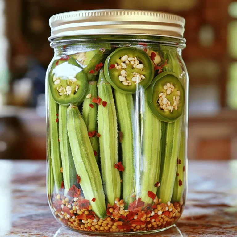 - 1 pound fresh okra - 2 cups distilled white vinegar - 1 cup fresh water - 3 tablespoons granulated sugar - 2 tablespoons kosher salt - 4 cloves garlic, thinly sliced - 2 teaspoons crushed red pepper flakes - 1 teaspoon mustard seeds - 1 teaspoon black peppercorns - 1 teaspoon dill seeds - Fresh dill, chopped - 2-4 fresh jalapeños, sliced into rings To make spicy refrigerator pickled okra, gather your ingredients first. The fresh okra is key. Choose vibrant pods; they should feel firm. You will also need distilled white vinegar and fresh water for the brine. These ingredients create a tangy base that complements the okra well. Next, you’ll need sugar and salt. They balance the acidity of the vinegar. Garlic adds depth to the flavor. You can also include crushed red pepper flakes for heat. The mustard seeds and black peppercorns give a nice crunch and extra flavor. Dill seeds add a fresh taste, while fresh jalapeños let you adjust the heat to your liking. If you want an extra touch, add chopped fresh dill. It brings an herbal note that enhances the dish. With these ingredients ready, you're set for a fun and flavorful cooking experience. For the full recipe, check out Zesty Refrigerator Pickled Okra 🥒. Enjoy making this delicious side dish! Start by washing the okra well under cold water. This step is key to getting rid of dirt and grit. Trim the tops carefully, but keep the pods whole. Maintaining the shape helps the okra stay firm and crunchy when you pickle them. Whole okra looks great in the jar and adds to the flavor, too. For the brine, gather these main ingredients: - 2 cups distilled white vinegar - 1 cup fresh water - 3 tablespoons granulated sugar - 2 tablespoons kosher salt In a medium saucepan, mix the vinegar, water, sugar, and salt. Heat the mixture over medium heat. Stir until the sugar and salt dissolve fully. This step is crucial because it creates a balanced flavor. Once the mixture is clear, remove it from the heat and let it cool slightly. Before packing, ensure your jars are clean and sterilized. This helps keep your pickles fresh. Begin layering the okra in each jar. Place a layer of okra at the bottom and then add the sliced jalapeños. If you like, sprinkle some fresh dill on top. Repeat the layers until the jars are full but not too tight. This method allows the brine to soak in well. After packing, carefully pour the cooled brine over the okra until they are fully submerged. Leave about half an inch of space at the top of each jar. This space is important for the brine to expand as it cools. For the complete process, refer to the Full Recipe. To get the heat just right, start with the jalapeños. You can use 2 to 4 sliced jalapeños. Fewer jalapeños will give you a milder taste. If you love heat, add more. You can also boost the spice using other ingredients. Try adding cayenne pepper or a pinch of chili powder. These spices blend well with the okra and give a nice kick. Store your pickled okra in clean, well-sealed jars. This keeps them fresh and tasty. Place them in the fridge right after sealing. Proper storage helps maintain flavor and crunch. You can enjoy your pickled okra for about two weeks. After that, they may lose some taste and texture. There are many fun ways to serve pickled okra. They taste great on their own as a quick snack. You can also add them to a charcuterie board for color and crunch. Try pairing them with sandwiches or burgers for a tangy twist. They also add a nice crunch to salads. Enjoy experimenting with different meals! {{image_4}} You can adjust the heat in your pickled okra. For a mild taste, use fewer jalapeños. Try only one or two sliced jalapeños. This way, you get flavor without too much heat. If you like spicy, add more jalapeños or even a chopped habanero. You can also play with crushed red pepper flakes. Use more for extra kick or less if you prefer mild. Adding herbs can boost the flavor of your pickled okra. Fresh thyme or basil works well. These herbs add a nice twist to the taste. You can also think about mixing in other veggies. Carrots, cauliflower, or even radishes can add color and crunch. Experiment with what you have on hand. This makes every batch unique and your own. Refrigerator pickling is quick and easy. It allows you to enjoy your okra faster. Traditional canning takes longer and needs more tools. With refrigerator pickling, just let the jars sit in the fridge. For quick pickling, try heating your brine. This helps the flavors blend faster. Pour it over the okra while still warm. You’ll get tasty pickled okra in no time! For the complete process, check the Full Recipe. For the best taste, use glass jars with tight-fitting lids. This keeps your spicy refrigerator pickled okra fresh. A quart-sized jar is perfect for this recipe. Store the jars in the fridge at a temperature below 40°F. This cool environment helps maintain the crunch and flavor of the okra. You can keep pickled okra in the fridge for about three weeks. After that, the taste may fade. Watch for signs of spoilage. If you see mold or feel a slimy texture, it’s best to toss it out. Always trust your senses; they guide you well in the kitchen. If you want to freeze your pickled okra, use freezer-safe containers. Leave some space at the top to allow for expansion. When you thaw it, the texture may change. It might lose some crunch, but the flavor will still be good. If you prefer a fresh crunch, enjoy it straight from the fridge. For the full recipe, check out Zesty Refrigerator Pickled Okra 🥒. You should wait at least 24 hours for the flavors to blend. The longer you wait, the more intense the flavor will be. I often let mine sit for two to three days. This extra time really enhances the taste. Using frozen okra is not ideal. It can change the taste and texture. Frozen okra often becomes mushy when thawed. This might not give you the crisp bite you want in pickled okra. Fresh okra is best for this recipe. Leftover brine is a treasure! You can use it to pickle other veggies like carrots or radishes. It also makes a great base for salad dressings. I love adding it to marinades for meats or seafood. The brine adds a nice zing! Absolutely! You can add sliced carrots, bell peppers, or even green beans. These add new flavors and colors to your pickles. Just keep in mind that different veggies have different pickling times. For the full recipe, check out Zesty Refrigerator Pickled Okra 🥒. In this post, we covered everything about making pickled okra. You learned about the main ingredients, spices, and optional items. I shared step-by-step instructions for brine, packing jars, and tips for spice levels. We also explored variations and storage best practices. Pickling okra is fun and simple. With practice, you can find your favorite mix of flavors. Enjoy your delicious pickled okra as a snack or side dish!
