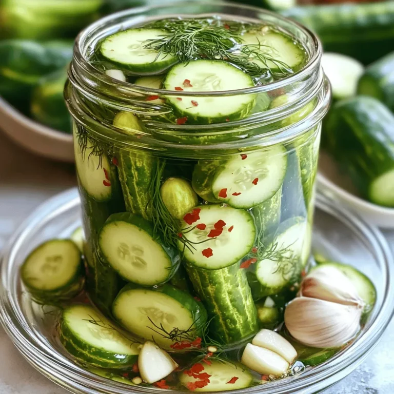 To make garlic dill refrigerator pickles, gather these key ingredients: - 4 medium cucumbers, sliced into spears or rounds - 4 cloves garlic, smashed - 2 tablespoons fresh dill, finely chopped (or 1 tablespoon dried dill) - 2 cups water - 1 cup apple cider vinegar - 1 tablespoon sea salt - 1 tablespoon sugar These ingredients form the base of your pickles. The cucumbers give that fresh crunch. Garlic adds a nice punch, while dill gives a lovely herb flavor. The water, vinegar, salt, and sugar create the brine that makes the pickles tangy and sweet. You can customize your pickles with some optional ingredients: - 1 teaspoon red pepper flakes (for a spicy kick) - Other herbs like thyme or coriander - Whole mustard seeds for extra texture Adding red pepper flakes can bring heat to your pickles. You can also experiment with other herbs that you love. Just remember to keep the balance of flavors in mind. To make this recipe easier, have these tools ready: - A large mixing bowl - A whisk or spoon - A clean quart-sized jar or container with a lid - A measuring cup and spoons These tools help you mix and store your pickles safely. A clean jar is key to keeping your pickles fresh. You can find the full recipe and details in the [Full Recipe]. To make the brine, you need to mix a few simple ingredients. Start with a large bowl and add: - 2 cups water - 1 cup apple cider vinegar - 1 tablespoon sea salt - 1 tablespoon sugar Stir the mix with a whisk or spoon. Keep stirring until the salt and sugar fully dissolve. This step is key for flavor. Next, take your cucumbers. You can slice them into spears or rounds. I like to use about 4 medium cucumbers. Place them snugly in a clean quart-sized jar. Make sure they fit well, as this helps with brining. Now, add the flavor! Toss in: - 4 cloves garlic, smashed - 2 tablespoons fresh dill, finely chopped (or 1 tablespoon dried dill) - 1 teaspoon red pepper flakes (optional) After packing the jar, it’s time for the brine. Carefully pour the brine over the cucumbers. Ensure they are fully submerged. If not, add a bit more water. Once the cucumbers are covered, seal the jar with a lid. Give it a gentle shake to mix the garlic and dill evenly. Now, place the jar in the fridge. Let the pickles sit for at least 24 hours. For the best flavor, wait 3 to 5 days. You can find the full recipe [here](#). To keep your pickles crisp, start with fresh cucumbers. Look for firm ones with no soft spots. Use smaller cucumbers, as they tend to stay crunchier. You can also add a few grape leaves or a pinch of calcium chloride to the jar. These help maintain that satisfying crunch. Make sure to slice your cucumbers evenly, so they pickle uniformly. Store your pickles in a clean glass jar. Use an airtight lid to keep moisture out. Place them in the fridge right after preparing. The cold temperature helps the pickles stay fresh longer. Avoid putting them near foods with strong odors, as they can absorb those smells. Always use a clean utensil when taking pickles from the jar to avoid contamination. Your pickles will be tasty after 24 hours in the fridge. However, for the best flavor, let them sit for 3 to 5 days. This allows the garlic and dill to meld with the cucumbers. The longer they sit, the more flavorful they become. Just remember, they will keep getting better the longer they marinate! Check them every day to see how the flavor develops. Enjoy your homemade pickles as a snack or a side dish! {{image_4}} To make spicy garlic dill pickles, add red pepper flakes. This gives each bite a nice kick. You can control the heat by adjusting the amount of flakes. Start with one teaspoon. If you want it hotter, add more. You might also add a sliced jalapeño for extra spice. The heat blends well with the garlic and dill. For sweet and spicy dill pickles, mix in some sugar. Use two tablespoons instead of one. This adds a sweet touch that balances the vinegar's tang. A sprinkle of crushed red pepper also works here for heat. The sweet flavor makes these pickles a hit at parties. You can enjoy them on sandwiches or burgers. Herb-infused pickles are fun to create. Add fresh herbs like thyme, basil, or oregano to the brine. Each herb gives a unique flavor. You can mix and match to find your favorite. Try adding a few sprigs of rosemary for a bold taste. The herbs will infuse into the pickles as they sit. This creates a fresh and vibrant flavor profile. By trying these variations, you can customize your garlic dill refrigerator pickles. Explore the full recipe for more ideas! The best way to store your garlic dill refrigerator pickles is in the fridge. Place them in a clean jar with a tight lid. Make sure to keep them submerged in the brine. This brine helps keep the pickles crisp and flavorful. Always store them upright to avoid spills. You can also use a glass container if you prefer. Garlic dill pickles can last for up to two months in the fridge. After a week, they taste even better as they soak up the flavors. Just check for any signs of spoilage like off smells or changes in color. If you see any of these signs, it’s best to discard them. If your pickles start to wilt, don’t worry! You can revive them. First, soak them in cold water for a few hours. This helps them regain their crunch. You can also add a bit of extra salt to the brine. This will help enhance their texture and flavor. Just give them a day or two to soak. Enjoy your crisp and tasty pickles again! Garlic dill refrigerator pickles can last up to two months in the fridge. Their flavor improves over time, but they may lose some crunch. Always check for any signs of spoilage before eating. Store them sealed tight to keep them fresh. Yes, you can use different types of cucumbers. Kirby cucumbers are best for pickling due to their firm texture. However, you can also use English or Persian cucumbers. Just keep in mind their size and texture may affect the final crunchiness. If your pickles aren't crunchy, there are a few things to try. First, make sure you use fresh cucumbers. Old cucumbers often turn soft. Also, consider adding a few grape leaves or a pinch of calcium chloride to the brine. These help keep pickles crisp. If they still lack crunch, you can enjoy them in salads or sandwiches instead. Check out the Full Recipe for more tips and tricks! You learned about making tasty garlic dill refrigerator pickles. We covered essential and optional ingredients, tools, and step-by-step instructions. I shared tips for crispness and storage. You also explored fun variations and found answers to common questions. Now, it’s your turn to try this easy recipe. Enjoy the fresh flavors and get creative. Homemade pickles add a fun twist to any meal!