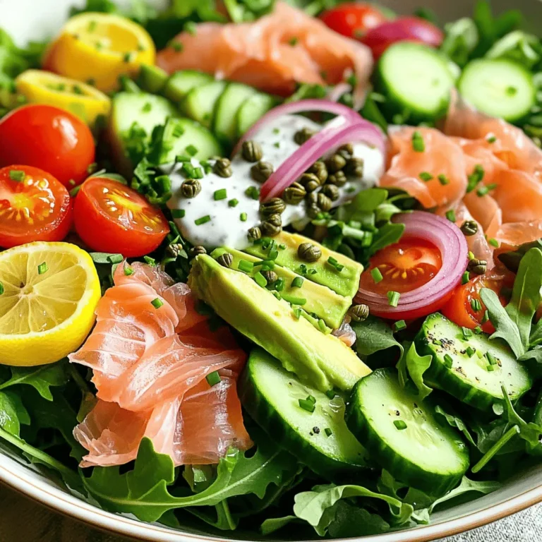 For the smoked salmon salad, you need: - 200g smoked salmon, expertly sliced - 4 cups vibrant mixed salad greens (a blend of arugula, spinach, and butter lettuce) - 1 cup cherry tomatoes, halved - 1 cucumber, thinly sliced - 1 small red onion, paper-thin slices - 1 ripe avocado, sliced into crescents - 1 tablespoon capers, rinsed and finely chopped - 1/4 cup fresh chives, chopped - 2 tablespoons Greek yogurt - 1 tablespoon fresh lemon juice - 1 tablespoon extra virgin olive oil - Salt and freshly cracked black pepper to taste You can swap ingredients if needed. Use smoked trout instead of smoked salmon for a different flavor. If you lack chives, green onions work well. You can also use plain yogurt instead of Greek yogurt. For a vegan option, replace the yogurt with silken tofu blended until smooth. If you want a crunch, try radishes instead of cucumbers. Fresh ingredients make this salad great. Fresh salmon adds rich flavor, while crisp greens give a nice crunch. Ripe avocados provide creaminess and balance the dish. When you use fresh tomatoes, they bring sweetness that brightens the salad. Using fresh herbs like chives enhances the taste in each bite. Always pick the best ingredients to make your salad shine. Start by gathering all your ingredients. In a big bowl, mix together the salad greens. Add the halved cherry tomatoes, sliced cucumber, thin red onion, and avocado. Toss these gently, being careful not to mash the avocado. This mix forms a colorful and crunchy salad base that shines with fresh flavors. In a small bowl, combine the chopped capers, chives, Greek yogurt, lemon juice, and olive oil. Whisk until the dressing is smooth and creamy. Taste it, then add salt and pepper to your liking. This dressing adds a zesty kick that pairs well with the salmon. Drizzle the caper chive dressing over your salad mix. Toss everything lightly to coat each piece. Place the smoked salmon slices on top, letting their bright color pop against the greens. For a final touch, sprinkle some extra chives or a few whole capers on top. Serve this salad right away to enjoy its fresh taste. For the full recipe, check the previous section. To boost the taste of your smoked salmon salad, use fresh herbs. Fresh dill or parsley adds a nice touch. You can also mix in some capers for a salty kick. Try using different greens, like kale or radicchio, for more flavor. A dash of hot sauce can add heat if you like spice. Fresh lemon juice brightens the dish, so don’t skip it! Serve your salad in a large, shallow bowl. This allows the colors to shine. Arrange the salmon on top in a fan shape for visual appeal. Garnish with extra chives or whole capers for a pop of color. You can also add edible flowers for a fancy touch. For a unique twist, place the salad on a wooden board, making it rustic and charming. Serve the salad right after making it for the best taste. The greens stay crisp that way. If you need to prep ahead, keep the dressing separate. Mix it in only when you are ready to serve. This keeps everything fresh and delicious. If you have leftovers, eat them within a day for the best flavor and texture. {{image_4}} If you want to change things up, there are many proteins to try. You can use grilled chicken for a hearty twist. Shrimp or crab adds a touch of luxury. Tofu is a great plant-based choice. Each protein brings its own flavor and texture, keeping your salad fresh and exciting. Using seasonal ingredients makes your salad taste better. In spring, try adding fresh peas or radishes for a nice crunch. Summer calls for juicy peaches or strawberries for sweetness. In fall, roasted butternut squash adds warmth, while winter greens like kale offer a hearty bite. Each season gives you new options to explore. While the caper chive dressing is a star, feel free to experiment. A lemon vinaigrette adds brightness. A creamy dill dressing pairs well with smoked salmon. For a spicy kick, try a chipotle dressing. Each dressing can change the flavor profile and keep your salad interesting. For the full recipe, check out the Elegant Smoked Salmon Salad with Caper Chive Dressing. After enjoying your smoked salmon salad, store leftovers in an airtight container. This keeps the salad fresh and prevents odors. Place the salad in the fridge. It will stay good for up to two days. Keep the dressing separate if possible. This helps maintain the crunchiness of the greens. For meal prep, chop your veggies ahead of time. Store them in separate containers. This keeps them fresh and ready to go. You can mix the dressing and store it in a small jar. Just shake it well before use. This way, you can have a quick and tasty meal any day of the week. Smoked salmon lasts about a week in the fridge after opening. Mixed salad greens are best when used within three to five days. Cherry tomatoes stay fresh for about a week stored at room temperature. Cucumber can last up to a week in the fridge. Check all ingredients before use to ensure they are still fresh. For the full recipe, visit the previous section. The best smoked salmon has a rich flavor and silky texture. I recommend looking for *cold-smoked salmon*. It is tender and has a delicate taste. Brands like Nova or Scottish smoked salmon are great choices. Look for pieces that are vibrant and shiny. Avoid any that seem dull or dry. Freshness matters, so check the date on the package. Yes, you can prepare parts of this salad ahead. I suggest you chop the veggies and make the dressing in advance. Just store the salad greens and dressing separately in the fridge. This way, the greens stay crisp. When you’re ready to eat, combine everything. Add the smoked salmon right before serving to keep it fresh. This salad is naturally gluten-free! All the ingredients, like smoked salmon, veggies, and the dressing, are safe. Just be sure to check your yogurt and olive oil for any hidden gluten. If you want to serve it with bread, choose gluten-free bread. Enjoy this dish without worrying about gluten! For the full recipe, check the section above. This blog post covers everything you need to make a delicious salad. We looked at key ingredients and tasty dressings. You learned how to prepare a fresh salad base and make your own chive dressing. We shared tips to enhance flavors and present your dish beautifully. Remember to use fresh ingredients for the best taste. Feel free to try different proteins and dressings. With the right storage, your salad can last longer. Now, you have the tools to create an amazing meal! Enjoy your cooking!