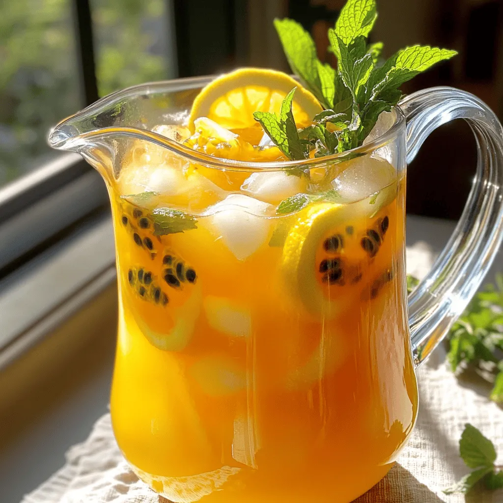 - 4 cups water - 4 black tea bags - 1 cup passion fruit pulp (freshly scooped or bottled) - 1/2 cup fresh mint leaves, plus extra for garnish - 1/4 cup honey or agave syrup (adjust according to your preferred sweetness) - Ice cubes - Fresh lemon slices for garnish Fresh vs. Bottled Passion Fruit Pulp Using fresh passion fruit pulp gives a bright flavor. You scoop it from ripe fruits. If fresh is hard to find, bottled pulp works too. Just check the label for added sugars. Fresh pulp tends to have more aroma and taste. Choosing the Right Type of Tea I like using black tea for this recipe. It blends well with the fruit and mint. You can also try green tea for a lighter flavor. Herbal teas can add a fun twist too. Just pick a tea you enjoy. Alternative Sweeteners and their Benefits Honey adds a rich sweetness and pairs well with the flavors. Agave syrup is a good choice if you want a vegan option. You can also use stevia or coconut sugar for a healthier twist. Each sweetener brings its own flavor, so feel free to experiment. Start with boiling 4 cups of water. The steeping time is key to great tea. For a strong flavor, steep the black tea bags for 5 to 7 minutes. If you steep too long, the tea may taste bitter. Once the tea is ready, remove the tea bags carefully. A spoon can help you fish them out without making a mess. While the tea steeps, prepare your pitcher. Add 1 cup of passion fruit pulp, 1/2 cup of fresh mint leaves, and 1/4 cup of honey or agave syrup. To get the best flavor from the mint, muddle the leaves. Use a muddler or the back of a spoon to press down on the mint gently. This action releases the mint oils and enhances the drink. Mix all the ingredients well to ensure the flavors blend. After brewing, pour the hot tea over the passion fruit and mint mix in the pitcher. Stir it all together to combine the flavors. Let the mixture cool at room temperature for about 15 minutes. Next, move the pitcher to the refrigerator. Chill the tea for at least 1 hour. This step helps the flavors infuse well. When you are ready to serve, fill your glasses with ice cubes. Pour the chilled passion fruit mint iced tea over the ice. For a lovely presentation, add a sprig of fresh mint and a lemon slice to each glass. This drink looks as good as it tastes! For the full recipe, check out the instructions above. Enjoy your refreshing summer drink! - Over-Steeping Tea: Steeping black tea too long can make it bitter. Aim for 5 to 7 minutes for a smooth flavor. If you like it stronger, try a different tea type instead. - Skipping the Cooling Step: Cooling the tea is key for the best taste. If you pour hot tea over ice, it will dilute quickly. Always chill your tea in the fridge for at least an hour. - Alternative Herbs to Combine with Mint: You can add other herbs to boost flavor. Basil or lemongrass pairs well with mint. Each herb brings a unique twist to your drink. - Using Fresh Fruits for Additional Taste: Add slices of fresh fruit like strawberries or oranges. These fruits add color and extra flavor. They also make your drink more fun and fresh. - Ideal Glassware for Serving: Use clear glasses for your iced tea. This lets the vibrant colors shine. It also makes your drink look more appealing. - Garnishing Ideas for Visual Appeal: Garnish each glass with a mint sprig or a lemon slice. You can also add edible flowers for a fancy touch. This not only looks great but also enhances the flavor. Try these tips to create the best Passion Fruit Mint Iced Tea. For the complete recipe, refer to the Full Recipe section. {{image_4}} You can easily change up the taste of your passion fruit mint iced tea. Here are two fun ideas to try. - Passion Fruit and Basil Iced Tea: Swap mint for basil. Basil adds a warm, sweet taste. It pairs well with passion fruit. Just muddle fresh basil leaves like you do with mint. - Tropical Fruit Medley Twist: Add other fruits for a tropical vibe. You can mix pineapple, mango, or coconut with the passion fruit. This will create a fruity explosion in your drink! If you want to switch up how you sweeten your iced tea, consider these options. - Using Stevia or Coconut Sugar: Stevia is a plant-based sweetener. It has zero calories. Coconut sugar adds a rich flavor. Both are great for a healthier choice. - Sugar-Free Options for Health-Conscious Drinkers: You can use sugar-free syrups or honey alternatives. These keep your drink sweet without extra calories. Just be sure to taste as you go! Feeling the chill? You can adapt this drink for any season. - Adapting the Recipe for Hot Tea Lovers: Brew the tea as you normally would. Serve it hot instead of iced. You can still add passion fruit and mint for a cozy drink. - Serving Suggestions for Different Seasons: In summer, serve with ice and fresh fruit. For winter, try it warm with a cinnamon stick. This makes it comforting and festive. For the full recipe, check the earlier section! To keep your passion fruit mint iced tea fresh, use glass or plastic pitchers. These containers seal well and prevent spills. Choose a pitcher with a lid for best results. You can also use airtight jars if you want to save smaller portions. When storing, place the pitcher in the fridge right away. Iced tea tastes best cold. Make sure to chill it for at least an hour. If you have leftover tea, pour it into your container and seal it. This keeps the flavors fresh longer. Iced tea can last in the fridge for about 3 to 5 days. After that, it might lose its fresh taste. Check for any strange smell or color. If it smells off or looks cloudy, it’s time to toss it. If you want to revive old iced tea, try adding fresh mint leaves or a splash of lemon juice. This can bring back some flavor. You can also mix in a bit of honey or agave syrup to sweeten it up. Fresh ingredients help improve the taste and make it enjoyable again. For the full recipe, check above! Passion Fruit Mint Iced Tea is a refreshing drink made with black tea, passion fruit, and mint. The tea has a fruity, vibrant flavor. The mint adds a cool note that makes it perfect for hot days. It is easy to make and looks beautiful in a glass. Yes, you can. You can use herbal tea or green tea instead. Both options give a different flavor. Herbal tea offers a caffeine-free choice. Green tea gives a lighter taste, but it pairs well with passion fruit and mint. You can change the sweetness by adding more or less honey or agave syrup. Start with the suggested 1/4 cup. Taste the tea after mixing. If you want it sweeter, add more sweetener little by little. You can also use stevia or other sweeteners. Passion fruit is high in vitamins A and C. It can boost your immune system and improve skin health. Mint helps with digestion and freshens your breath. Both ingredients can add a healthy twist to your drink. Yes, you can serve this tea warm. Just skip the cooling step in the recipe. Serve it right after mixing the hot tea with the passion fruit and mint. It will still taste good, but the cool version is more refreshing for summer. You can find the [Full Recipe] for this tasty drink above. Passion Fruit Mint Iced Tea is refreshing and easy to make. We covered key ingredients, brewing tips, and storage advice. I shared how to enhance flavors and avoid common mistakes. You can personalize this drink with variations and sweeteners that suit your taste. Now you have all the tools to craft a delightful beverage. Enjoy your iced tea menu, and don't hesitate to experiment with flavors! Each sip can lead to new discoveries and joy.