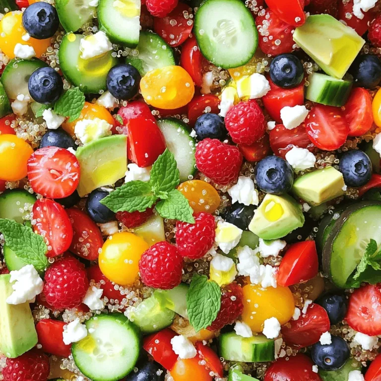 To build a vibrant and healthy salad bowl, you need the right ingredients. Here are the key components I recommend: - 1 cup quinoa, thoroughly rinsed - 2 cups water or vegetable broth for enhanced flavor - 1 cup assorted mixed berries (including strawberries, blueberries, and raspberries) - 1 cup cucumber, diced into bite-sized pieces - 1 cup cherry tomatoes, halved for freshness - 1/2 cup red bell pepper, diced for crunch - 1/4 cup red onion, finely chopped for sweetness - 1 ripe avocado, diced for creaminess - 1/4 cup fresh mint leaves, finely chopped for a refreshing touch - 1/4 cup feta cheese, crumbled (optional, for a savory finish) - 3 tablespoons extra virgin olive oil for richness - 1 tablespoon fresh lemon juice for brightness - Salt and freshly cracked black pepper to taste Each of these ingredients adds unique flavor and health benefits. Quinoa serves as a great base, packed with protein and fiber. Mixed berries add a burst of sweetness and antioxidants. Fresh veggies like cucumber and cherry tomatoes bring crunch and hydration. Avocado offers healthy fats, while mint gives a refreshing note. Finally, a drizzle of olive oil and lemon juice ties everything together with zest and richness. You can check the Full Recipe for precise measurements and cooking instructions. First, rinse 1 cup of quinoa under cold water. This step removes any bitter taste. Next, in a medium pot, combine the rinsed quinoa with 2 cups of water or vegetable broth. Bring it to a boil over medium-high heat. Once it boils, reduce the heat to low and cover the pot. Let it simmer for about 15 minutes. You want the quinoa to look fluffy and all the liquid should be gone. After cooking, remove the pot from heat and let the quinoa cool down. While the quinoa cools, it’s time to prepare the fresh ingredients. Start by dicing 1 cup of cucumber, 1 cup of red bell pepper, and 1 ripe avocado. Next, halve 1 cup of cherry tomatoes to keep them juicy. Lastly, chop 1/4 cup of fresh mint leaves for a burst of flavor. These fresh ingredients will add color and taste to your salad. In a large mixing bowl, combine the cooled quinoa, diced cucumber, halved cherry tomatoes, diced red bell pepper, and the chopped mint. You can also add 1 cup of assorted mixed berries like strawberries and blueberries for sweetness. Toss all these ingredients gently to mix them well. Now, let’s make the dressing. In a small bowl, whisk together 3 tablespoons of extra virgin olive oil, 1 tablespoon of fresh lemon juice, and salt and pepper to taste. Drizzle this dressing over the salad and toss everything gently again. If you want a savory touch, sprinkle some crumbled feta cheese on top. Enjoy the vibrant flavors and colors of your healthy summer salad bowl! - Choosing ripe avocados for creaminess: Look for avocados that yield slightly to gentle pressure. A ripe avocado will add a smooth texture to your salad. Cut it just before serving to keep it fresh. - Opting for seasonal berries for the best taste: Use berries that are in season. They taste sweeter and are juicier. Strawberries, blueberries, and raspberries are great choices. Try to pick berries that are plump and firm. - Maximizing freshness with proper ingredient storage: Store your salad ingredients in the fridge. Keep berries in their original containers. Wrap cut veggies in damp paper towels to keep them crisp. This way, they stay fresh for your salad. - Use a large, shallow bowl for serving: A wide bowl helps show off the vibrant colors. It also allows for easy mixing and serving. - Garnish with mint leaves and whole berries: Add a few mint leaves on top. Sprinkle whole berries for a pop of color. This makes your salad look more appealing. - Create colorful layers for visual appeal: Layer your ingredients in the bowl. Start with quinoa, then add veggies, and top with berries. This adds depth and showcases the salad’s vibrant colors. For the full recipe, check out the Refreshing Quinoa & Berry Bliss Salad. {{image_4}} You can easily boost your salad's protein. Try adding grilled chicken or shrimp. These proteins are tasty and filling. If you prefer plant-based options, chickpeas are a great choice. Incorporating cooked beans adds fiber too. They help you feel full and satisfied. Changing your dressing can change the whole dish. Balsamic vinaigrette gives a sweet tang. Yogurt-based dressings add creaminess without much fat. Herbs can enhance the flavor too. Fresh basil or cilantro brings a burst of freshness. Feel free to experiment with different kinds. Using seasonal ingredients makes your salad even better. Zucchini is perfect in summer salads. It adds a nice crunch and is low in calories. You can also mix in nuts or seeds. They add crunch and healthy fats. Walnuts or sunflower seeds can be great choices. To keep your leftover salad fresh, store it in an airtight container. Make sure to separate the dressing from the salad. This way, the greens stay crisp and the flavors remain bright. If you mix the dressing in, your salad will get soggy fast. You can store the salad for up to three days. However, it’s best when eaten within a day or two. Preparing ingredients ahead of time makes assembly easy. Cook your quinoa and let it cool. Chop cucumbers, bell peppers, and onions in advance. Store these in separate containers. This setup allows you to quickly assemble your salad during the week. You can keep the components fresh for up to five days. For quick meal solutions, mix and match your ingredients. Use different fruits or veggies each day to keep it exciting. With this approach, your healthy summer salad bowls will always feel fresh and vibrant. Remember, this salad is all about fun and creativity. Enjoy making it your own! To meal prep these salad bowls, start by cooking your quinoa. Rinse it well, then boil it in water or broth. Let it simmer until fluffy. While it cooks, chop your veggies and berries. Store each ingredient in separate containers. This way, you can grab them easily when you want to assemble your salad. Yes, you can make this salad a day in advance. If you want the salad to stay fresh, keep the dressing separate. Combine the salad ingredients and the dressing only when you are ready to eat. This keeps everything crisp and tasty. You can add many leafy greens to your salad. Spinach and arugula work great. They add extra nutrients and a nice crunch. You might also try kale or mixed greens. Each option brings a unique flavor and texture to your bowl. Yes, quinoa is gluten-free. It comes from a seed, not a grain like wheat. This makes it a great choice for people who cannot eat gluten. Quinoa is also high in protein, making it a healthy option for everyone. To make this salad vegan, simply skip the feta cheese. You can also use a plant-based dressing. Try mixing olive oil with lemon juice and herbs. This adds flavor without any dairy. Some tasty side dishes to serve with your salad include grilled vegetables or whole-grain bread. You could also serve a light soup, like tomato or vegetable. These sides complement the freshness of the salad well. For the full recipe, check out the "Refreshing Quinoa & Berry Bliss Salad." This salad is a great way to enjoy summer flavors and healthy ingredients. Healthy summer salad bowls combine fresh ingredients that nourish and delight. We explored key ingredients like quinoa, berries, and veggies that contribute to taste and health. I shared step-by-step instructions, tips for flavor and presentation, and variations to suit your preferences. Proper storage is vital for keeping your salad fresh. With careful meal prep, you can enjoy this salad anytime. Explore the full recipe for a refreshing twist on your next meal. Embrace creativity in your kitchen and enjoy delicious, nutritious meals all summer long.