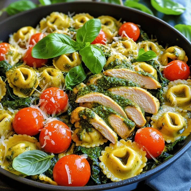 - 2 boneless, skinless chicken breasts - 2 cups fresh tortellini (cheese or spinach-filled) - 1 cup cherry tomatoes, halved - 1 cup fresh spinach, roughly chopped - 1 cup zucchini, sliced into half-moons - 1/2 cup store-bought basil pesto - 2 tablespoons olive oil - 1 teaspoon garlic powder - Salt and freshly ground black pepper to taste - Optional: Grated Parmesan cheese and fresh basil leaves for garnish Gather these ingredients to make One-Pan Pesto Chicken with Tortellini and Veggies. Each one plays a key role in creating a delicious meal. The chicken brings protein, while the tortellini adds a fun, chewy texture. Cherry tomatoes and zucchini give freshness and color. Spinach adds a healthy touch. The basil pesto unites all flavors with its rich taste. Olive oil helps cook the chicken and veggies. Garlic powder gives extra flavor, while Parmesan cheese enhances the dish when served. You can find the full recipe at [Full Recipe]. Enjoy cooking! - Heat the Oil: In a large skillet, heat olive oil over medium heat. Wait until the oil shimmers. - Season the Chicken: Season both sides of the chicken breasts with garlic powder, salt, and pepper. This adds great flavor. - Cook the Chicken: Place chicken in the skillet. Cook for 6-7 minutes on each side. The chicken should be golden brown and cooked through. - Sauté the Vegetables: Add zucchini and cherry tomatoes to the skillet. Cook for 3-4 minutes until they start to soften. - Add Spinach: Stir in the spinach. Cook until the spinach wilts, which should take about 1-2 minutes. - Cook the Tortellini: Boil water in a pot. Add fresh tortellini and cook according to the package instructions. This usually takes 3-5 minutes. - Combine Everything: Once the tortellini is cooked, drain it. Add the tortellini to the skillet with the cooked vegetables. - Finish the Dish: Slice the cooked chicken and return it to the skillet. Pour in the basil pesto and gently toss everything together. Heat for about 2 minutes. - Adjust Seasoning and Serve: Taste the dish and adjust the seasoning. Add more salt and pepper if needed. Enjoy this vibrant meal warm. For the full recipe, be sure to check out the complete guide. - Use a meat thermometer for perfect chicken doneness. Cook chicken to 165°F (75°C). - Adjust cooking times based on heat and pan size. High heat cooks faster than low heat. - Substitute chicken with shrimp or tofu for a different protein. This change adds variety. - Experiment with other vegetables like bell peppers or broccoli. Both add color and nutrition. - Serve in shallow bowls with a sprinkle of Parmesan. This adds flavor and looks nice. - Use fresh basil as a garnish for visual appeal. A bright green touch makes the dish pop. For the full recipe, check out the complete instructions above. Enjoy your cooking! {{image_4}} You can easily boost the taste of this dish. - Add lemon zest for a citrusy twist. It brightens the flavors and adds freshness. - Incorporate red pepper flakes for added spice. This gives your dish a nice kick that many enjoy. You can make this meal suit different diets. - Use gluten-free tortellini for a gluten-free option. Many brands offer tasty choices that fit this need. - Opt for dairy-free pesto to make it vegan-friendly. Look for brands that use nuts or seeds in their pesto. Planning ahead can save time later. - Prepare ingredients ahead and store separately until ready to cook. This makes cooking quick and easy on busy days. - Make a large batch to freeze for quick meals later. You can thaw it out for a fast dinner option. These variations help you customize One-Pan Pesto Chicken with Tortellini and Veggies to your taste and needs. Enjoy experimenting with flavors and ingredients! For the complete recipe, check the [Full Recipe]. - Refrigeration: Store in an airtight container for up to 3 days. This keeps your dish fresh and tasty. - Freezing: Freeze portions in freezer-safe bags for up to 2 months. This is great for quick meals later. - For best results, reheat in a skillet over low heat until warmed through. This helps maintain the texture. - Alternatively, microwave in short intervals, stirring occasionally. Check often to avoid overheating. Prep time is just 10 minutes. The total cook time is 30 minutes. This recipe serves four people. Yes, you can prepare the ingredients ahead of time. Store them in the refrigerator until you are ready to cook. You can try sun-dried tomato pesto or make your own homemade pesto if you like. Yes, you can make it gluten-free by using gluten-free tortellini. This recipe for One-Pan Pesto Chicken with Tortellini combines simple ingredients with easy steps. You learned how to cook tender chicken, fresh veggies, and flavorful tortellini in just one pan. I shared tips for meal prep and variations to fit your needs. Cooking can be quick and fun! Don't hesitate to make this dish your own with your favorite flavors. Enjoy your meal and feel confident in the kitchen!