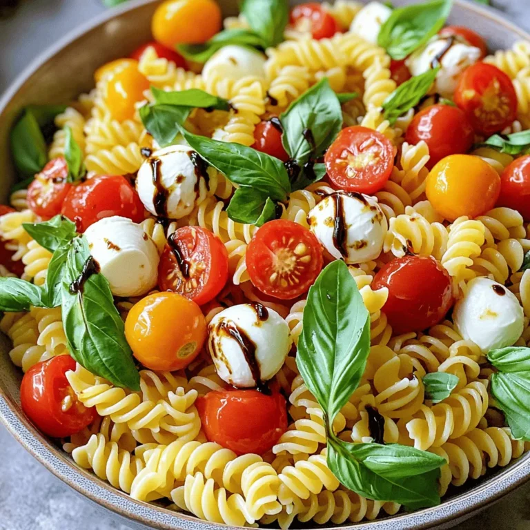 To make a delicious Caprese pasta salad, you will need the following ingredients: - 12 oz fusilli pasta - 1 cup cherry tomatoes, halved - 1 cup fresh mozzarella balls (either bocconcini or ciliegine) - 1 cup fresh basil leaves, torn into smaller pieces - 3 tablespoons extra-virgin olive oil - 2 tablespoons balsamic glaze - Salt and black pepper to taste - 1 clove garlic, finely minced - ¼ teaspoon red pepper flakes (optional for a hint of spice) These ingredients work together to create a fresh and tasty dish. You can swap some ingredients to fit your taste. Here are a few ideas: - Use penne or rotini pasta instead of fusilli. - Try grape tomatoes if cherry tomatoes aren't available. - Substitute mozzarella with burrata for a creamier texture. - Add arugula or spinach for extra greens. - Replace balsamic glaze with lemon juice for a zesty twist. Feel free to get creative with these swaps! Using high-quality ingredients makes a big difference. Fresh tomatoes bring sweetness and flavor. Good mozzarella has a creamy texture. Extra-virgin olive oil enhances taste and health benefits. When you invest in quality, your dish shines. Fresh basil adds a fragrant touch. Cheap or old ingredients can make the salad bland. Always choose the best you can find. This will elevate your Caprese pasta salad and impress your guests. To cook your pasta just right, start with a large pot. Fill it with water and add a good amount of salt. This helps flavor the pasta. Bring the water to a rolling boil. Once boiling, add 12 oz of fusilli pasta. Stir it well to keep it from sticking. Cook the pasta according to the package instructions, usually about 8 to 10 minutes, until it is al dente. This means it will still have a slight bite. After cooking, drain the pasta in a colander. Rinse it under cold water to stop the cooking. This also cools it down, making it perfect for your salad. In a large mixing bowl, add the cooled fusilli pasta, 1 cup of halved cherry tomatoes, and 1 cup of fresh mozzarella balls. Next, toss in 1 cup of fresh basil leaves, torn into smaller pieces. Mixing these ingredients together is key. Gently toss them so the flavors spread evenly. The tomatoes will add juiciness while the mozzarella gives a creamy texture. The fresh basil brings a lovely scent and taste. You want every bite to be full of flavor. Now, let’s make the dressing. In a small bowl, whisk together 3 tablespoons of extra-virgin olive oil and 1 clove of finely minced garlic. Add 2 tablespoons of balsamic glaze, a sprinkle of salt, and black pepper. If you like some heat, toss in ¼ teaspoon of red pepper flakes. Whisk until everything blends well and becomes smooth. This dressing is what ties the salad together. Once ready, drizzle it over the pasta salad mixture. Use a large spoon to gently toss everything again. Make sure every piece gets coated in that delicious dressing. Let the salad sit in the fridge for at least 30 minutes to let the flavors meld. Enjoy this fresh and vibrant Caprese Pasta Salad! For the full recipe, check out the complete guide. One common mistake is overcooking the pasta. Cook the fusilli only until it is al dente. This keeps it firm and prevents it from becoming mushy. Another mistake is skipping the rinse after cooking. Rinsing the pasta with cold water halts cooking and cools it down. Don’t forget to season each layer. Add salt to the pasta while it cooks, and sprinkle more salt and pepper when mixing. Lastly, avoid adding too much dressing too soon. Dress the salad just before serving to keep it fresh. To boost flavors, use fresh, high-quality ingredients. Opt for ripe cherry tomatoes and creamy mozzarella. Fresh basil is a must for that aromatic touch. You can also try adding a pinch of crushed red pepper flakes for a bit of heat. Another tip is to marinate the salad. Let it sit in the fridge for at least 30 minutes after mixing. This allows the flavors to meld beautifully. For an extra zing, add a squeeze of fresh lemon juice just before serving. You can make this salad ahead of time. Prepare the pasta and dressing a day before. Keep them separate until you’re ready to serve. This keeps the pasta from getting soggy. When you mix everything, remember to let the salad chill. This allows the flavors to deepen. If you want to eat it later, store it in an airtight container. It will stay fresh in the fridge for up to three days. For the full recipe, check out Caprese Pasta Salad Delight! {{image_4}} To make your Caprese Pasta Salad more filling, add protein. Here are some tasty options: - Grilled chicken: Cooked and sliced, this adds a great flavor. - Shrimp: Lightly sautéed shrimp gives a nice touch. - Chickpeas: For a plant-based option, add canned chickpeas. - Bacon: Crispy bacon bits add a tasty crunch. These proteins blend well with the pasta and make it a complete meal. You can change your Caprese Pasta Salad to fit the seasons. Here are some ideas: - Summer: Use fresh corn or zucchini for a bright touch. - Fall: Add roasted butternut squash for warmth and depth. - Winter: Try using kale or arugula for a peppery kick. - Spring: Toss in peas or asparagus for a fresh taste. Each season brings unique flavors that can enhance your salad. While the classic dressing is great, you can try new ones for variety. Here are some ideas: - Pesto: Swap out the olive oil for pesto to boost flavor. - Lemon vinaigrette: A tangy lemon dressing can brighten the dish. - Ranch dressing: For a creamy option, ranch works well. - Avocado dressing: A smooth avocado dressing adds richness. These alternatives can make your Caprese Pasta Salad exciting and different every time. Try them out for fun! For the full recipe, check out the Caprese Pasta Salad Delight. After you make Caprese pasta salad, store it right. Use an airtight container. This keeps the salad fresh. If you don’t have one, cover the bowl tightly with plastic wrap. It is best to chill it in the refrigerator. This helps the flavors mix well. Caprese pasta salad can last about three days in the fridge. After that, the tomatoes can get too soft. If you notice any strange smells, throw it away. Always check before you eat leftovers to stay safe. If you want to reheat the pasta salad, do it gently. Use the microwave for a quick warm-up. Heat it in short bursts and stir in between. This way, the salad warms evenly. You can also serve it cold. Cold pasta salad is refreshing on warm days. The best pasta for Caprese Pasta Salad is fusilli. Its spiral shape holds the dressing and ingredients well. Other great options include penne or farfalle. These shapes also mix nicely with the salad's flavors. Try to avoid flat pasta like spaghetti, as it doesn't hold the sauce as well. Yes, you can easily make this salad vegan-friendly. Simply swap the mozzarella for vegan cheese or omit it entirely. You can also use a plant-based dressing. Look for a balsamic glaze that does not use honey. This way, the salad stays fresh and tasty without any animal products. To serve Caprese Pasta Salad for a crowd, make a larger batch. Use 24 oz of pasta and double the other ingredients. Present it in a big bowl for everyone to enjoy. You can also pre-portion servings into smaller bowls for easy sharing. This adds a fun and personal touch to your gathering. For more details, check the Full Recipe. Caprese pasta salad is fresh, tasty, and easy to make. We covered key ingredients, cooking tips, and storage advice. Remember, use high-quality ingredients for the best flavor. Don’t rush the cooking process and avoid common mistakes. You can also customize the salad for seasonal events with different proteins or dressings. With these tips, you can impress everyone at your next meal. Enjoy making this delightful dish!