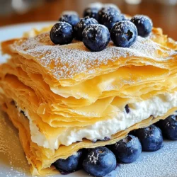 - 8 sheets of fillo dough - 1 cup ricotta cheese - 1 cup cream cheese - 1/2 cup powdered sugar - 1 teaspoon pure vanilla extract - 2 cups fresh blueberries - 1 tablespoon freshly squeezed lemon juice - Zest of 1 medium lemon - 1 large egg (for egg wash) - 2 tablespoons unsalted butter - Pinch of salt To make the Blueberry Cheesecake Fillo Galette, you need fresh and simple ingredients. The fillo dough creates a flaky, crispy crust. Ricotta and cream cheese offer a rich, creamy filling. Blueberries add a juicy, sweet taste to balance the dish. Each ingredient plays a key role. The powdered sugar sweetens the filling, while the lemon juice and zest brighten the flavors. The egg wash gives the edges a golden brown finish. Gathering the right tools is also important. You will need mixing bowls for the filling, a pastry brush for egg wash, and a baking sheet lined with parchment paper to prevent sticking. An electric mixer or whisk helps blend the ingredients smoothly, and a spatula is great for spreading the filling. With the right ingredients and tools, you can create a delightful dessert. For the complete recipe, check out the Full Recipe section. - Preheat oven to 375°F (190°C) - Line baking sheet with parchment paper Start your delightful dessert by heating your oven. This step ensures even cooking. You want the fillo to be crispy. Lining the baking sheet helps prevent sticking. It makes cleanup easier too. - Layer and butter the fillo sheets - Ensure crispiness in each layer Take one sheet of fillo dough and lay it flat. Use a pastry brush to coat it with melted butter. This keeps the layers crisp and tasty. Stack another sheet on top and repeat this for all eight sheets. The more butter, the better the crunch. - Combine ricotta, cream cheese, and powdered sugar - Incorporate vanilla, lemon juice, zest, and salt In a medium bowl, mix ricotta and cream cheese. Add in powdered sugar and stir until smooth. The mixture should be creamy, with no lumps. Next, pour in vanilla, lemon juice, zest, and a pinch of salt. This adds great flavor to your filling. - Transfer fillo dough to the baking sheet - Spoon and spread cheesecake filling Carefully move the layered fillo dough to your lined baking sheet. Leave some space around the edges. Spoon the cheesecake filling into the center. Use a spatula to spread it evenly. This will be the heart of your galette. - Fold edges of the fillo dough - Apply egg wash for golden color - Top with reserved blueberries Now, gently fold the edges of the fillo dough over the filling. This creates a beautiful, rustic look. For a nice golden color, beat an egg and brush it over the edges. Finally, scatter the remaining blueberries on top. They add color and flavor. - Bake for 25-30 minutes - Allow to cool before serving Place your galette in the preheated oven. Bake until the fillo is golden brown and crispy, about 25-30 minutes. Once done, take it out and let it cool for 5-10 minutes. This will help the filling set. Now you’re ready to serve your tasty treat. - Layering fillo dough: When you layer fillo, use 8 sheets. Brush each layer with melted butter. This keeps them crisp and flaky. Make sure to cover all edges. This will help the dough stay together. - Preventing sticking: Always work on a clean surface. Keep extra flour nearby. If the dough sticks, gently pull it apart. You can also use parchment paper to help. - Smooth filling: To get a smooth filling, mix cheeses well. Use a mixer or whisk until creamy. This will help avoid lumps. Incorporate powdered sugar slowly for the best results. - Avoiding lumps: Mix the filling thoroughly. Fold in the blueberries gently. This keeps the mixture smooth and light. If you see lumps, mix a bit longer. - Best accompaniments: Serve your galette with whipped cream or vanilla ice cream. A drizzle of honey or a sprinkle of lemon zest adds flavor. Fresh mint leaves can brighten the dish. - Plating ideas: Place the galette on a nice plate. Dust it with powdered sugar for a sweet touch. You can add extra blueberries around the galette for color. This makes the dish look stunning! {{image_4}} You can mix things up with fruits beyond blueberries. Raspberries add a bright tartness. Peaches bring a sweet and juicy twist. Try strawberries for a classic summer flavor. Seasonal fruits can also shine here. In fall, consider using apples or pears. In winter, think about citrus fruits for a refreshing taste. Don’t hesitate to be creative with flavors! A sprinkle of cinnamon or nutmeg can add warmth. For a decadent touch, drizzle melted chocolate or caramel on top after baking. These additions elevate the dessert and make it even more special. You can also mix in lemon zest for a zesty punch. If you need gluten-free options, use gluten-free fillo dough. Many brands offer this, and it works well in this recipe. For a dairy-free version, substitute cream cheese with a dairy-free cream cheese. Use a dairy-free ricotta or blended silken tofu as alternatives. These adjustments keep the essence of the dish while catering to dietary needs. To keep the galette fresh, wrap it tightly in plastic wrap. Place it in the fridge. This method helps maintain its flavor and texture. The galette stays fresh for about three days. After that, it may lose its crispiness. To reheat the galette, the oven is your best friend. Set it to 350°F (175°C). Place the galette on a baking sheet and cover it with foil. This keeps it from drying out. Heat for about 10 to 15 minutes. If you use a microwave, the texture may become soft. If you prefer the microwave, heat on low power for 30 seconds. Then check and heat more if needed. You can freeze a baked galette for up to three months. First, let it cool completely. Wrap it tightly in plastic wrap, then in aluminum foil. This prevents freezer burn. When you’re ready to serve it, defrost it in the fridge overnight. For a quick option, leave it at room temperature for a few hours before serving. This ensures a tasty treat for later! A galette is a simple, rustic pie. It has a free-form crust and can hold sweet or savory fillings. This style comes from French cooking. The word "galette" means "flat cake" in French. Traditionally, it uses dough made with flour, water, and fat. Galettes are easy to make and fun to serve. You can shape them in many ways, so they look great on any table. Yes, you can use frozen blueberries in your galette. They are a great option when fresh ones are not available. Just remember to thaw and drain them first. This helps prevent extra liquid in the filling. Frozen blueberries can taste just as good as fresh ones! They are perfect for baking. The galette is done when the crust is golden brown. Check for a crispy texture on the fillo dough. The filling should look set and not jiggly. You may also see some bubbles from the blueberries. These signs mean your dessert is ready to enjoy. You can prepare the galette ahead of time! Make the filling and store it in the fridge. Assemble the galette just before baking. This keeps the fillo dough crispy. For best results, bake it the same day you plan to serve it. If you have leftovers, store them in the fridge for quick snacks. Serve the galette warm or at room temperature. It pairs well with whipped cream or vanilla ice cream. Fresh mint leaves can add color and flavor. You can also dust it with powdered sugar for a lovely touch. For gatherings, the Full Recipe allows for easy slicing and sharing. Enjoy the compliments! You now have a simple guide to making a Blueberry Cheesecake Fillo Galette. We covered the key ingredients, tools, and step-by-step instructions. You have tips for perfecting the fillo dough and cheesecake filling. Remember, you can tweak flavors or fruits to match your taste. Store leftovers properly to enjoy them later. This dish is sure to impress everyone at your table. Enjoy making and sharing it!