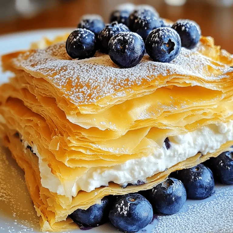 - 8 sheets of fillo dough - 1 cup ricotta cheese - 1 cup cream cheese - 1/2 cup powdered sugar - 1 teaspoon pure vanilla extract - 2 cups fresh blueberries - 1 tablespoon freshly squeezed lemon juice - Zest of 1 medium lemon - 1 large egg (for egg wash) - 2 tablespoons unsalted butter - Pinch of salt To make the Blueberry Cheesecake Fillo Galette, you need fresh and simple ingredients. The fillo dough creates a flaky, crispy crust. Ricotta and cream cheese offer a rich, creamy filling. Blueberries add a juicy, sweet taste to balance the dish. Each ingredient plays a key role. The powdered sugar sweetens the filling, while the lemon juice and zest brighten the flavors. The egg wash gives the edges a golden brown finish. Gathering the right tools is also important. You will need mixing bowls for the filling, a pastry brush for egg wash, and a baking sheet lined with parchment paper to prevent sticking. An electric mixer or whisk helps blend the ingredients smoothly, and a spatula is great for spreading the filling. With the right ingredients and tools, you can create a delightful dessert. For the complete recipe, check out the Full Recipe section. - Preheat oven to 375°F (190°C) - Line baking sheet with parchment paper Start your delightful dessert by heating your oven. This step ensures even cooking. You want the fillo to be crispy. Lining the baking sheet helps prevent sticking. It makes cleanup easier too. - Layer and butter the fillo sheets - Ensure crispiness in each layer Take one sheet of fillo dough and lay it flat. Use a pastry brush to coat it with melted butter. This keeps the layers crisp and tasty. Stack another sheet on top and repeat this for all eight sheets. The more butter, the better the crunch. - Combine ricotta, cream cheese, and powdered sugar - Incorporate vanilla, lemon juice, zest, and salt In a medium bowl, mix ricotta and cream cheese. Add in powdered sugar and stir until smooth. The mixture should be creamy, with no lumps. Next, pour in vanilla, lemon juice, zest, and a pinch of salt. This adds great flavor to your filling. - Transfer fillo dough to the baking sheet - Spoon and spread cheesecake filling Carefully move the layered fillo dough to your lined baking sheet. Leave some space around the edges. Spoon the cheesecake filling into the center. Use a spatula to spread it evenly. This will be the heart of your galette. - Fold edges of the fillo dough - Apply egg wash for golden color - Top with reserved blueberries Now, gently fold the edges of the fillo dough over the filling. This creates a beautiful, rustic look. For a nice golden color, beat an egg and brush it over the edges. Finally, scatter the remaining blueberries on top. They add color and flavor. - Bake for 25-30 minutes - Allow to cool before serving Place your galette in the preheated oven. Bake until the fillo is golden brown and crispy, about 25-30 minutes. Once done, take it out and let it cool for 5-10 minutes. This will help the filling set. Now you’re ready to serve your tasty treat. - Layering fillo dough: When you layer fillo, use 8 sheets. Brush each layer with melted butter. This keeps them crisp and flaky. Make sure to cover all edges. This will help the dough stay together. - Preventing sticking: Always work on a clean surface. Keep extra flour nearby. If the dough sticks, gently pull it apart. You can also use parchment paper to help. - Smooth filling: To get a smooth filling, mix cheeses well. Use a mixer or whisk until creamy. This will help avoid lumps. Incorporate powdered sugar slowly for the best results. - Avoiding lumps: Mix the filling thoroughly. Fold in the blueberries gently. This keeps the mixture smooth and light. If you see lumps, mix a bit longer. - Best accompaniments: Serve your galette with whipped cream or vanilla ice cream. A drizzle of honey or a sprinkle of lemon zest adds flavor. Fresh mint leaves can brighten the dish. - Plating ideas: Place the galette on a nice plate. Dust it with powdered sugar for a sweet touch. You can add extra blueberries around the galette for color. This makes the dish look stunning! {{image_4}} You can mix things up with fruits beyond blueberries. Raspberries add a bright tartness. Peaches bring a sweet and juicy twist. Try strawberries for a classic summer flavor. Seasonal fruits can also shine here. In fall, consider using apples or pears. In winter, think about citrus fruits for a refreshing taste. Don’t hesitate to be creative with flavors! A sprinkle of cinnamon or nutmeg can add warmth. For a decadent touch, drizzle melted chocolate or caramel on top after baking. These additions elevate the dessert and make it even more special. You can also mix in lemon zest for a zesty punch. If you need gluten-free options, use gluten-free fillo dough. Many brands offer this, and it works well in this recipe. For a dairy-free version, substitute cream cheese with a dairy-free cream cheese. Use a dairy-free ricotta or blended silken tofu as alternatives. These adjustments keep the essence of the dish while catering to dietary needs. To keep the galette fresh, wrap it tightly in plastic wrap. Place it in the fridge. This method helps maintain its flavor and texture. The galette stays fresh for about three days. After that, it may lose its crispiness. To reheat the galette, the oven is your best friend. Set it to 350°F (175°C). Place the galette on a baking sheet and cover it with foil. This keeps it from drying out. Heat for about 10 to 15 minutes. If you use a microwave, the texture may become soft. If you prefer the microwave, heat on low power for 30 seconds. Then check and heat more if needed. You can freeze a baked galette for up to three months. First, let it cool completely. Wrap it tightly in plastic wrap, then in aluminum foil. This prevents freezer burn. When you’re ready to serve it, defrost it in the fridge overnight. For a quick option, leave it at room temperature for a few hours before serving. This ensures a tasty treat for later! A galette is a simple, rustic pie. It has a free-form crust and can hold sweet or savory fillings. This style comes from French cooking. The word "galette" means "flat cake" in French. Traditionally, it uses dough made with flour, water, and fat. Galettes are easy to make and fun to serve. You can shape them in many ways, so they look great on any table. Yes, you can use frozen blueberries in your galette. They are a great option when fresh ones are not available. Just remember to thaw and drain them first. This helps prevent extra liquid in the filling. Frozen blueberries can taste just as good as fresh ones! They are perfect for baking. The galette is done when the crust is golden brown. Check for a crispy texture on the fillo dough. The filling should look set and not jiggly. You may also see some bubbles from the blueberries. These signs mean your dessert is ready to enjoy. You can prepare the galette ahead of time! Make the filling and store it in the fridge. Assemble the galette just before baking. This keeps the fillo dough crispy. For best results, bake it the same day you plan to serve it. If you have leftovers, store them in the fridge for quick snacks. Serve the galette warm or at room temperature. It pairs well with whipped cream or vanilla ice cream. Fresh mint leaves can add color and flavor. You can also dust it with powdered sugar for a lovely touch. For gatherings, the Full Recipe allows for easy slicing and sharing. Enjoy the compliments! You now have a simple guide to making a Blueberry Cheesecake Fillo Galette. We covered the key ingredients, tools, and step-by-step instructions. You have tips for perfecting the fillo dough and cheesecake filling. Remember, you can tweak flavors or fruits to match your taste. Store leftovers properly to enjoy them later. This dish is sure to impress everyone at your table. Enjoy making and sharing it!