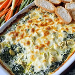 To make a great spinach artichoke dip, gather these must-have items: - 1 cup frozen spinach, meticulously thawed and thoroughly drained - 1 cup canned artichoke hearts, coarsely chopped - 1 cup cream cheese, softened to room temperature - 1/2 cup sour cream - 1/2 cup mayonnaise - 1 cup shredded mozzarella cheese, plus extra for topping - 1/2 cup grated Parmesan cheese - 2 cloves garlic, finely minced - 1 teaspoon onion powder - 1/2 teaspoon crushed red pepper flakes (optional) - Salt and freshly cracked pepper to taste These ingredients blend well to create a creamy, rich dip. The spinach adds a nice green color, while the artichokes give it a unique twist. The cheeses provide a stretchy, gooey texture that everyone loves. You can enhance the dip with these optional ingredients: - Fresh herbs like parsley or basil for a pop of freshness - A splash of lemon juice for brightness - A dash of Worcestershire sauce for depth - Different cheese, like cheddar or gouda, for a new flavor Adding these items can change the dip's taste profile. Feel free to experiment based on your preferences. When choosing between fresh and frozen ingredients, consider these tips: - Frozen spinach is often picked at peak ripeness and is convenient. - Fresh spinach can offer a brighter taste and texture. To use it, sauté it first to reduce moisture. - Look for artichoke hearts packed in water or oil. Avoid those with added preservatives. For the best flavor, use high-quality ingredients. They make a big difference in your dip's taste and texture. Start by gathering all your ingredients. You need: - 1 cup frozen spinach, thawed and drained - 1 cup canned artichoke hearts, chopped - 1 cup cream cheese, softened - 1/2 cup sour cream - 1/2 cup mayonnaise - 1 cup shredded mozzarella cheese, plus more for topping - 1/2 cup grated Parmesan cheese - 2 cloves garlic, minced - 1 teaspoon onion powder - 1/2 teaspoon crushed red pepper flakes (optional) - Salt and pepper to taste Make sure your spinach is really drained. Moisture can make the dip runny. In a large bowl, mix the cream cheese, sour cream, and mayonnaise. Use a spatula or mixer to blend until smooth. Add the minced garlic, onion powder, crushed red pepper, and a pinch of salt and pepper. Stir it all together. Next, gently fold in the spinach and chopped artichokes. Be careful not to overmix. Finally, add the mozzarella and Parmesan cheese. Save a little mozzarella for the top later. Preheat your oven to 350°F (175°C). Spoon the mixture into a baking dish. Spread it evenly for the best cooking. Top with the reserved mozzarella cheese. Bake for 25-30 minutes. Look for bubbling edges and a golden top. When done, take it out and let it cool for a few minutes. This dip is best served warm. For more details, refer to the Full Recipe. To achieve a creamier dip, use full-fat cream cheese. This adds richness. You can also mix in more sour cream or mayonnaise. These ingredients help create a smooth texture. Another tip is to blend the mixture longer. This eliminates lumps and incorporates air, giving it a fluffy feel. If you want a healthier dip, swap regular cream cheese for low-fat versions. You can also use Greek yogurt instead of sour cream. This adds protein and cuts calories. For mayonnaise, try using avocado or hummus. These options boost flavor without added fat. Serve your dip hot for the best experience. Pair it with crispy bread or tortilla chips. Fresh veggies like carrots and bell peppers also work well. For extra flavor, sprinkle some herbs on top before serving. You can find the full recipe to make this delightful dish. {{image_4}} You can swap out cheeses in your dip for fun twists. Try using gouda for a smoky taste. Cheddar adds a sharp flavor that many love. Cream cheese is key, but mixing in ricotta gives a light texture. You can also toss in feta for a tangy kick. Each cheese adds a unique flair, so feel free to mix and match! Spinach and artichokes are great, but you can add more veggies. Diced bell peppers or chopped kale can boost nutrition. Mushrooms add earthiness and texture, too. If you want protein, consider adding cooked chicken or crab meat. These additions make the dip heartier and more filling, making it a full meal option. If you like heat, spice up your dip with jalapeños or diced green chiles. They bring a fresh, fiery flavor. You can also add more crushed red pepper flakes for extra warmth. For a smoky touch, try chipotle peppers in adobo sauce. This adds depth to the flavor and will impress your guests. For more ideas, check out the Full Recipe for Spinach Artichoke Dip and let your creativity shine! To keep your spinach artichoke dip fresh, store it in an airtight container. Make sure it cools down first. Place it in the fridge. This will last for about three to four days. Avoid leaving it out for too long. Bacteria can grow fast in warm temperatures, which is not safe. When you're ready to enjoy your leftovers, the oven is your best friend. Preheat it to 350°F (175°C). Place the dip in an oven-safe dish. Cover it with foil to prevent it from drying out. Heat for about 15-20 minutes, or until it's hot and bubbly. If you want a golden top, remove the foil for the last few minutes. If you plan to freeze your dip, do it before baking. Pack it in an airtight container or freezer-safe bag. Make sure to remove all air. This will keep it good for up to three months. When you're ready to eat, thaw it in the fridge overnight. After that, bake it as usual according to the Full Recipe. To make Spinach Artichoke Dip from scratch, follow these steps: - Preheat your oven to 350°F (175°C). - Mix 1 cup softened cream cheese, 1/2 cup sour cream, and 1/2 cup mayonnaise in a bowl. - Add 2 minced garlic cloves, 1 teaspoon onion powder, and season with salt and pepper. - Fold in 1 cup drained spinach and 1 cup chopped artichoke hearts. - Stir in 1 cup shredded mozzarella and 1/2 cup grated Parmesan cheese. - Transfer the mixture to a baking dish and top with extra mozzarella. - Bake for 25-30 minutes until bubbly and golden. This recipe is easy and full of flavor. Check out the Full Recipe for more details. Yes, you can use fresh spinach instead of frozen. - Start with about 1 cup of fresh spinach. - Cook it in a pan with a little water until wilted. - Drain it well to remove excess water. - Chop the cooked spinach before adding it to the dip. Fresh spinach gives a nice texture and bright flavor. You have many great options to serve with Spinach Artichoke Dip. - Crispy toasted baguette slices are a classic choice. - Tortilla chips add a nice crunch. - Fresh vegetable sticks like carrots, celery, and bell peppers are healthy options. - You can also serve it with crackers or pita chips. These sides make your dip even more enjoyable. Spinach Artichoke Dip lasts about 3-5 days in the fridge. - Store it in an airtight container to keep it fresh. - Before serving, reheat it in the oven or microwave until warm. This dip is perfect for leftovers and great for snacking. You now know how to make tasty Spinach Artichoke Dip. We covered key ingredients and tips for fresh picks. I shared easy steps to prepare, mix, and bake the dip perfectly. For extra creaminess or health swaps, I provided great tricks. You can try many fun variations, like different cheeses and spices. Lastly, I outlined smart storage methods to keep leftovers fresh. Enjoy sharing this delicious dip at your next gathering!