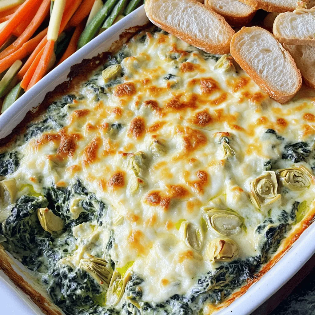 To make a great spinach artichoke dip, gather these must-have items: - 1 cup frozen spinach, meticulously thawed and thoroughly drained - 1 cup canned artichoke hearts, coarsely chopped - 1 cup cream cheese, softened to room temperature - 1/2 cup sour cream - 1/2 cup mayonnaise - 1 cup shredded mozzarella cheese, plus extra for topping - 1/2 cup grated Parmesan cheese - 2 cloves garlic, finely minced - 1 teaspoon onion powder - 1/2 teaspoon crushed red pepper flakes (optional) - Salt and freshly cracked pepper to taste These ingredients blend well to create a creamy, rich dip. The spinach adds a nice green color, while the artichokes give it a unique twist. The cheeses provide a stretchy, gooey texture that everyone loves. You can enhance the dip with these optional ingredients: - Fresh herbs like parsley or basil for a pop of freshness - A splash of lemon juice for brightness - A dash of Worcestershire sauce for depth - Different cheese, like cheddar or gouda, for a new flavor Adding these items can change the dip's taste profile. Feel free to experiment based on your preferences. When choosing between fresh and frozen ingredients, consider these tips: - Frozen spinach is often picked at peak ripeness and is convenient. - Fresh spinach can offer a brighter taste and texture. To use it, sauté it first to reduce moisture. - Look for artichoke hearts packed in water or oil. Avoid those with added preservatives. For the best flavor, use high-quality ingredients. They make a big difference in your dip's taste and texture. Start by gathering all your ingredients. You need: - 1 cup frozen spinach, thawed and drained - 1 cup canned artichoke hearts, chopped - 1 cup cream cheese, softened - 1/2 cup sour cream - 1/2 cup mayonnaise - 1 cup shredded mozzarella cheese, plus more for topping - 1/2 cup grated Parmesan cheese - 2 cloves garlic, minced - 1 teaspoon onion powder - 1/2 teaspoon crushed red pepper flakes (optional) - Salt and pepper to taste Make sure your spinach is really drained. Moisture can make the dip runny. In a large bowl, mix the cream cheese, sour cream, and mayonnaise. Use a spatula or mixer to blend until smooth. Add the minced garlic, onion powder, crushed red pepper, and a pinch of salt and pepper. Stir it all together. Next, gently fold in the spinach and chopped artichokes. Be careful not to overmix. Finally, add the mozzarella and Parmesan cheese. Save a little mozzarella for the top later. Preheat your oven to 350°F (175°C). Spoon the mixture into a baking dish. Spread it evenly for the best cooking. Top with the reserved mozzarella cheese. Bake for 25-30 minutes. Look for bubbling edges and a golden top. When done, take it out and let it cool for a few minutes. This dip is best served warm. For more details, refer to the Full Recipe. To achieve a creamier dip, use full-fat cream cheese. This adds richness. You can also mix in more sour cream or mayonnaise. These ingredients help create a smooth texture. Another tip is to blend the mixture longer. This eliminates lumps and incorporates air, giving it a fluffy feel. If you want a healthier dip, swap regular cream cheese for low-fat versions. You can also use Greek yogurt instead of sour cream. This adds protein and cuts calories. For mayonnaise, try using avocado or hummus. These options boost flavor without added fat. Serve your dip hot for the best experience. Pair it with crispy bread or tortilla chips. Fresh veggies like carrots and bell peppers also work well. For extra flavor, sprinkle some herbs on top before serving. You can find the full recipe to make this delightful dish. {{image_4}} You can swap out cheeses in your dip for fun twists. Try using gouda for a smoky taste. Cheddar adds a sharp flavor that many love. Cream cheese is key, but mixing in ricotta gives a light texture. You can also toss in feta for a tangy kick. Each cheese adds a unique flair, so feel free to mix and match! Spinach and artichokes are great, but you can add more veggies. Diced bell peppers or chopped kale can boost nutrition. Mushrooms add earthiness and texture, too. If you want protein, consider adding cooked chicken or crab meat. These additions make the dip heartier and more filling, making it a full meal option. If you like heat, spice up your dip with jalapeños or diced green chiles. They bring a fresh, fiery flavor. You can also add more crushed red pepper flakes for extra warmth. For a smoky touch, try chipotle peppers in adobo sauce. This adds depth to the flavor and will impress your guests. For more ideas, check out the Full Recipe for Spinach Artichoke Dip and let your creativity shine! To keep your spinach artichoke dip fresh, store it in an airtight container. Make sure it cools down first. Place it in the fridge. This will last for about three to four days. Avoid leaving it out for too long. Bacteria can grow fast in warm temperatures, which is not safe. When you're ready to enjoy your leftovers, the oven is your best friend. Preheat it to 350°F (175°C). Place the dip in an oven-safe dish. Cover it with foil to prevent it from drying out. Heat for about 15-20 minutes, or until it's hot and bubbly. If you want a golden top, remove the foil for the last few minutes. If you plan to freeze your dip, do it before baking. Pack it in an airtight container or freezer-safe bag. Make sure to remove all air. This will keep it good for up to three months. When you're ready to eat, thaw it in the fridge overnight. After that, bake it as usual according to the Full Recipe. To make Spinach Artichoke Dip from scratch, follow these steps: - Preheat your oven to 350°F (175°C). - Mix 1 cup softened cream cheese, 1/2 cup sour cream, and 1/2 cup mayonnaise in a bowl. - Add 2 minced garlic cloves, 1 teaspoon onion powder, and season with salt and pepper. - Fold in 1 cup drained spinach and 1 cup chopped artichoke hearts. - Stir in 1 cup shredded mozzarella and 1/2 cup grated Parmesan cheese. - Transfer the mixture to a baking dish and top with extra mozzarella. - Bake for 25-30 minutes until bubbly and golden. This recipe is easy and full of flavor. Check out the Full Recipe for more details. Yes, you can use fresh spinach instead of frozen. - Start with about 1 cup of fresh spinach. - Cook it in a pan with a little water until wilted. - Drain it well to remove excess water. - Chop the cooked spinach before adding it to the dip. Fresh spinach gives a nice texture and bright flavor. You have many great options to serve with Spinach Artichoke Dip. - Crispy toasted baguette slices are a classic choice. - Tortilla chips add a nice crunch. - Fresh vegetable sticks like carrots, celery, and bell peppers are healthy options. - You can also serve it with crackers or pita chips. These sides make your dip even more enjoyable. Spinach Artichoke Dip lasts about 3-5 days in the fridge. - Store it in an airtight container to keep it fresh. - Before serving, reheat it in the oven or microwave until warm. This dip is perfect for leftovers and great for snacking. You now know how to make tasty Spinach Artichoke Dip. We covered key ingredients and tips for fresh picks. I shared easy steps to prepare, mix, and bake the dip perfectly. For extra creaminess or health swaps, I provided great tricks. You can try many fun variations, like different cheeses and spices. Lastly, I outlined smart storage methods to keep leftovers fresh. Enjoy sharing this delicious dip at your next gathering!
