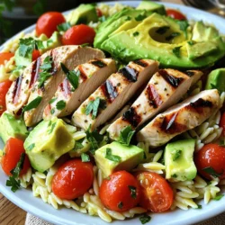 - 2 boneless, skinless chicken breasts - 1 cup orzo pasta - 1 ripe avocado, diced - 1 cup cherry tomatoes, halved - ½ cup cucumber, diced - ¼ cup red onion, finely chopped The main parts of this dish are simple yet flavorful. The chicken breasts bring protein and flavor, while the orzo adds a nice chewy texture. Fresh vegetables like avocado, tomatoes, cucumber, and onion add crunch and nutrition. - 3 tablespoons olive oil - 2 tablespoons fresh lemon juice - 1 teaspoon dried oregano - 1 teaspoon dried thyme - Salt and pepper to taste Seasoning is key to great flavor. The olive oil and lemon juice create a bright dressing that lifts the salad. Dried oregano and thyme add earthiness. Salt and pepper tie everything together. - Fresh parsley, chopped (for garnish) - Lemon wedges Garnishes make your dish pop. Fresh parsley adds color and flavor. A lemon wedge gives guests a chance to add more zest if they like. This salad looks great and tastes even better. For the full recipe, check the details above. - Preparing the Marinade Start by grabbing a medium mixing bowl. Whisk together 2 tablespoons of olive oil, fresh lemon juice, dried oregano, dried thyme, and a pinch of salt and pepper. This mix gives the chicken a bright, zesty flavor. - Covering and Refrigerating Add the chicken breasts to the bowl. Make sure they are covered well in the marinade. Cover the bowl with plastic wrap. Let it sit in the fridge for at least 30 minutes. If you have time, let it marinate for 2 hours. This allows the flavors to soak in. - Boiling Water and Adding Salt Fill a pot with water. Add a good amount of salt and bring it to a boil over high heat. Salting the water helps flavor the orzo. - Cooking Time and Rinsing Once the water is boiling, add the orzo. Cook it for about 8 to 10 minutes until it is al dente. Drain the orzo and rinse it under cold water. This stops the cooking process and keeps the orzo from getting mushy. - Preheating the Grill Preheat your grill or grill pan to medium-high heat. A hot grill creates nice grill marks and seals in juices. - Checking Internal Temperature Remove the chicken from the marinade, letting the excess drip off. Grill it for 6 to 7 minutes on each side. Use a meat thermometer to check for 165°F (75°C). Once done, let it rest for a few minutes before slicing. - Mixing Orzo and Veggies In a large mixing bowl, combine the cooled orzo with diced avocado, halved cherry tomatoes, diced cucumber, and finely chopped red onion. Gently stir to mix without mashing the avocado. - Whisking the Dressing In a small bowl, whisk together the last tablespoon of olive oil with a pinch of salt and pepper. This simple dressing ties the salad together. - Tossing the Ingredients Drizzle the dressing over the orzo and veggies. Toss gently to coat everything well. This step adds flavor to each bite. - Slicing Grilled Chicken Slice the grilled chicken into thin strips. This makes it easy to serve over the salad. - Final Presentation Arrange the chicken on top of the orzo salad. Garnish with freshly chopped parsley for a nice pop of color. Serve it in a big bowl to show off all the vibrant ingredients. For the complete recipe, visit the Full Recipe section. Best Marinade Times For the best flavor, marinate the chicken for at least 30 minutes. If you want a deeper taste, aim for up to 2 hours. This helps the chicken soak in all the tasty herbs and lemon. Cooking Tips for Juiciness To keep your chicken juicy, let it rest after grilling. This allows the juices to settle. Grill it until it reaches 165°F (75°C) for safety and flavor. Avoiding Overcooking Cook the orzo according to the package. Aim for al dente, which usually takes about 8 to 10 minutes. Test it a minute or two before the time is up to avoid mushy pasta. Rinsing Benefits After cooking, drain the orzo and rinse it under cold water. This stops the cooking and keeps it from sticking together. Rinsing also cools it down quickly for your salad. Keeping Avocados Fresh To keep avocados fresh, store them whole and uncut until ready to use. If they are cut, sprinkle some lemon juice on them to delay browning. Wrap in plastic wrap and place in the fridge. How to Store Leftover Salad If you have leftover salad, store it in an airtight container. Keep it in the fridge for up to two days. Avoid adding the dressing until you are ready to eat. This keeps the salad crisp. {{image_4}} You can make this salad your own with different proteins. If you love seafood, shrimp works great. Simply grill or sauté it until pink and tender. For a plant-based option, tofu is a fantastic substitute. Press the tofu to remove extra water, then marinate and grill it. Feel free to add more veggies too. Bell peppers bring a sweet crunch. You can chop them up and toss them in the mix. Spinach adds flavor and nutrition. Just toss in a handful for some vibrant greens. If you prefer a creamy dressing, try Greek yogurt. It adds creaminess without too many calories. Mix it with lemon juice for a zesty twist. Another option is a tahini dressing for a nutty flavor. Both add a nice touch to the salad. For a low-calorie choice, use a vinegar-based dressing. Balsamic or apple cider vinegar can brighten up the dish. Just mix it with a dash of olive oil for a light finish. Pair this salad with warm, crusty bread for a complete meal. A nice white wine also complements the flavors well. If you're serving guests, consider a family-style presentation. Use a large bowl and let everyone help themselves. You can even serve it in mason jars for a fun twist. To keep your Grilled Lemon Herb Chicken Avocado Orzo Salad fresh, follow these steps: - Refrigerating Leftovers: After serving, place any leftovers in the fridge. Make sure to cool them to room temperature first. This prevents condensation that can make your salad soggy. - Best Containers for Storage: Use airtight containers to store the salad. Glass containers work well, as do BPA-free plastic ones. This helps keep the ingredients fresh and prevents blending of flavors. - How Long It Lasts in the Fridge: When stored properly, this salad lasts for 3 to 4 days in the fridge. The chicken will remain safe to eat, but the avocado may brown. - Freezing Options: While I don't recommend freezing the salad, you can freeze the chicken separately. Wrap it tightly in plastic wrap and then in foil for the best results. - Best Methods for Keeping Texture: To reheat the chicken, use an oven or skillet. This helps keep its juicy texture. Avoid microwaving, as it can dry it out. - Safe Temperatures: Ensure the internal temperature reaches 165°F (75°C) when reheating. This keeps the dish safe and delicious. You can prepare the salad a few hours before serving. Cook the orzo and let it cool. Marinate and grill the chicken earlier in the day. Store each component separately in the fridge. Combine everything just before serving to keep the salad fresh. Yes, you can use other pasta shapes. Try small shapes like fusilli or penne. Just adjust the cooking time based on the pasta you choose. This way, you can enjoy the same flavors with a different texture. This salad pairs well with crusty bread or a light soup. You can also serve it with grilled vegetables or a fresh fruit platter. These options complement the bright flavors of the salad nicely. Absolutely! The salad holds up well in the fridge. Just keep the dressing separate until you’re ready to eat. This will keep everything fresh and tasty. It’s a great choice for quick lunches or dinners. This salad is packed with nutrients. Chicken provides lean protein. Avocado adds healthy fats. The veggies offer vitamins and minerals. Orzo contributes carbohydrates for energy. Together, they create a balanced meal. Yes! To make it vegan, simply swap the chicken for grilled tofu or chickpeas. Use a vegan-friendly dressing made with olive oil and lemon. The salad will still be delicious and satisfying. Check the Full Recipe for more details on plant-based options. This article covered how to make a Grilled Lemon Herb Chicken Avocado Orzo Salad. We explored key ingredients like chicken, orzo, and fresh veggies. I shared easy steps, helpful tips, and tasty variations to keep it fun. For the best results, marinate your chicken well and choose fresh ingredients. Don’t hesitate to customize this salad to your liking. Enjoy this dish as a meal or side, and remember, cooking should be fun!