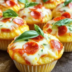 - All-purpose flour - Baking powder, salt, garlic powder, dried oregano - Milk and olive oil - Egg and cheese - Toppings like pepperoni and marinara sauce - Optional: Fresh basil leaves Gathering the right ingredients is key to making pizza cupcakes. You need all-purpose flour, which gives the cupcakes their base. The baking powder helps them rise. Salt adds flavor. Garlic powder and dried oregano bring that classic pizza taste. Next, you’ll need milk and olive oil for moisture. The egg binds everything together, while cheese adds creaminess. For toppings, pick your favorites! I like diced pepperoni, but any meat or veggie works well. Don't forget marinara sauce! It goes right in the center for a tasty surprise. If you want an extra touch, add fresh basil leaves as a garnish. They look great and taste fresh! Now, you're set to make some fun and yummy pizza cupcakes. For the full recipe, check out the recipe section. - Preheat Oven: Start by preheating your oven to 375°F (190°C). - Grease Muffin Tin: Use cooking spray or butter to grease the muffin tin well. This step helps the cupcakes pop out easily after baking. - Combine Dry Ingredients: In a large bowl, mix the flour, baking powder, salt, garlic powder, and oregano. Make sure they are well blended. This mix gives your cupcakes a tasty base. - Mix Wet Ingredients: In another bowl, whisk the milk, olive oil, and egg until smooth. This adds moisture to your cupcakes. - Combine Wet and Dry: Slowly pour the wet mix into the dry bowl. Stir gently with a spatula until just mixed. It’s okay if there are a few lumps; don’t over-mix. - Add Cheese and Toppings: Fold in the shredded mozzarella cheese and diced pepperoni. This adds loads of flavor. - Fill Muffin Cups: Spoon about one tablespoon of batter into each muffin cup, filling them one-third full. - Layer with Marinara Sauce: Add a teaspoon of marinara sauce on top of the batter in each cup. Then, spoon another layer of batter until the cups are two-thirds full. - Bake to Perfection: Put the muffin tin in the oven and bake for 15-18 minutes. They are done when golden brown and a toothpick comes out clean. These easy steps will help you create delicious Pizza Cupcakes. For the complete recipe, check out the Full Recipe section. Enjoy your cooking! To bake pizza cupcakes that rise and cook evenly, follow these tips: - Preheat the oven to ensure heat is consistent. This helps the cupcakes rise well. - Use a light touch when mixing. Combine wet and dry ingredients gently. Over-mixing can make the cupcakes tough. Presentation is key to making your pizza cupcakes shine. Here are some ideas: - Serve on a wooden board. Place the cupcakes neatly and add a few fresh basil leaves around them. This adds color and flair. - Offer marinara sauce on the side. This makes a tasty dip for your guests. You can even add some herbs to the sauce for extra flavor. Enjoy this delightful recipe and make it your own! For the full recipe, check out the details provided earlier. {{image_4}} You can easily change up the flavors in your pizza cupcakes. If you want to go vegetarian, swap the pepperoni for veggies. Try bell peppers, mushrooms, or olives. These will keep the taste fresh and fun. For those who love heat, add jalapeños or spicy sausage. This twist adds a kick to every bite. You can also mix in some crushed red pepper flakes for extra spice. Feel free to experiment and find your favorite combo! If you need gluten-free options, use a gluten-free flour blend. Many brands offer great substitutes that work well in baking. Just make sure to check the blend for the best results. For dairy-free cupcakes, substitute the cheese with a dairy-free alternative. There are many tasty vegan cheeses available today. You can also use almond or oat milk instead of regular milk. These swaps make your pizza cupcakes inclusive for everyone! To keep your pizza cupcakes fresh, store them in the fridge. Place them in an airtight container. This helps to keep them moist and tasty. They will last about three days in the fridge. If you want to keep them longer, freezing is a great option. For freezing, let the cupcakes cool completely first. Wrap each cupcake tightly in plastic wrap. Then, place them in a freezer bag or container. They can stay frozen for up to three months. When you're ready to enjoy, simply thaw them in the fridge overnight. To reheat pizza cupcakes, the oven is the best method. Preheat your oven to 350°F (175°C). Place the cupcakes on a baking sheet and cover them lightly with foil. Heat for about 10-15 minutes. This keeps the texture soft and the cheese melty. You can also use a microwave. Place one cupcake on a microwave-safe plate. Heat for 20-30 seconds. This method is quick, but it may make the cupcakes a bit soggy. If you prefer crispness, stick with the oven! Can I make pizza cupcakes ahead of time? Yes, you can make pizza cupcakes ahead of time. Just bake them and let them cool. Store them in an airtight container for up to three days. You can reheat them in the oven or microwave before serving. What are the best toppings for pizza cupcakes? The best toppings depend on your taste. Some favorites include: - Pepperoni - Sausage - Mushrooms - Bell peppers - Olives - Spinach Feel free to mix and match your favorites! Can I use different cheeses? Absolutely! You can use any cheese you like. Some great options are: - Cheddar - Provolone - Gouda - Feta Each cheese adds a unique flavor. How can I make the center saucier? To make the center saucier, add more marinara sauce. Place a teaspoon of sauce in each cup before adding the batter. You can also mix some sauce into the batter for extra flavor. Are pizza cupcakes suitable for meal prep? Yes! Pizza cupcakes are great for meal prep. They are easy to store and reheat. Just pack them in containers for quick lunches or snacks. Full Recipe: Pizza Cupcakes Delight 🧁 For the complete recipe, check out the section above. You learned how to make tasty pizza cupcakes. We covered ingredients, steps, tips, and variations. Remember to mix wet and dry items well but don't overdo it. Feel free to try different toppings and adjustments. Store extras in the fridge or freeze them for later use. These cupcakes are fun to make and share. Whether for a snack or a meal, enjoy your cooking adventure!