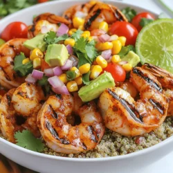 - 1 lb large shrimp, peeled and deveined - 2 tablespoons extra virgin olive oil - 1 ripe avocado, diced into 1-inch cubes - 2 teaspoons garlic powder - 1 teaspoon smoked paprika - 1 cup corn (fresh, frozen, or canned, drained if canned) - Fresh cilantro leaves - Juice of 1 fresh lime For this Grilled Shrimp Bowl with Avocado and Corn Salsa, I love using fresh, high-quality ingredients. The shrimp are the star here. Choose large shrimp for a satisfying bite. You want them peeled and deveined for easy eating. The olive oil adds a rich flavor. It helps the spices cling to the shrimp. Garlic powder and smoked paprika give the shrimp a lovely taste. They also create a nice color on the grill. Now, let’s talk about the corn and avocado. The corn adds sweetness and texture. You can use fresh corn from the cob or frozen corn. Just make sure to drain canned corn well. The avocado brings creaminess to the dish. Dicing it into cubes makes it easy to mix into the salsa. Finally, fresh cilantro and lime juice brighten the whole bowl. They add freshness and a zesty kick. These simple ingredients come together to create a meal that is not only tasty but also colorful and fun to eat. For the complete details on this dish, refer to the Full Recipe. To start, grab a medium bowl. Combine 2 tablespoons of olive oil with 2 teaspoons of garlic powder, 1 teaspoon of smoked paprika, and 1 teaspoon of ground cumin. Add salt and pepper to taste. Mix it well. Now, toss in 1 pound of cleaned shrimp. Make sure each shrimp is coated in that tasty marinade. Let the shrimp sit at room temperature for at least 15 minutes. This helps the shrimp absorb all those wonderful flavors. Next, take a large bowl for the salsa. Add 1 ripe avocado, diced into 1-inch cubes. Toss in 1 cup of halved cherry tomatoes, 1 cup of corn, 1/4 cup of finely diced red onion, and 1 minced jalapeño. Drizzle the mix with the juice of 1 fresh lime and a pinch of salt. Gently toss everything together. Be careful not to mash the avocado. This salsa adds color and freshness to our bowl. Now it’s time to grill. Preheat your grill or grill pan over medium-high heat. Once hot, place the marinated shrimp on the grill in a single layer. Make sure not to crowd them. Grill for about 2-3 minutes on each side. The shrimp should turn opaque and curl into a C shape when done. Remove them from the heat and set aside. For the final step, take individual serving bowls. Start with a scoop of cooked quinoa or brown rice as the base. Next, layer the grilled shrimp on top of the grain. Finally, add a generous serving of your vibrant avocado and corn salsa. This creates a beautiful and tasty dish that everyone will love. For the full recipe, you can refer to the complete instructions provided earlier. To get the best grilled shrimp, avoid overcrowding them on the grill. This helps each shrimp cook evenly. Place them in a single layer. Check for optimal doneness by looking for an opaque color and a nice curl. The shrimp should form a C shape when done. For a zesty kick, consider adding lime zest to the salsa. This will brighten the flavors. Adjust the jalapeño based on your heat preference. If you prefer it milder, use less or remove the seeds. Use colorful bowls for serving. Bright colors make the dish pop. Arrange the ingredients neatly to enhance visual appeal. Place the grilled shrimp on the base, then mound the salsa on top. This creates a beautiful and inviting dish. For more ways to make this dish stand out, check the Full Recipe. {{image_4}} If you want to switch things up, you can swap shrimp for chicken or tofu. Both options taste great with the same marinade. For a vegetarian version, use grilled vegetables like zucchini or bell peppers. They add nice flavors and textures. Instead of quinoa, you can use brown rice or farro. Each grain has its own taste and feel. If you're looking for a lighter option, try a bed of mixed greens. This will give your bowl a fresh crunch. To make your salsa pop, add seasonal fruits and veggies. Fresh peaches, mangoes, or even diced bell peppers can enhance the taste. You can also experiment with herbs like basil or mint. They add a unique twist that brightens the whole dish. For the full recipe, check out the detailed steps above! - Refrigerate leftovers in an airtight container. - Store shrimp separately from salsa for freshness. After enjoying your grilled shrimp bowl, store any leftovers right away. This helps keep the food safe and tasty. Use an airtight container for best results. If you have extra salsa, keep it in another container. This way, the shrimp stays juicy, and the salsa stays fresh. - Consume within 2-3 days for optimal flavor. - Freeze marinated shrimp for later use. Try to eat your leftovers within 2-3 days. This ensures you enjoy the best flavor. If you want to keep the shrimp longer, consider freezing them. Marinate the shrimp first, then place them in a freezer bag. This way, you can enjoy a quick meal later on. Just remember to thaw them before grilling. For the full recipe, check the complete guide. I recommend marinating the shrimp for at least 15 minutes. This time helps the shrimp soak up all the tasty flavors. You can also marinate them for up to an hour for even more flavor. Just keep them in the fridge if you choose to marinate longer. Yes, you can prep this dish in advance. You can marinate the shrimp and store it in the fridge. You can also prepare the salsa and keep it in an airtight container. Just grill the shrimp and assemble everything when you are ready to serve. If you can't have avocado, you can use diced mango or cucumber. Both add freshness and flavor. Another option is to use a creamy dressing as a base. This way, you keep the dish tasty without avocado. To add more heat, consider using extra jalapeño in the salsa. You can also sprinkle in some cayenne pepper or red pepper flakes when grilling the shrimp. For a fun twist, add a dash of hot sauce to the finished bowl. If you don't have a grill, you can pan-sear or bake the shrimp. For pan-searing, heat a skillet over medium-high heat. Cook the shrimp for about 2-3 minutes per side. If baking, spread them on a baking sheet and cook at 400°F for 6-8 minutes. Both methods work well and keep the shrimp juicy. In this post, we explored a tasty shrimp bowl recipe, starting with fresh shrimp, avocado, and corn. We detailed how to marinate the shrimp, prep the salsa, and grill everything to perfection. I also shared tips for great flavor and presentation, along with ways to customize your bowl. Remember, you can mix ingredients and try different proteins or grains. With these steps, you can enjoy a fresh, bright meal that excites your taste buds. Happy cooking!