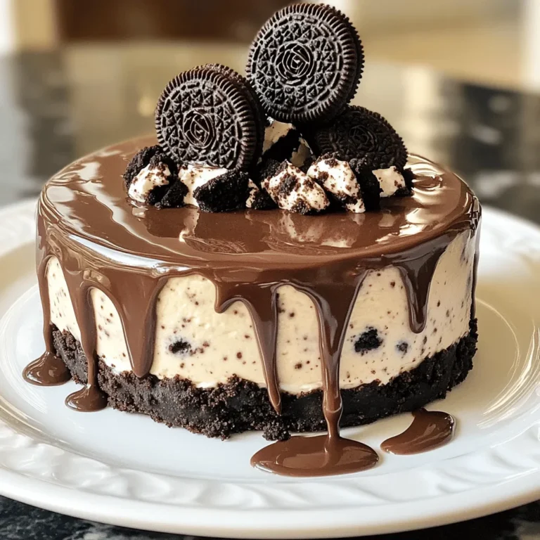 - 24 Oreo cookies (for crust) - 5 tablespoons unsalted butter (for crust) - 16 oz cream cheese (for filling) - 1 cup powdered sugar (for filling) - 1 teaspoon vanilla extract (for filling) - 1 1/2 cups heavy whipping cream (for filling) - 12 Oreo cookies (chopped for filling) - Additional Oreos (for topping) To make the best no-bake Oreo cheesecake, you need simple, tasty ingredients. First, the Oreo cookies create a crunchy crust. You will crush 24 cookies and mix them with melted butter. This mix gives your cheesecake a yummy base. Next, for the creamy filling, use 16 ounces of cream cheese. Make sure it is soft. This helps it mix well. Add in one cup of powdered sugar for sweetness. A teaspoon of vanilla extract adds great flavor. The next star is heavy whipping cream. You will need one and a half cups. This is what makes the filling light and fluffy. Don’t forget to chop 12 more Oreo cookies to mix in. These bits provide a nice surprise in each bite. Lastly, keep some extra Oreos to sprinkle on top when serving. This adds a fun touch and looks great on the plate. You can find the full recipe for this delicious dessert to guide you through every step. To start, take 24 Oreo cookies and finely crush them. You can place them in a ziplock bag and use a rolling pin. In a bowl, mix the crushed cookies with 5 tablespoons of melted butter. The mixture should feel like damp sand. Next, press this mixture firmly into the bottom of a 9-inch springform pan. Make sure it’s packed evenly. This creates a strong base for our cheesecake. Place the crust in the freezer while you work on the filling. This will help it firm up. In a big bowl, beat 16 oz of softened cream cheese with an electric mixer. Mix until it’s smooth and creamy. Slowly add in 1 cup of powdered sugar, mixing as you go. Then, pour in 1 teaspoon of pure vanilla extract. This adds great flavor to the filling. In another clean bowl, whip 1 1/2 cups of heavy whipping cream. Keep mixing until stiff peaks form. Be careful not to overwhip it, or it can turn grainy. Now, gently fold the whipped cream into the cream cheese mixture. Use a spatula and be careful to keep the air in. Once the mixtures are combined, fold in 12 roughly chopped Oreo cookies. This adds nice chunks of cookie throughout the cheesecake. Pour this filling over the prepared crust. Use the spatula to smooth the top evenly. Cover the cheesecake with plastic wrap and refrigerate it for at least 4 hours, or better yet, overnight. This lets the flavors blend and set well. For the full recipe, check the details above. - Use room temperature cream cheese for a smooth filling. - Always whip the cream in a clean bowl. - Be careful not to overwhip the cream; it should be light and fluffy. - Drizzle chocolate sauce over each slice for extra flavor. - Use chilled plates to keep your cheesecake cool and tasty. - Press the crust firmly; a loose crust will fall apart. - Do not overmix the filling; keep it creamy, not runny. {{image_4}} You can easily change the flavor of this cheesecake. Adding mint extract gives a fresh twist to the classic Oreo taste. Just use about half a teaspoon for the right balance. If you want to make it gluten-free, replace regular Oreos with gluten-free Oreos. You still get that great cookie crunch without worry. Toppings can make your cheesecake even more fun. Try using different cookies on top, like chocolate chip cookies, for a new flavor combo. You can also add fresh fruit such as strawberries or blueberries. Nuts like chopped pecans or walnuts add a satisfying crunch, making each bite interesting. Layering makes your cheesecake look amazing and taste even better. Alternate layers of the cheesecake filling with crushed Oreos. This not only adds texture but also enhances the flavor with each slice. It’s a simple way to make your dessert stand out at any gathering. For the full recipe, check out the Full Recipe section! To keep your cheesecake fresh, store it in the refrigerator. Place it in an airtight container. This helps prevent any weird smells or flavors from other foods. If you don’t have a container, wrap it tightly with plastic wrap. Enjoy your cheesecake within 5-7 days for the best taste. If you need to store it longer, you can freeze it. Freezing keeps it safe for about three months. Just make sure it’s wrapped well to avoid freezer burn. When you’re ready to serve a frozen cheesecake, take it out of the freezer. Place it in the fridge for several hours or overnight to thaw. This slow thawing helps maintain the texture. Avoid microwaving it, as that can make it soggy. Yes, you can use low-fat cream cheese. However, it may change the texture. The cheesecake might be less creamy and a bit denser. If you want a lighter feel, mix it with whipped cream. This can help keep some fluffiness in your dessert. The cheesecake needs at least 4 hours to set in the fridge. For the best results, let it chill overnight. This extra time helps the flavors blend better. The longer it sits, the more delicious it gets! Absolutely! Making it a day ahead is a great idea. It allows the flavors to deepen and mix well. Plus, it saves you time on the day you plan to serve it. Just be sure to cover it tightly with plastic wrap. Yes, you can make mini cheesecakes! Just use a muffin tin instead of a springform pan. Line it with cupcake liners for easy removal. Divide the crust and filling into the cups, adjusting the time to chill. Mini versions are fun and perfect for parties. To cut clean slices, use a sharp knife. Dip the knife in hot water first, then wipe it dry. This warms the blade and helps cut through the cheesecake smoothly. Repeat this process between each slice for the best results. Enjoy your No Bake Oreo Cheesecake! You learned how to make a delicious Oreo cheesecake from scratch. Starting with a simple crust, you mixed butter and crushed cookies. Then, you created a creamy filling with cream cheese, powdered sugar, and whipped cream. Be sure to follow the tips to avoid common mistakes. Customize the cheesecake with flavors and toppings you love. Store leftovers properly to keep them fresh. You now have the tools to impress friends and family with your cheesecake skills! Enjoy your sweet creations!