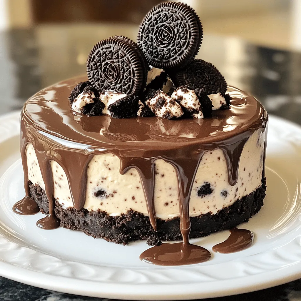 - 24 Oreo cookies (for crust) - 5 tablespoons unsalted butter (for crust) - 16 oz cream cheese (for filling) - 1 cup powdered sugar (for filling) - 1 teaspoon vanilla extract (for filling) - 1 1/2 cups heavy whipping cream (for filling) - 12 Oreo cookies (chopped for filling) - Additional Oreos (for topping) To make the best no-bake Oreo cheesecake, you need simple, tasty ingredients. First, the Oreo cookies create a crunchy crust. You will crush 24 cookies and mix them with melted butter. This mix gives your cheesecake a yummy base. Next, for the creamy filling, use 16 ounces of cream cheese. Make sure it is soft. This helps it mix well. Add in one cup of powdered sugar for sweetness. A teaspoon of vanilla extract adds great flavor. The next star is heavy whipping cream. You will need one and a half cups. This is what makes the filling light and fluffy. Don’t forget to chop 12 more Oreo cookies to mix in. These bits provide a nice surprise in each bite. Lastly, keep some extra Oreos to sprinkle on top when serving. This adds a fun touch and looks great on the plate. You can find the full recipe for this delicious dessert to guide you through every step. To start, take 24 Oreo cookies and finely crush them. You can place them in a ziplock bag and use a rolling pin. In a bowl, mix the crushed cookies with 5 tablespoons of melted butter. The mixture should feel like damp sand. Next, press this mixture firmly into the bottom of a 9-inch springform pan. Make sure it’s packed evenly. This creates a strong base for our cheesecake. Place the crust in the freezer while you work on the filling. This will help it firm up. In a big bowl, beat 16 oz of softened cream cheese with an electric mixer. Mix until it’s smooth and creamy. Slowly add in 1 cup of powdered sugar, mixing as you go. Then, pour in 1 teaspoon of pure vanilla extract. This adds great flavor to the filling. In another clean bowl, whip 1 1/2 cups of heavy whipping cream. Keep mixing until stiff peaks form. Be careful not to overwhip it, or it can turn grainy. Now, gently fold the whipped cream into the cream cheese mixture. Use a spatula and be careful to keep the air in. Once the mixtures are combined, fold in 12 roughly chopped Oreo cookies. This adds nice chunks of cookie throughout the cheesecake. Pour this filling over the prepared crust. Use the spatula to smooth the top evenly. Cover the cheesecake with plastic wrap and refrigerate it for at least 4 hours, or better yet, overnight. This lets the flavors blend and set well. For the full recipe, check the details above. - Use room temperature cream cheese for a smooth filling. - Always whip the cream in a clean bowl. - Be careful not to overwhip the cream; it should be light and fluffy. - Drizzle chocolate sauce over each slice for extra flavor. - Use chilled plates to keep your cheesecake cool and tasty. - Press the crust firmly; a loose crust will fall apart. - Do not overmix the filling; keep it creamy, not runny. {{image_4}} You can easily change the flavor of this cheesecake. Adding mint extract gives a fresh twist to the classic Oreo taste. Just use about half a teaspoon for the right balance. If you want to make it gluten-free, replace regular Oreos with gluten-free Oreos. You still get that great cookie crunch without worry. Toppings can make your cheesecake even more fun. Try using different cookies on top, like chocolate chip cookies, for a new flavor combo. You can also add fresh fruit such as strawberries or blueberries. Nuts like chopped pecans or walnuts add a satisfying crunch, making each bite interesting. Layering makes your cheesecake look amazing and taste even better. Alternate layers of the cheesecake filling with crushed Oreos. This not only adds texture but also enhances the flavor with each slice. It’s a simple way to make your dessert stand out at any gathering. For the full recipe, check out the Full Recipe section! To keep your cheesecake fresh, store it in the refrigerator. Place it in an airtight container. This helps prevent any weird smells or flavors from other foods. If you don’t have a container, wrap it tightly with plastic wrap. Enjoy your cheesecake within 5-7 days for the best taste. If you need to store it longer, you can freeze it. Freezing keeps it safe for about three months. Just make sure it’s wrapped well to avoid freezer burn. When you’re ready to serve a frozen cheesecake, take it out of the freezer. Place it in the fridge for several hours or overnight to thaw. This slow thawing helps maintain the texture. Avoid microwaving it, as that can make it soggy. Yes, you can use low-fat cream cheese. However, it may change the texture. The cheesecake might be less creamy and a bit denser. If you want a lighter feel, mix it with whipped cream. This can help keep some fluffiness in your dessert. The cheesecake needs at least 4 hours to set in the fridge. For the best results, let it chill overnight. This extra time helps the flavors blend better. The longer it sits, the more delicious it gets! Absolutely! Making it a day ahead is a great idea. It allows the flavors to deepen and mix well. Plus, it saves you time on the day you plan to serve it. Just be sure to cover it tightly with plastic wrap. Yes, you can make mini cheesecakes! Just use a muffin tin instead of a springform pan. Line it with cupcake liners for easy removal. Divide the crust and filling into the cups, adjusting the time to chill. Mini versions are fun and perfect for parties. To cut clean slices, use a sharp knife. Dip the knife in hot water first, then wipe it dry. This warms the blade and helps cut through the cheesecake smoothly. Repeat this process between each slice for the best results. Enjoy your No Bake Oreo Cheesecake! You learned how to make a delicious Oreo cheesecake from scratch. Starting with a simple crust, you mixed butter and crushed cookies. Then, you created a creamy filling with cream cheese, powdered sugar, and whipped cream. Be sure to follow the tips to avoid common mistakes. Customize the cheesecake with flavors and toppings you love. Store leftovers properly to keep them fresh. You now have the tools to impress friends and family with your cheesecake skills! Enjoy your sweet creations!