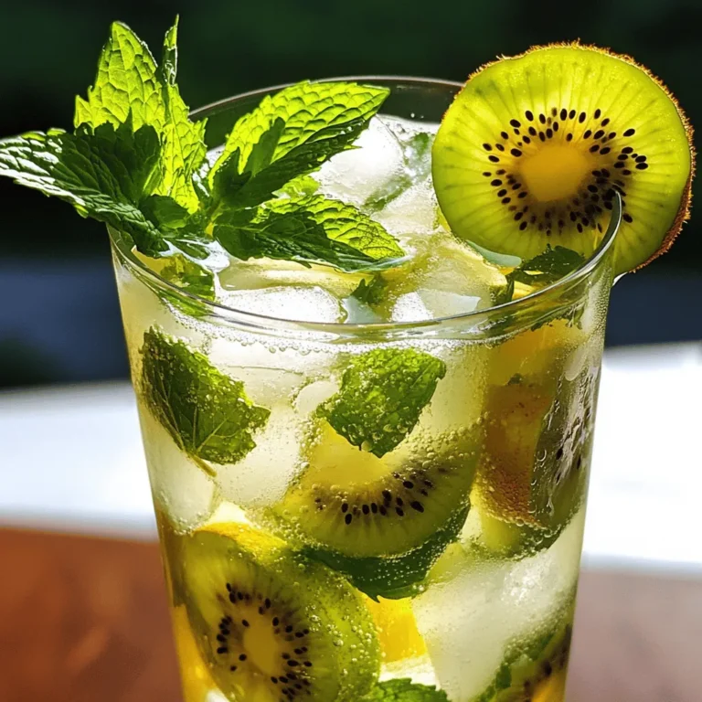 To create a Kiwi Mint Mojito Mocktail, you need fresh and simple ingredients. Here’s the complete list: - Fresh kiwi - Mint leaves - Sweetener options - Lime juice - Sparkling water - Garnishes Using ripe and juicy kiwis makes a big difference. I love the bright green color of fresh kiwi. It adds a fun look to your drink. Mint leaves bring a cool taste that pairs well with kiwi. You can choose your sweetener. Honey works well, but you can use sugar or agave too. Fresh lime juice adds a zesty kick that brightens the flavor. Sparkling water gives the drink its fizz. Finally, use kiwi slices and mint sprigs as garnishes for a lovely finish. You can find the full recipe [here]. Enjoy crafting this refreshing summer drink! To start, gather your ingredients. You will need ripe kiwis, fresh mint leaves, honey, and lime juice. In a sturdy glass or cocktail shaker, place the chopped kiwi pieces along with the mint leaves. Now, let’s talk about muddling. Use a muddler or the back of a spoon. Press down gently on the kiwis and mint. You want to mash them just enough to release their juices and oils. Aim for a pulpy mixture but don’t over-muddle. This step makes the flavors pop! Next, add honey and lime juice to the mixture. Muddle gently once more to blend everything well. The sweetness of the honey and the tartness of the lime will bring your mocktail to life. Now it’s time to prepare your glass. Fill it with ice cubes to the top. This will keep your drink cold and refreshing. After preparing the base, it’s time to add the sparkling water. Pour it over the ice slowly. This helps maintain the bubbles. When you stir, do it gently. Use a straw or spoon and mix just enough to blend the kiwi-mint base with the sparkling water. Be careful not to stir too hard, or you’ll lose the carbonation. For a stunning presentation, garnish your mocktail. Add extra mint sprigs and kiwi slices on the rim of the glass. This not only looks great but also adds a hint of flavor. Follow these steps, and you will have a delightful Kiwi Mint Mojito Mocktail. You can find the Full Recipe for more details! - Choosing ripe kiwis: Look for kiwis that are soft to the touch. They should have a nice, sweet smell. Ripe kiwis blend better and enhance the drink's taste. - Adjusting sweetness levels: Start with one tablespoon of honey. If you like it sweeter, add more. Taste as you go to find the right balance. - Balancing mint and lime flavors: Use fresh mint for a bright taste. Lime adds zing. Start with one tablespoon of lime juice and adjust to your liking. - Ideal occasions for the mocktail: This drink is perfect for hot summer days, picnics, or family gatherings. It’s a fun drink for kids and adults. - Pairing with snacks or appetizers: Serve this mocktail with light snacks, like chips and guac or fresh veggies. It also goes well with fruity desserts. {{image_4}} You can add a twist to your Kiwi Mint Mojito Mocktail with other fruits. Try adding berries like strawberries or raspberries for a fruity punch. Pineapple also adds a tropical vibe that blends well with kiwi. You can even mix in some cucumber slices for a refreshing crunch. If you want to explore herbal infusions, you can use basil or thyme. These herbs give a unique flavor that complements the mint. Just remember to muddle them lightly to release their oils. To turn your mocktail into a cocktail, simply add some alcohol. Light rum is a classic choice for mojitos, enhancing the tropical feel. You can also use vodka for a smoother taste. If you enjoy gin, its herbal notes will pair well with the mint. Try to keep the balance right. Start with one or two ounces of alcohol. Then adjust to your taste. This way, you’ll have a refreshing drink without overpowering the kiwi and mint flavors. For the full recipe, check out the Kiwi Mint Mojito Mocktail 🥝. To keep kiwis fresh, store them in the fridge. They last longer when cool. Place them in a plastic bag with holes. This keeps air flow while avoiding moisture. Mint leaves need care too. Wrap them in a damp paper towel. Then put them in a plastic bag. This helps them stay fresh longer. If you plan to prepare the mocktail in advance, chop the kiwis and keep them in an airtight container. This cuts down on prep time later. Enjoy your Kiwi Mint Mojito Mocktail within a few hours for the best taste. After that, it may lose its fizz. If you have leftovers, store them in the fridge. Consume within 24 hours. To bring back some life, add fresh mint or a splash of sparkling water. This can help refresh stale mocktails. Always taste before serving. A quick stir can also help mix flavors. For the full recipe, check out the linked section to create your perfect drink! What are the health benefits of kiwis and mint? Kiwis are full of vitamin C, which helps your immune system. They also have fiber, good for digestion. Mint can aid in digestion too. It freshens your breath and adds flavor without extra calories. Together, they make a tasty and healthy drink. Can I make this mocktail ahead of time? You can prepare the kiwi-mint base in advance. Just muddle kiwis and mint, then store it in the fridge. When you’re ready to serve, add ice and sparkling water. This keeps the drink fresh and fizzy. What’s the best way to adjust sweetness? Honey is a great choice for sweetness. Start with one tablespoon and taste it. If it’s not sweet enough, add more honey. You could also use agave syrup or any sweetener you prefer. Adjust to your taste for the perfect balance. Enjoy making your Kiwi Mint Mojito Mocktail! For the detailed process, check the Full Recipe. This blog post shared how to make a refreshing Kiwi Mint Mojito mocktail. You learned about key ingredients, from fresh kiwis to sparkling water. The step-by-step guide helped you muddle and mix for the best flavor. I shared tips for enhancing taste and ideas for serving. Plus, you found fun variations to try. Remember, the fresh taste of kiwi and mint can brighten any occasion. Enjoy crafting your mocktails and impressing friends with tasty drinks!