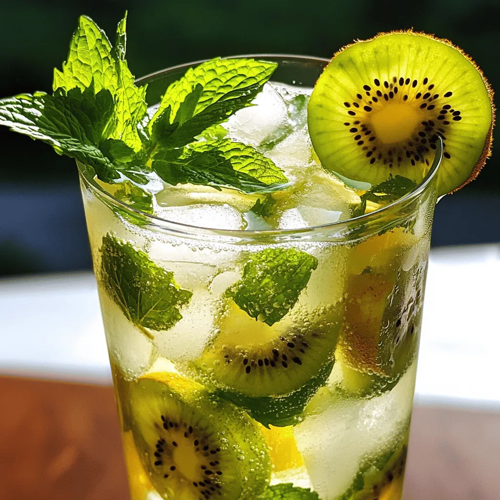 To create a Kiwi Mint Mojito Mocktail, you need fresh and simple ingredients. Here’s the complete list: - Fresh kiwi - Mint leaves - Sweetener options - Lime juice - Sparkling water - Garnishes Using ripe and juicy kiwis makes a big difference. I love the bright green color of fresh kiwi. It adds a fun look to your drink. Mint leaves bring a cool taste that pairs well with kiwi. You can choose your sweetener. Honey works well, but you can use sugar or agave too. Fresh lime juice adds a zesty kick that brightens the flavor. Sparkling water gives the drink its fizz. Finally, use kiwi slices and mint sprigs as garnishes for a lovely finish. You can find the full recipe [here]. Enjoy crafting this refreshing summer drink! To start, gather your ingredients. You will need ripe kiwis, fresh mint leaves, honey, and lime juice. In a sturdy glass or cocktail shaker, place the chopped kiwi pieces along with the mint leaves. Now, let’s talk about muddling. Use a muddler or the back of a spoon. Press down gently on the kiwis and mint. You want to mash them just enough to release their juices and oils. Aim for a pulpy mixture but don’t over-muddle. This step makes the flavors pop! Next, add honey and lime juice to the mixture. Muddle gently once more to blend everything well. The sweetness of the honey and the tartness of the lime will bring your mocktail to life. Now it’s time to prepare your glass. Fill it with ice cubes to the top. This will keep your drink cold and refreshing. After preparing the base, it’s time to add the sparkling water. Pour it over the ice slowly. This helps maintain the bubbles. When you stir, do it gently. Use a straw or spoon and mix just enough to blend the kiwi-mint base with the sparkling water. Be careful not to stir too hard, or you’ll lose the carbonation. For a stunning presentation, garnish your mocktail. Add extra mint sprigs and kiwi slices on the rim of the glass. This not only looks great but also adds a hint of flavor. Follow these steps, and you will have a delightful Kiwi Mint Mojito Mocktail. You can find the Full Recipe for more details! - Choosing ripe kiwis: Look for kiwis that are soft to the touch. They should have a nice, sweet smell. Ripe kiwis blend better and enhance the drink's taste. - Adjusting sweetness levels: Start with one tablespoon of honey. If you like it sweeter, add more. Taste as you go to find the right balance. - Balancing mint and lime flavors: Use fresh mint for a bright taste. Lime adds zing. Start with one tablespoon of lime juice and adjust to your liking. - Ideal occasions for the mocktail: This drink is perfect for hot summer days, picnics, or family gatherings. It’s a fun drink for kids and adults. - Pairing with snacks or appetizers: Serve this mocktail with light snacks, like chips and guac or fresh veggies. It also goes well with fruity desserts. {{image_4}} You can add a twist to your Kiwi Mint Mojito Mocktail with other fruits. Try adding berries like strawberries or raspberries for a fruity punch. Pineapple also adds a tropical vibe that blends well with kiwi. You can even mix in some cucumber slices for a refreshing crunch. If you want to explore herbal infusions, you can use basil or thyme. These herbs give a unique flavor that complements the mint. Just remember to muddle them lightly to release their oils. To turn your mocktail into a cocktail, simply add some alcohol. Light rum is a classic choice for mojitos, enhancing the tropical feel. You can also use vodka for a smoother taste. If you enjoy gin, its herbal notes will pair well with the mint. Try to keep the balance right. Start with one or two ounces of alcohol. Then adjust to your taste. This way, you’ll have a refreshing drink without overpowering the kiwi and mint flavors. For the full recipe, check out the Kiwi Mint Mojito Mocktail 🥝. To keep kiwis fresh, store them in the fridge. They last longer when cool. Place them in a plastic bag with holes. This keeps air flow while avoiding moisture. Mint leaves need care too. Wrap them in a damp paper towel. Then put them in a plastic bag. This helps them stay fresh longer. If you plan to prepare the mocktail in advance, chop the kiwis and keep them in an airtight container. This cuts down on prep time later. Enjoy your Kiwi Mint Mojito Mocktail within a few hours for the best taste. After that, it may lose its fizz. If you have leftovers, store them in the fridge. Consume within 24 hours. To bring back some life, add fresh mint or a splash of sparkling water. This can help refresh stale mocktails. Always taste before serving. A quick stir can also help mix flavors. For the full recipe, check out the linked section to create your perfect drink! What are the health benefits of kiwis and mint? Kiwis are full of vitamin C, which helps your immune system. They also have fiber, good for digestion. Mint can aid in digestion too. It freshens your breath and adds flavor without extra calories. Together, they make a tasty and healthy drink. Can I make this mocktail ahead of time? You can prepare the kiwi-mint base in advance. Just muddle kiwis and mint, then store it in the fridge. When you’re ready to serve, add ice and sparkling water. This keeps the drink fresh and fizzy. What’s the best way to adjust sweetness? Honey is a great choice for sweetness. Start with one tablespoon and taste it. If it’s not sweet enough, add more honey. You could also use agave syrup or any sweetener you prefer. Adjust to your taste for the perfect balance. Enjoy making your Kiwi Mint Mojito Mocktail! For the detailed process, check the Full Recipe. This blog post shared how to make a refreshing Kiwi Mint Mojito mocktail. You learned about key ingredients, from fresh kiwis to sparkling water. The step-by-step guide helped you muddle and mix for the best flavor. I shared tips for enhancing taste and ideas for serving. Plus, you found fun variations to try. Remember, the fresh taste of kiwi and mint can brighten any occasion. Enjoy crafting your mocktails and impressing friends with tasty drinks!