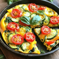 - 6 large eggs - 1 cup whole milk - 1 bell pepper (choose red or yellow), diced - 1 small zucchini, thinly sliced - 1 cup baby spinach, roughly chopped - 1/2 cup cherry tomatoes, halved - 1/2 cup onion, finely chopped - 1/2 cup shredded sharp cheddar cheese - 1 tablespoon extra virgin olive oil - Salt and freshly ground black pepper, to taste - Fresh basil or parsley for a fragrant garnish (optional) For the Easy Vegetable Frittata, focus on fresh and colorful ingredients. Eggs and whole milk form the base. They give the frittata a rich flavor and soft texture. You can choose a mix of vegetables that you enjoy. Bell peppers add a sweet crunch. Zucchini provides moisture and a mild taste. Spinach brings a touch of green and nutrients. Cherry tomatoes add bursts of juicy flavor. Onion gives depth to the dish. I love using sharp cheddar cheese for its bold taste. It melts well and makes the frittata creamy. Seasoning is simple: just salt and black pepper. Use good-quality olive oil for sautéing. It enhances the flavors of the veggies. If you want to make it even prettier, add fresh basil or parsley on top. This simple garnish brightens the dish and adds aroma. For the complete cooking process, check the Full Recipe to see how these ingredients come together in a delicious frittata. First, preheat your oven to 375°F (190°C). This step is key for baking. While the oven heats, grab a large mixing bowl. Crack 6 large eggs into the bowl. Pour in 1 cup of whole milk. Whisk them together until smooth. Add a pinch of salt and ground black pepper. Mix again to combine. Now, grab a large oven-safe skillet. Heat 1 tablespoon of olive oil over medium heat. Once hot, add 1/2 cup of finely chopped onions and 1 diced bell pepper. Sauté for 3-4 minutes. Stir occasionally until the onions look translucent. Next, add 1 small zucchini, thinly sliced, and 1/2 cup of halved cherry tomatoes. Cook for another 2-3 minutes. This softens the veggies nicely. Add 1 cup of roughly chopped baby spinach to the skillet. Stir until the spinach wilts, which takes about 1 minute. Carefully pour the egg mixture over the vegetables. Make sure it spreads evenly. Sprinkle 1/2 cup of shredded sharp cheddar cheese on top. Let the frittata cook on the stovetop for 2-3 minutes. Watch for the edges to set. Transfer the skillet to your preheated oven. Bake for 15-20 minutes. Keep an eye on it until the frittata puffs up and the center sets slightly. When done, take it out and let it cool for a few minutes. Cut it into wedges. You can garnish with fresh basil or parsley for a fragrant touch. Enjoy this colorful veggie frittata! For the Full Recipe, refer to the previous section. To get the best frittata, control your oven temperature. Preheat it to 375°F (190°C). This heat helps the frittata rise and cook evenly. When the frittata is done, it should be puffed up and barely jiggle in the middle. A good test is to insert a knife into the center. If it comes out clean, it's ready! One big mistake is overcooking the egg mixture. This can make the frittata dry and rubbery. Keep an eye on it while it bakes. Another common error is skipping the preheat step. If the oven isn’t hot enough, your frittata won’t cook right. Pair your frittata with a fresh salad or whole grain toast. These sides add color and balance to your meal. For a pretty presentation, slice the frittata into wedges. Garnish with fresh basil or parsley for a pop of green. This makes your dish look even more inviting. If you're looking for the Full Recipe to follow along, check out the details above! {{image_4}} You can change the veggies in your frittata. Swap zucchini with mushrooms or broccoli. Each swap gives a new taste. Seasonal veggies can also enhance flavor. Try asparagus in spring or butternut squash in fall. Each season brings fresh, tasty choices. Adding protein makes your frittata heartier. You can include cooked bacon, sausage, or ham. These meats add a savory punch. If you want a vegetarian option, use tofu. Just crumble it and mix it in. Tofu absorbs flavors well and adds great texture. Cheese brings creaminess to your frittata. Try using feta or mozzarella instead of cheddar. Feta gives a tangy kick, while mozzarella adds a mild flavor. For a plant-based frittata, look for vegan cheese options. These can melt well and still taste great. Check out the Full Recipe for more ideas on cheese choices! To keep your frittata fresh, store it in the fridge. Place it in an airtight container. This helps lock in moisture and flavor. You can also cover it tightly with plastic wrap. Make sure to eat it within three days for the best taste. When reheating, use the oven or microwave. For the oven, set it to 350°F (175°C). Heat for about 10-15 minutes. This method keeps the texture nice. If using the microwave, heat in short bursts of 30 seconds. Check it often to avoid drying out the frittata. Yes, you can freeze frittata! Cut it into slices before freezing. Wrap each slice in plastic wrap, then place them in a freezer bag. This way, you can take out one slice at a time. To thaw, move it to the fridge overnight before reheating. Enjoy your frittata later with ease! A frittata and an omelet are both egg dishes, but they differ in how you cook them. An omelet cooks quickly on the stovetop and is folded over filling. A frittata cooks slower and is baked in the oven. The frittata often has more ingredients mixed in, making it thicker. You can add many veggies and cheese to a frittata, while an omelet usually has a few fillings. Yes, you can make a frittata ahead of time. It is great for meal prep. Cook it and then let it cool. Store it in the fridge for up to three days. You can slice it into portions for easy grabbing. Reheat it in the oven or microwave when ready to eat. This makes for a quick breakfast or snack! You can easily customize your frittata to fit your diet. For a gluten-free frittata, just use gluten-free ingredients. You can skip cheese for a dairy-free version. If you want a vegetarian frittata, just add more veggies. Try spinach, mushrooms, or sweet potatoes. For a vegan option, replace eggs with tofu or chickpea flour. You can find the Full Recipe for the Colorful Veggie Frittata [here](#). This blog post covers how to make a tasty and easy vegetable frittata. You learned the key ingredients, like eggs, veggies, and cheese. We also discussed step-by-step instructions and tips for great texture. Remember to use fresh ingredients and avoid common mistakes. You can customize your frittata by adding proteins or trying different cheeses. Proper storage helps keep leftovers fresh. Now, with these insights, you can cook a perfect frittata every time. Enjoy your cooking and make it your own!