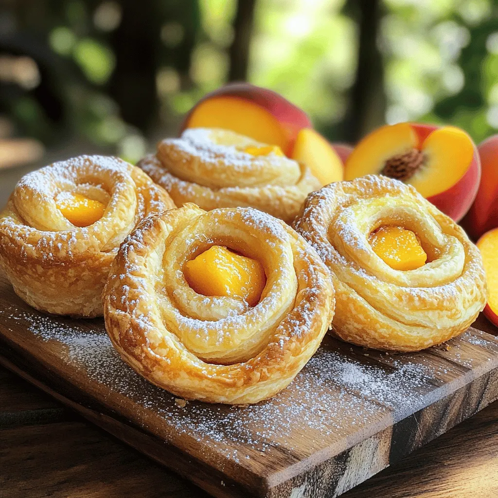 To make delicious Peach Pie Cruffins, you will need the following ingredients: - 2 cups all-purpose flour - 1/2 cup granulated sugar - 1 tablespoon baking powder - 1/2 teaspoon salt - 1/2 cup unsalted butter, melted - 3/4 cup milk - 1 teaspoon vanilla extract - 2 large peaches, peeled and diced - 1 teaspoon ground cinnamon - 1/4 teaspoon ground nutmeg - 1 tablespoon fresh lemon juice - 1 egg (for egg wash) - Powdered sugar for dusting Each ingredient plays a key role in the flavor and texture of the cruffins. The flour gives structure, while the sugar adds sweetness. Baking powder helps them rise, and salt enhances all the flavors. Using unsalted butter gives you control over the salt level. Milk adds moisture and richness, while vanilla brings warmth. Peaches are the star, giving a fresh, fruity taste. Cinnamon and nutmeg add warmth and spice, and lemon juice brightens the flavor. Finally, the egg wash gives a golden crust. For a sweet finish, sprinkle powdered sugar on top. These Peach Pie Cruffins are sure to impress! If you're ready, check the Full Recipe for more details. - Preheat your oven to 375°F (190°C). Grease a standard muffin tin with cooking spray or butter. - In a large bowl, combine 2 cups of all-purpose flour, 1/2 cup of granulated sugar, 1 tablespoon of baking powder, and 1/2 teaspoon of salt. Whisk these dry ingredients together until blended. - In another bowl, mix 1/2 cup of melted unsalted butter, 3/4 cup of milk, and 1 teaspoon of vanilla extract. Gradually pour this wet mix into the dry ingredients. Stir gently until just combined. It’s okay if the batter is a bit lumpy. - Carefully fold in 2 diced peaches, 1 teaspoon of ground cinnamon, 1/4 teaspoon of ground nutmeg, and 1 tablespoon of fresh lemon juice. Mix until everything is well distributed. - On a floured surface, roll out the dough to about 1/2 inch thick. Cut the dough into strips that are about 2 inches wide. - Take each strip and fold it into thirds, like a letter. Then roll the folded strip tightly to form a spiral. Place each cruffin in the prepared muffin tin, standing them upright. - In a small bowl, beat 1 egg until mixed. Brush a thin layer of egg wash over each cruffin for a golden color while baking. - Bake the cruffins for 20-25 minutes, or until they are golden brown. A toothpick should come out clean when inserted. - Once baked, cool the cruffins in the tin for 5 minutes. Gently remove them and transfer to a wire rack. Dust with powdered sugar just before serving. For the full recipe, check out the detailed instructions above. Enjoy the warm, peachy goodness! To make the best Peach Pie Cruffins, avoid overmixing the batter. When you mix, do it gently. A few lumps are okay. This keeps your cruffins soft and fluffy. Achieving the ideal swirl is key. After rolling your dough, fold it carefully. Then, roll it tightly. This method makes the beautiful layers you want. Baking time and temperature can change results. Preheat your oven to 375°F (190°C). Bake for 20 to 25 minutes. Check with a toothpick. When it comes out clean, your cruffins are ready. For presentation, use a rustic wooden board. This gives your Peach Pie Cruffins a warm look. You can also use a stylish platter. Add fresh peach slices for color and a dusting of powdered sugar. Pair your cruffins with drinks. Coffee complements the sweet flavors well. For a fun twist, serve with iced tea. This will enhance your treat's taste and make it special. {{image_4}} You can switch up the fruit in your cruffins. Try using apples or berries for a new twist. Apples bring a nice crunch, while berries add a sweet burst. You can also mix fruits for a fun medley. If you want texture, consider adding nuts. Chopped pecans or walnuts work great. They add a delightful crunch and richness to your cruffins. Flavor extracts can change the whole vibe of your cruffins. Add almond or coconut extract for a unique taste. Just a little goes a long way. You can also boost the flavor with spices. Try adding cardamom or ginger for warmth. These spices can make your cruffins more aromatic and exciting. You can use these ideas to make your Peach Pie Cruffins even more special. For the full recipe, check out the complete guide above! To keep your cruffins fresh at room temperature, place them in an airtight container. Make sure the container is sealed well. You can store them this way for up to two days. If you have a lot, try to separate layers with parchment paper. This helps to keep them from sticking together. For longer storage, freeze your cruffins. Allow them to cool completely first. Then, wrap each cruffin in plastic wrap. Place them in a freezer-safe bag or container. They can last in the freezer for up to three months. When you're ready to eat them, take the cruffins out and let them thaw at room temperature. To reheat, preheat your oven to 350°F (175°C). Place the cruffins on a baking sheet and warm them for about 10 minutes. This keeps them soft and tasty. You can also microwave them for 15-20 seconds if you need a quick fix. For the best flavor and texture, always cool cruffins before freezing. This helps keep them moist and delicious. Enjoy your Peach Pie Cruffins fresh, warm, and full of flavor! What are Peach Pie Cruffins? Peach Pie Cruffins are a tasty mix of croissants and muffins. They are soft, flaky, and filled with juicy peaches. This treat brings the best of both worlds into one bite. You can enjoy them for breakfast or dessert. How long do they take to bake? They bake for about 20 to 25 minutes at 375°F (190°C). You want them golden brown. A toothpick should come out clean when they are done. Can I make them ahead of time? Yes, you can prepare the batter a day in advance. Just keep it in the fridge. Bake the cruffins when you are ready to enjoy them fresh. Are there gluten-free options for this recipe? You can use gluten-free flour in place of all-purpose flour. Make sure it has a good binding agent to hold the cruffins together. Where can I buy Peach Pie Cruffins? You can often find them at local bakeries or cafes. Some grocery stores also sell them in the bakery section. If you want to try making them at home, check out the Full Recipe for all the details! You have the key ingredients and steps to make delicious peach pie cruffins. Remember to preheat your oven and fold in the peaches gently. Each bite will bring you joy. Use the tips to elevate your baking and impress friends. Try out different fruit or flavor twists, too! With proper storage, your cruffins can stay fresh and tasty. So, gather your ingredients and start baking. Enjoy the sweet rewards of your hard work!