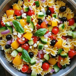 - 8 oz bow tie pasta - 1 cup cherry tomatoes, halved - 1 cup cucumbers, diced - 1/2 cup diced bell peppers (red, yellow, or orange) - 1/4 cup finely chopped red onion - 1/2 cup sliced black olives - 1/2 cup crumbled feta cheese - 1/4 cup chopped fresh basil - 1/4 cup olive oil - 2 tablespoons balsamic vinegar - 1 teaspoon garlic powder - Salt and pepper to taste - Extra fresh basil leaves - Additional feta cheese for serving This bow tie pasta salad is bright and fresh. It’s packed with colorful veggies. The main ingredients create a great mix of flavors and textures. The bow tie pasta gives it a fun shape. Cherry tomatoes add sweetness, while cucumbers bring a nice crunch. Bell peppers add color and a sweet bite. Red onion gives it a bit of zing, and black olives add depth. The feta cheese makes everything creamy and salty. Fresh basil ties it all together with a fragrant touch. This salad is not only tasty; it's also healthy. For the dressing, I use simple ingredients. Olive oil adds richness. Balsamic vinegar gives it a tangy kick. Garlic powder adds depth, while salt and pepper enhance the flavors. You can easily adjust the seasoning to your taste. Feel free to add some optional garnishes for extra flair. Fresh basil leaves can brighten up the look. A sprinkle of feta on top makes it even more appealing. This bow tie pasta salad is perfect for a picnic or a family dinner. For the full recipe, check the details above and enjoy making this delightful dish! - Bring salted water to a rolling boil. - Cook bow tie pasta according to package instructions. Start by boiling water in a large pot. Add salt to the water. This adds flavor to the pasta. Once the water bubbles, add the bow tie pasta. Follow the package instructions for the cooking time. I like to cook it until it's al dente. This means it should be firm but not hard. After cooking, drain the pasta and rinse it with cold water. This stops the cooking process and cools it down. - Combine chopped vegetables in a mixing bowl. - Gently mix to ensure an even distribution. While the pasta cools, chop your veggies. Use cherry tomatoes, cucumbers, bell peppers, red onion, and black olives. Place all the chopped vegetables in a big mixing bowl. After that, gently mix them together. This helps spread the flavors evenly. - Whisk olive oil, balsamic vinegar, garlic powder, salt, and pepper. In a small bowl, whisk together the olive oil and balsamic vinegar. Add garlic powder, salt, and pepper to taste. Mix well until everything combines smoothly. This dressing adds great flavor to the salad. - Toss cooled pasta with mixed vegetables and dressing. - Fold in crumbled feta cheese carefully. Once the pasta is cool, add it to the bowl with veggies. Drizzle the dressing over the top. Use a spatula to toss everything together. Be gentle so the pasta stays intact. After mixing, fold in the crumbled feta cheese. This adds a nice creaminess. - Cover and refrigerate for at least 30 minutes. After mixing, cover the bowl with plastic wrap or a lid. Place it in the fridge for at least 30 minutes. This chilling time helps the flavors blend together. - Present chilled salad, gently toss before serving. - Garnish with fresh basil and feta cheese. When ready to serve, take the salad out of the fridge. Give it a gentle toss to mix it again. Present it in a colorful bowl. You can garnish with more basil and feta cheese on top for a lovely look. Enjoy your fresh and flavorful bow tie pasta salad! For the complete steps, check out the Full Recipe. To cook bow tie pasta perfectly, start by boiling salted water. The salt helps flavor the pasta. Cook it until it is al dente, which means it is firm to the bite. This usually takes about 8 to 10 minutes. Be sure to stir it occasionally to prevent it from sticking. Once done, drain the pasta. Rinsing it with cold water stops the cooking process and cools it down. This step ensures your salad stays fresh. To enhance the flavor of your pasta salad, add fresh herbs like basil or parsley. These herbs brighten up the dish. You can also sprinkle in spices such as oregano or red pepper flakes for a kick. Experiment with different cheeses, too. Feta adds a salty bite, while mozzarella gives a creamy touch. Mixing in various cheeses can change the whole taste of the salad, making it more exciting. Serving your pasta salad in an appealing way makes it more inviting. Use a large, colorful bowl for a cheerful display. Garnish the top with extra basil leaves or a sprinkle of cheese for contrast. Choose a bright serving spoon to add flair. This small touch makes a big difference in how your dish looks. Remember, we eat with our eyes first! {{image_4}} You can change up the veggies in your bow tie pasta salad. Try adding seasonal favorites like zucchini or asparagus. If you prefer, throw in some spinach or arugula for a fresh twist. To make this dish heartier, consider adding protein. Grilled chicken or chickpeas work well. You can even toss in some black beans for extra fiber and taste. The dressing can make or break your salad. For a zesty kick, try a lemon vinaigrette. It's bright and refreshing! If you like creamy textures, use a yogurt-based dressing. This option gives a nice tang and pairs well with the veggies. You can mix and match to find your favorite flavor combinations. If you need a gluten-free option, swap the bow tie pasta for gluten-free pasta. Rice or quinoa can also work well. For a vegan twist, simply leave out the feta cheese or use a plant-based version. You can still enjoy all the flavors while sticking to your diet. Adapt the recipe to fit your needs and enjoy a delicious meal! For the full recipe, check out the Bow Tie Pasta Salad . Bow tie pasta salad lasts about 3 to 5 days in the fridge. To keep it fresh, store it in an airtight container. This helps prevent moisture loss and keeps flavors intact. Make sure to cover the salad tightly. If you notice any signs of spoilage, like off smells or mold, it's best to throw it away. You can freeze bow tie pasta salad, but it's not the best option. Freezing may change the texture of the pasta and veggies. If you choose to freeze it, do so before adding the dressing and cheese. This way, the pasta and veggies stay firmer. Use a freezer-safe container and label it with the date. Typically, you won't need to reheat bow tie pasta salad. It’s best served cold. However, if you prefer it warm, you can reheat it gently in a pan on low heat. Add a splash of olive oil to help with moisture. Stir frequently to avoid sticking and heat until just warm. Enjoy your salad fresh and flavorful! You can keep bow tie pasta salad in the fridge for about 3 to 5 days. Make sure to store it in an airtight container. If you see any mold or smell a sour odor, it's best to toss it out. Yes, you can add meat to your pasta salad! Grilled chicken, diced ham, or shrimp work well. These meats add flavor and protein, making the salad more satisfying. Bow tie pasta is usually not gluten-free. However, you can find gluten-free bow tie pasta made from rice or corn. These options work great for those on a gluten-free diet. To make the salad more filling, you can add protein like chickpeas or beans. You can also mix in avocado for healthy fats. Adding more veggies like spinach or kale boosts the nutrition too. This bow tie pasta salad combines fresh veggies, tasty feta, and a simple dressing. You learned how to make it step-by-step, including tips for flavor and presentation. Remember to chill the salad to enhance its taste. Feel free to customize it with your favorite vegetables or proteins. This dish is easy to store and still tastes great later. Enjoy making and sharing this healthy recipe!