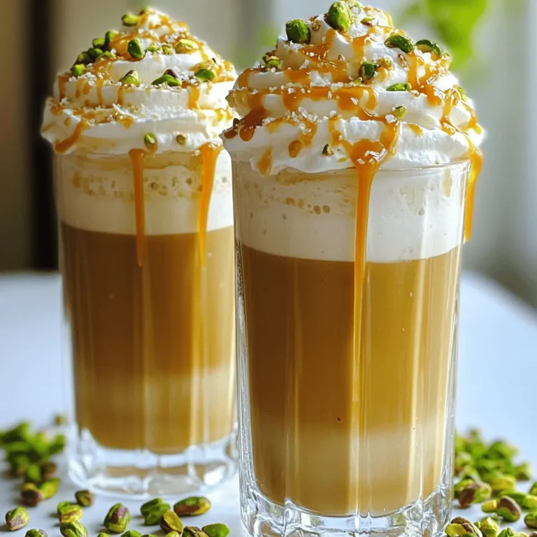To make a tasty Salted Pistachio Caramel Frappe, gather these key ingredients: - 1 cup brewed coffee, cooled to room temperature - 1 cup milk of choice (dairy, almond, or oat work well) - 1/2 cup pistachios, shelled and coarsely chopped - 1/4 cup caramel sauce (store-bought for convenience or homemade for a personal touch) - 2 tablespoons sugar (feel free to adjust based on your desired sweetness level) - 1/4 teaspoon fine sea salt (plus extra for garnish) - 1 cup ice cubes - Whipped cream (for generous topping) These ingredients blend together to create a rich and creamy drink that is hard to resist. You can add a personal touch by using these optional ingredients: - A splash of vanilla extract for added flavor - Chocolate syrup for a sweet twist - A sprinkle of cinnamon for warmth - Additional nuts like almonds or hazelnuts for texture These options let you customize the frappe to fit your taste. If you have specific dietary needs, here are some substitutions: - Use a plant-based milk like almond or coconut for dairy-free options. - Replace sugar with a natural sweetener like honey or agave syrup. - Swap pistachios with sunflower seeds for a nut-free option. These substitutions keep the frappe delicious while meeting dietary needs. For the full recipe, be sure to check out the complete instructions. To make a Salted Pistachio Caramel Frappe, start by gathering your ingredients. You will need coffee, milk, pistachios, caramel sauce, sugar, sea salt, ice, and whipped cream. 1. First, pour the cooled brewed coffee into your blender. 2. Next, add your choice of milk. The type of milk can change the flavor, so pick what you like. 3. Then, add the caramel sauce, sugar, and fine sea salt. 4. Blend these ingredients on medium speed until everything mixes well and is smooth. After blending the base mixture, it’s time to add the fun stuff! 1. Add the coarsely chopped pistachios to the blender. 2. Toss in the ice cubes. 3. Now, switch the blender to high speed. This step is key to achieving a creamy and frothy texture. Blend until it looks thick and fluffy. If you want a sweeter taste, taste the mixture, then add more sugar. Blend for a few seconds to mix it well. Pour the frappe into tall glasses until they are three-quarters full. Leave space for whipped cream! 1. Top each glass with a generous swirl of whipped cream. 2. Drizzle extra caramel sauce on the whipped cream for a sweet touch. 3. Sprinkle a pinch of sea salt on top to balance the flavors. For a fancy finish, garnish each glass with a few whole pistachios. This adds great color and texture. Enjoy your drink! If you want the full recipe, check out the Full Recipe for more details. To make your salted pistachio caramel frappe even better, try these tips: - Add more pistachios: Toss in extra nuts for a crunch. - Use flavored coffee: Vanilla or hazelnut coffee adds a nice twist. - Experiment with spices: A pinch of cinnamon or nutmeg can bring warmth. These simple changes can create a unique taste for your frappe. Here are some common mistakes when making your frappe: - Using hot coffee: Always cool your coffee first. Hot coffee can melt the ice too fast. - Skipping salt: Salt enhances sweetness. Don’t skip it for the best flavor. - Not blending long enough: Blend until frothy. A smooth texture is key. Avoiding these errors will lead to a better frappe. Homemade caramel sauce is easy and so tasty. Here’s how to make it: 1. Gather ingredients: You need sugar, water, butter, and heavy cream. 2. Heat sugar and water: In a pan, mix equal parts sugar and water. Heat on medium. 3. Watch for color: Once it turns golden, remove it from heat. 4. Add butter and cream: Stir in butter and cream until smooth. Homemade caramel can enhance the flavor of your frappe. For more details, check the Full Recipe. {{image_4}} You can switch up the nuts in the Salted Pistachio Caramel Frappe. Almonds bring a mild taste, while hazelnuts add a rich flavor. If you love cashews, they give a creamy texture. Each nut offers a unique twist, so feel free to experiment. To make the frappe dairy-free or vegan, simply use plant-based milk. Almond, oat, or coconut milk work great. For whipped cream, you can find vegan options in stores or make your own using coconut cream. Just chill a can of coconut milk and whip it! This way, you keep the creamy feel without any dairy. You can add seasonal flavors to your frappe for special occasions. In fall, try pumpkin spice syrup for a cozy vibe. For summer, blend in fresh berries for a fruity twist. You can even add a sprinkle of cinnamon or nutmeg for a warm touch during the holidays. These small changes make your frappe fun and festive. For the full recipe, check out the Salted Pistachio Caramel Frappe. To keep your Salted Pistachio Caramel Frappe fresh, store it in an airtight container. This helps prevent the frappe from absorbing any strange smells or flavors. Make sure the container is clean and dry before use. If you have extra whipped cream, store it separately in the fridge. If you want to enjoy your frappe warm, you can gently heat it. Pour it into a pot and warm it on low heat. Stir often to avoid burning. You can also use leftover frappe as a base for a milkshake or as a topping for desserts like ice cream or pancakes. Just blend it again if you want a smoother texture. Each ingredient in your frappe has a different shelf life: - Brewed coffee: 3-4 days in the fridge. - Milk: Check the expiration date on the container. - Pistachios: Store in a cool, dry place for up to 6 months. - Caramel sauce: Homemade lasts 2 weeks in the fridge; store-bought can last longer. - Sugar and salt: Indefinite shelf life if stored properly. Keeping track of these will help you enjoy your frappe longer. For the full recipe, check the earlier section. Use brewed coffee that you enjoy. I recommend medium roast for a balanced taste. Cold brew works well too. It gives a smooth flavor and less acidity. Avoid strong or bitter coffee. You want your frappe to be sweet and creamy. Yes, you can prepare it in advance. Blend all the ingredients except ice and whipped cream. Store it in the fridge. When you're ready, add ice and blend again. This way, you keep the frothy texture. Just remember, freshly made is always best! To get that great frothy texture, blend on high speed after adding ice. Make sure your ice is fresh and not too large. If it’s too thick, add a little more milk. If it’s too thin, add more ice and blend again. Absolutely! You can chop pistachios and measure out your caramel sauce ahead of time. Store them in airtight containers. Brew your coffee and let it cool in the fridge. This saves time and makes it easy to whip up your frappe. For the full recipe, check out the Salted Pistachio Caramel Frappe! This blog post covered everything about making a Salted Pistachio Caramel Frappe. We explored the key ingredients and customization options. I shared step-by-step instructions and tips for great texture and taste. You learned how to avoid common mistakes and make delicious caramel sauce. We also discussed fun variations and storage tips. Now, you can craft this tasty drink with confidence. Enjoy making and sharing your perfect frappe!