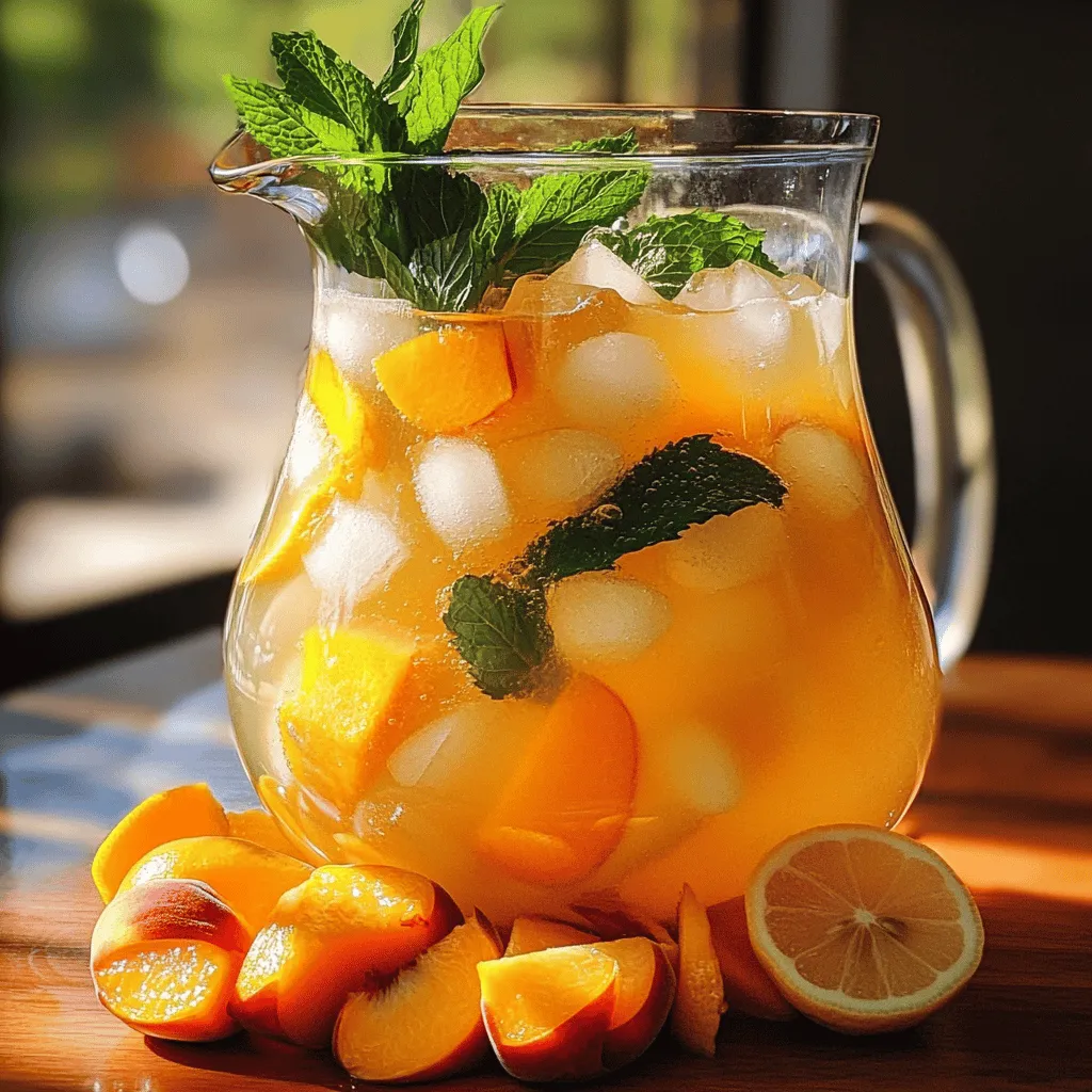 To make the perfect homemade peach lemonade, you need fresh, ripe ingredients. Here’s what you will need: - 4 ripe peaches, pitted and finely chopped - 1 cup freshly squeezed lemon juice (about 4-5 medium lemons) - 1 cup granulated sugar (adjust for desired sweetness) - 4 cups cold water - Optional: 1/2 teaspoon pure vanilla extract, fresh mint leaves, thin lemon slices, ice cubes Using fresh peaches is key. They should be soft to the touch and free from bruises. The quality of your peaches affects the drink's taste. I recommend using local peaches when they are in season for the best flavor. Freshly squeezed lemon juice adds a bright, tangy taste. It balances the sweetness of the peaches and sugar. Always use real lemons for a lively flavor; bottled juice can taste flat. Granulated sugar sweetens the drink. You can adjust the amount based on your taste. If you prefer a less sweet drink, start with less sugar and add more as needed. Cold water is essential to create a refreshing drink. It helps blend the flavors and makes the lemonade perfect for hot days. If you want to elevate the flavor, consider adding pure vanilla extract. It gives a unique twist that makes the drink more special. Fresh mint leaves and lemon slices can also serve as lovely garnishes. They add a pop of color and a wonderful aroma. With these ingredients ready, you're set to make a delightful summer drink. For the full recipe, check the earlier section. To start, grab a medium saucepan. In it, combine the finely chopped peaches, 1 cup of cold water, and granulated sugar. Place the saucepan over medium heat. Stir the mixture gently as it heats. You’ll want to simmer until the peaches soften, which takes about 10-15 minutes. This step brings out the sweet flavors of the peaches. Once the peaches are soft, remove the saucepan from heat. Let it cool for a few minutes. Now, strain the peach mixture into a large pitcher. Use a fine-mesh strainer or cheesecloth to catch any solids. Press down on the peach solids to extract maximum liquid. This step ensures your lemonade has a rich peach flavor. Next, add the freshly squeezed lemon juice to the pitcher. Pour in the remaining 3 cups of cold water. If you want, add the vanilla extract for a hint of sweetness. Stir the mixture well. Taste it, and adjust the sweetness if needed. You can add more sugar or lemon juice to get it just right. Now that the lemonade is mixed, it’s time to chill it. Place the pitcher in the refrigerator for at least 1 hour. This resting time helps the flavors blend beautifully. Chilling also makes the lemonade cool and refreshing. When you're ready to serve, grab some glasses. Fill each one with ice cubes to keep the drink cold. Pour the delicious peach lemonade over the ice. For a lovely touch, garnish each glass with fresh mint leaves and a slice of lemon. This adds color and a nice aroma to your drink. For the full recipe, check out the details above! To make your homemade peach lemonade just right, adjust the sugar. Start with one cup of sugar, as the recipe states. After mixing, taste your lemonade. If it's too sweet, add more lemon juice. If it’s not sweet enough, add a little more sugar. You can also try honey or agave syrup for a different flavor. Remember, everyone's taste is unique, so make it your own! Adding a hint of vanilla extract makes your peach lemonade special. It gives a warm, rich flavor that pairs well with peaches and lemons. Just half a teaspoon is enough. Mix it in before you chill your drink. You’ll be amazed at how this simple addition can elevate the taste. Your friends and family will love this twist! Chilling your lemonade is key to a refreshing drink. Here are some quick tips to chill without watering down your lemonade: - Use ice cubes made from lemonade: Freeze some of your lemonade in ice trays. This way, when they melt, they won’t dilute the flavor. - Chill your pitcher: Place the pitcher in the freezer for about 15 minutes before pouring in the lemonade. It cools the drink fast. - Use cold water: Start with cold water to keep the lemonade cool from the start. These tips will help keep your peach lemonade cold and refreshing without sacrificing taste. Enjoy! {{image_4}} You can make your peach lemonade even more fun by adding other fruits. Here are some great options: - Strawberries: Their sweetness pairs nicely with peaches. - Raspberries: They add a tart kick. - Blueberries: Their flavor is mild and blends well. - Pineapple: This fruit brings a tropical twist. Feel free to mix and match these fruits. They add color and flavor to your drink. You can chop them up and add them to your lemonade for a fruity surprise. If you love bubbles, try making sparkling peach lemonade. Instead of using all water, swap some with sparkling water. 1. Start with your peach lemonade base. 2. After chilling, add 2 cups of sparkling water. 3. Gently stir to keep the bubbles intact. This method gives your drink a fizzy and refreshing feel. It's perfect for parties or sunny days. For an adult version, you can add spirits to your peach lemonade. Here are some fun ideas: - Vodka: This is a great choice for a light drink. - Rum: It gives a tropical vibe. - Bourbon: This adds a rich flavor that pairs well with peaches. To make a cocktail, mix 1.5 ounces of your chosen spirit with a glass of peach lemonade. Stir gently, and enjoy your refreshing drink! Homemade peach lemonade can last in the fridge for about 5 to 7 days. Make sure to store it in an airtight pitcher. This keeps it fresh and prevents odors from other foods. Over time, the flavors may fade, so aim to drink it within the week for the best taste. If you want to save your peach lemonade for later, freezing is a great choice. Pour it into ice cube trays or freezer-safe containers. Leave some space at the top since liquids expand when frozen. Use the frozen cubes in smoothies or drinks, adding a splash of summer to your favorite recipes. When serving stored peach lemonade, give it a good stir to mix any settled ingredients. If it tastes a bit flat after storage, add a splash of fresh lemon juice or water. This can brighten the flavor and make it more refreshing. Serve it over ice and garnish with mint or lemon slices for a lovely touch. Yes, you can use frozen peaches. They work well in peach lemonade. Frozen peaches are picked at their peak ripeness and frozen quickly. This keeps their flavor and nutrients intact. When using frozen peaches, let them thaw before chopping. You can follow the same steps in the recipe. The flavor will still be sweet and delicious. Peach lemonade has many health benefits. Peaches are low in calories and high in nutrients. They provide vitamins A and C, which help keep your skin healthy. Lemons also offer vitamin C and antioxidants. This drink can hydrate you, especially in hot weather. It’s a great way to enjoy fruits while staying refreshed. To make your peach lemonade healthier, try these tips: - Use less sugar: Start with half the amount and taste. - Substitute sugar with honey or agave syrup for a natural sweetener. - Try adding more peaches: This boosts sweetness without extra sugar. - Use sparkling water instead of regular water. This adds flavor without the extra sweet taste. These changes keep your drink tasty while cutting down on sugar. Enjoy this refreshing drink guilt-free! This blog post guided you through making refreshing peach lemonade. We covered key ingredients, step-by-step instructions, and helpful tips. Sweeten it as you like and explore fun variations. You can store leftovers or freeze them for later. Peach lemonade is not just delicious; it's also a healthy drink choice. Enjoy this easy recipe and make it your own. Your summer gatherings will shine with homemade peach lemonade!