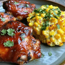 - 4 boneless, skinless chicken thighs - 1 cup chipotle BBQ sauce - 2 tablespoons olive oil - 1 teaspoon garlic powder - 1 teaspoon onion powder - Salt and freshly ground black pepper - 4 ears of fresh corn, husked - 1 cup heavy cream - 1 tablespoon unsalted butter - 1 teaspoon smoked paprika - Fresh cilantro for garnish When I make this dish, I focus on quality ingredients. For the chicken, I always choose boneless, skinless thighs. They stay moist and soak up flavors well. The chipotle BBQ sauce adds a nice kick. It brings together smoky and sweet notes that work perfectly with the chicken. For the seasoning, I use garlic powder and onion powder. They enhance the chicken's flavor without being too strong. Don’t forget salt and pepper to taste. These simple seasonings make a big difference. Now let's talk about the creamed corn. I love using fresh corn for this. It has a sweet crunch that frozen corn just can’t match. The heavy cream makes it rich and smooth. Adding smoked paprika gives it a nice depth, while cilantro adds a fresh touch. You can find the complete recipe at [Full Recipe]. Start by mixing the olive oil, garlic powder, onion powder, salt, and pepper in a bowl. This mix helps the chicken soak up all the flavors. Next, coat the chicken thighs well with the marinade. Cover the bowl and place it in the fridge. Let it marinate for at least 30 minutes. This step is key to getting juicy, tasty chicken. While the chicken marinates, preheat your grill to medium-high heat. Now, husk the corn, making sure to remove all the silk. Once the grill is hot, place the corn directly on the grates. Grill the corn for 10 to 12 minutes. Turn it every few minutes so it chars evenly. When it’s done, take the corn off the grill and set it aside to cool. After the corn cools, take your marinated chicken out of the fridge. Place the chicken on the grill and brush it with chipotle BBQ sauce. Grill each side for about 6 to 7 minutes. Keep basting with more sauce as it cooks. You want the chicken to reach an internal temperature of 165°F (75°C). This ensures it’s safe to eat and stays juicy. Now, let’s make the creamed corn. Cut the kernels off the cooled corn cobs and place them in a bowl. In a medium saucepan, melt the butter over medium heat. Add the corn kernels and sauté them for about 3 to 4 minutes. They should become tender. Pour in the heavy cream and sprinkle in the smoked paprika. Stir continuously for around 5 minutes until it thickens and gets creamy. Once the chicken is ready, let it rest for a few minutes. Then, slice it into pieces. On each plate, serve a slice of BBQ chicken next to a scoop of the creamed corn. This pairing makes for a beautiful and tasty meal. To make it look great, sprinkle chopped cilantro over the chicken and creamed corn. This adds a fresh burst of flavor and a nice pop of color to your dish. Enjoy your Chipotle BBQ Chicken with Creamed Grilled Corn feast! - Ensure uniform marination for maximum flavor. Marinate the chicken evenly. This helps every bite be tasty. - Avoid overcooking the chicken for juicy results. Use a meat thermometer to check for 165°F. - Use direct heat for chicken and corn. This gives you nice grill marks and flavor. - Rotate corn for even charring. Turn the corn every few minutes to get that perfect char. - Pair with lime wedges for added zest. The fresh lime juice brightens the dish. - Experiment with side dishes like coleslaw. Coleslaw adds crunch and balances the meal. Make sure to try the full recipe for the best results! {{image_4}} You can change some ingredients to suit your taste. - Use chicken breasts instead of thighs for a leaner option. - Substitute BBQ sauce with a homemade version for a fresh twist. Adding new flavors can make this dish even better. - Add lime juice or zest to the creamed corn for a bright taste. - Incorporate spices like cayenne or chili powder for extra heat. If you do not want to grill, there are other ways to cook. - Bake the chicken in the oven instead of grilling for a different texture. - Roast corn in the oven or on the stovetop for a quick option. Feel free to explore these variations. They can make your chipotle BBQ chicken with creamed grilled corn even more enjoyable. For the full recipe, check out the complete guide to making this flavorful dish! Store leftovers in an airtight container. This keeps the chicken and creamed corn fresh. For the best taste, eat them within 3-4 days. The flavors stay strong this way. If you want to save some for later, freeze the chicken and creamed corn separately. This helps them keep their taste and texture. When you’re ready to eat, thaw them overnight in the fridge before reheating. For a quick meal, use the microwave to reheat the chicken and corn. Just be sure to heat them until hot all the way through. If you want the best texture, reheat on the stovetop. This method warms them gently and keeps them creamy. For the full recipe, check out the detailed steps and tips provided. Marinate the chicken for at least 30 minutes. For the best taste, overnight is ideal. This extra time lets the flavors soak in. You want each bite to be packed with deliciousness. Yes, you can prepare the creamed corn and marinated chicken in advance. This saves time on busy days. Just store the chicken in the fridge and the corn in a separate container. When you're ready, cook them fresh. Great sides to serve with this dish include grilled vegetables, rice, or a fresh salad. Each option adds color and balance to your meal. Try mixing and matching to find your favorite combo. This blog shared a simple yet flavorful recipe for Chipotle BBQ Chicken and creamed corn. You learned about key ingredients, step-by-step cooking methods, and tips for perfect results. Remember to choose the chicken thighs and marinate for rich taste. Feel free to experiment with flavors and sides. Store leftovers properly to enjoy later. Your cooking journey can be fun and tasty! Enjoy making this dish and share it with family or friends.