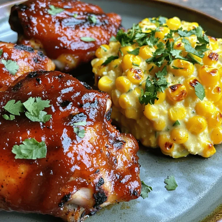 - 4 boneless, skinless chicken thighs - 1 cup chipotle BBQ sauce - 2 tablespoons olive oil - 1 teaspoon garlic powder - 1 teaspoon onion powder - Salt and freshly ground black pepper - 4 ears of fresh corn, husked - 1 cup heavy cream - 1 tablespoon unsalted butter - 1 teaspoon smoked paprika - Fresh cilantro for garnish When I make this dish, I focus on quality ingredients. For the chicken, I always choose boneless, skinless thighs. They stay moist and soak up flavors well. The chipotle BBQ sauce adds a nice kick. It brings together smoky and sweet notes that work perfectly with the chicken. For the seasoning, I use garlic powder and onion powder. They enhance the chicken's flavor without being too strong. Don’t forget salt and pepper to taste. These simple seasonings make a big difference. Now let's talk about the creamed corn. I love using fresh corn for this. It has a sweet crunch that frozen corn just can’t match. The heavy cream makes it rich and smooth. Adding smoked paprika gives it a nice depth, while cilantro adds a fresh touch. You can find the complete recipe at [Full Recipe]. Start by mixing the olive oil, garlic powder, onion powder, salt, and pepper in a bowl. This mix helps the chicken soak up all the flavors. Next, coat the chicken thighs well with the marinade. Cover the bowl and place it in the fridge. Let it marinate for at least 30 minutes. This step is key to getting juicy, tasty chicken. While the chicken marinates, preheat your grill to medium-high heat. Now, husk the corn, making sure to remove all the silk. Once the grill is hot, place the corn directly on the grates. Grill the corn for 10 to 12 minutes. Turn it every few minutes so it chars evenly. When it’s done, take the corn off the grill and set it aside to cool. After the corn cools, take your marinated chicken out of the fridge. Place the chicken on the grill and brush it with chipotle BBQ sauce. Grill each side for about 6 to 7 minutes. Keep basting with more sauce as it cooks. You want the chicken to reach an internal temperature of 165°F (75°C). This ensures it’s safe to eat and stays juicy. Now, let’s make the creamed corn. Cut the kernels off the cooled corn cobs and place them in a bowl. In a medium saucepan, melt the butter over medium heat. Add the corn kernels and sauté them for about 3 to 4 minutes. They should become tender. Pour in the heavy cream and sprinkle in the smoked paprika. Stir continuously for around 5 minutes until it thickens and gets creamy. Once the chicken is ready, let it rest for a few minutes. Then, slice it into pieces. On each plate, serve a slice of BBQ chicken next to a scoop of the creamed corn. This pairing makes for a beautiful and tasty meal. To make it look great, sprinkle chopped cilantro over the chicken and creamed corn. This adds a fresh burst of flavor and a nice pop of color to your dish. Enjoy your Chipotle BBQ Chicken with Creamed Grilled Corn feast! - Ensure uniform marination for maximum flavor. Marinate the chicken evenly. This helps every bite be tasty. - Avoid overcooking the chicken for juicy results. Use a meat thermometer to check for 165°F. - Use direct heat for chicken and corn. This gives you nice grill marks and flavor. - Rotate corn for even charring. Turn the corn every few minutes to get that perfect char. - Pair with lime wedges for added zest. The fresh lime juice brightens the dish. - Experiment with side dishes like coleslaw. Coleslaw adds crunch and balances the meal. Make sure to try the full recipe for the best results! {{image_4}} You can change some ingredients to suit your taste. - Use chicken breasts instead of thighs for a leaner option. - Substitute BBQ sauce with a homemade version for a fresh twist. Adding new flavors can make this dish even better. - Add lime juice or zest to the creamed corn for a bright taste. - Incorporate spices like cayenne or chili powder for extra heat. If you do not want to grill, there are other ways to cook. - Bake the chicken in the oven instead of grilling for a different texture. - Roast corn in the oven or on the stovetop for a quick option. Feel free to explore these variations. They can make your chipotle BBQ chicken with creamed grilled corn even more enjoyable. For the full recipe, check out the complete guide to making this flavorful dish! Store leftovers in an airtight container. This keeps the chicken and creamed corn fresh. For the best taste, eat them within 3-4 days. The flavors stay strong this way. If you want to save some for later, freeze the chicken and creamed corn separately. This helps them keep their taste and texture. When you’re ready to eat, thaw them overnight in the fridge before reheating. For a quick meal, use the microwave to reheat the chicken and corn. Just be sure to heat them until hot all the way through. If you want the best texture, reheat on the stovetop. This method warms them gently and keeps them creamy. For the full recipe, check out the detailed steps and tips provided. Marinate the chicken for at least 30 minutes. For the best taste, overnight is ideal. This extra time lets the flavors soak in. You want each bite to be packed with deliciousness. Yes, you can prepare the creamed corn and marinated chicken in advance. This saves time on busy days. Just store the chicken in the fridge and the corn in a separate container. When you're ready, cook them fresh. Great sides to serve with this dish include grilled vegetables, rice, or a fresh salad. Each option adds color and balance to your meal. Try mixing and matching to find your favorite combo. This blog shared a simple yet flavorful recipe for Chipotle BBQ Chicken and creamed corn. You learned about key ingredients, step-by-step cooking methods, and tips for perfect results. Remember to choose the chicken thighs and marinate for rich taste. Feel free to experiment with flavors and sides. Store leftovers properly to enjoy later. Your cooking journey can be fun and tasty! Enjoy making this dish and share it with family or friends.