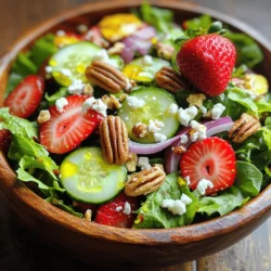 - 4 cups mixed greens - 2 cups fresh strawberries - 1 cup cucumber - 1/2 cup red onion - 1/2 cup pecans - 1/2 cup feta cheese - 1/4 cup extra virgin olive oil - 2 tablespoons apple cider vinegar - 1 tablespoon honey - Salt and freshly cracked pepper When choosing fresh produce, always look for vibrant colors. The mixed greens should feel crisp and fresh. Strawberries need to be ripe and juicy. A cucumber should be firm and free of blemishes. The red onion can add a nice sweet touch. For the crunchy elements, pecans offer a great nutty flavor. Make sure to toast them slightly for more depth. Feta cheese adds a creamy texture and a salty kick that balances the salad well. For the dressing, the olive oil provides a rich base. Apple cider vinegar adds a delightful tang. Honey sweetens the mix, and salt and pepper enhance all the flavors. You can find the full recipe to make this salad shine. First, grab a small bowl. Add the olive oil, apple cider vinegar, honey, salt, and pepper. Use a whisk to blend everything well. You want a smooth dressing. Let it sit for a few minutes. This allows the flavors to meld together nicely. Next, take a large mixing bowl. Combine the mixed greens, sliced strawberries, cucumber, and red onion. Toss them gently. Be careful not to bruise the strawberries. You want them to stay fresh and pretty. Now it's time to dress the salad. Drizzle your prepared dressing over the salad mix. With a gentle touch, toss everything together. Make sure all the ingredients are coated evenly. This step is key for flavor. Once the salad is dressed, sprinkle the toasted pecans and crumbled feta cheese on top. These toppings add a wonderful crunch and creaminess. They make the salad even more delicious. For the last step, lightly toss the salad one more time. This helps mix in the toppings without breaking the cheese. You can serve it right away for the best taste. If you prefer, refrigerate it for 30 minutes. This allows the flavors to deepen. Follow the [Full Recipe] for detailed steps and tips. For a lovely look, serve your salad in a wooden bowl. This adds a nice rustic feel. If you want something fancy, use glass bowls. You can see the colors pop! Top each bowl with a whole strawberry and a sprinkle of feta. This makes each serving look special. This salad pairs great with grilled proteins like chicken or shrimp. It also works well as a light lunch. You can serve it as a side dish at dinner. The fresh flavors make it a hit at any meal. To elevate the taste, try adding fresh herbs like basil or mint. These can give your salad a fresh twist. You can also mix in spices like black pepper or even a pinch of cayenne for heat. If you want to change the dressing, consider using balsamic vinegar or a yogurt-based dressing. These options can give new life to your salad. For the full recipe, check out the details above! {{image_4}} You can switch out strawberries for other fresh berries like blueberries or raspberries. These fruits add new flavors and colors. Try adding peaches in summer or apples in fall. You can also mix in seasonal greens. Arugula in spring and kale in winter work well, too. This keeps your salad fresh and exciting. If you need a gluten-free salad, rest easy. All the ingredients in this salad are gluten-free. Just check the croutons if you add them. For those who want a vegan option, swap feta cheese with a vegan cheese alternative. You can also use tahini or avocado for creaminess. This way, everyone can enjoy your salad. To change the crunch factor, try different nuts or seeds. Almonds, walnuts, or sunflower seeds add great taste and texture. You can also use croutons for a delightful crunch. They add a different texture that makes the salad even more enjoyable. Experiment with these options to find your favorite mix! To keep your Strawberry Crunch Salad fresh, store it in an airtight container. This helps prevent moisture loss and keeps the flavors intact. I recommend refrigerating the salad for up to three days. After that, the salad may lose its crispness. Can you freeze salad? Generally, I advise against it. Freezing can make the greens soggy and unappealing. If you want to freeze components, do it separately. You can freeze the pecans and feta cheese. Just let them cool completely before sealing in a freezer bag. If your salad becomes soggy, don't worry! You can refresh it easily. Rinse the greens under cold water and pat them dry. This will help restore their crunch. Another fun idea is to repurpose leftovers. Blend them into a smoothie or toss them into a wrap for a tasty meal. You can get creative! You can keep this salad in the fridge for about 2 days. After that, it may not taste fresh. Watch for signs of spoilage. If the greens turn brown or mushy, it's time to toss it. The strawberries may also get soggy. Always check for any off smells or slimy textures. Yes, you can prep some parts ahead. Chop the veggies and slice the strawberries a few hours before serving. Store them separately in the fridge. Mix the dressing in advance too. Just wait to combine everything until you are ready to eat. This keeps the salad crisp and tasty. This salad is packed with fresh produce. Mixed greens offer vitamins A and C. Strawberries are full of antioxidants and fiber. Cucumbers add hydration and crunch. Pecans bring healthy fats, while feta gives protein. Overall, this salad is a great choice for a light, balanced meal. Absolutely! You can use maple syrup as a sweetener. Agave nectar is another good option. If you want a sugar-free choice, try using a mashed banana. It will give a different flavor but still taste great in the dressing. If you need a nut-free option, try sunflower seeds. They add a nice crunch without nuts. You could also use walnuts or almonds for a similar texture. Each will give a unique flavor twist to your salad. This blog post shared a fresh and tasty Strawberry Crunch Salad recipe. We covered ingredients, step-by-step instructions, and useful tips for serving. You can customize this salad for each season, ensuring variety. Proper storage and ways to refresh leftovers were also discussed. In conclusion, this salad is easy to make and packed with flavor. It's perfect for lunch or a side dish. Enjoy this healthy option today, and get creative with your ingredients!